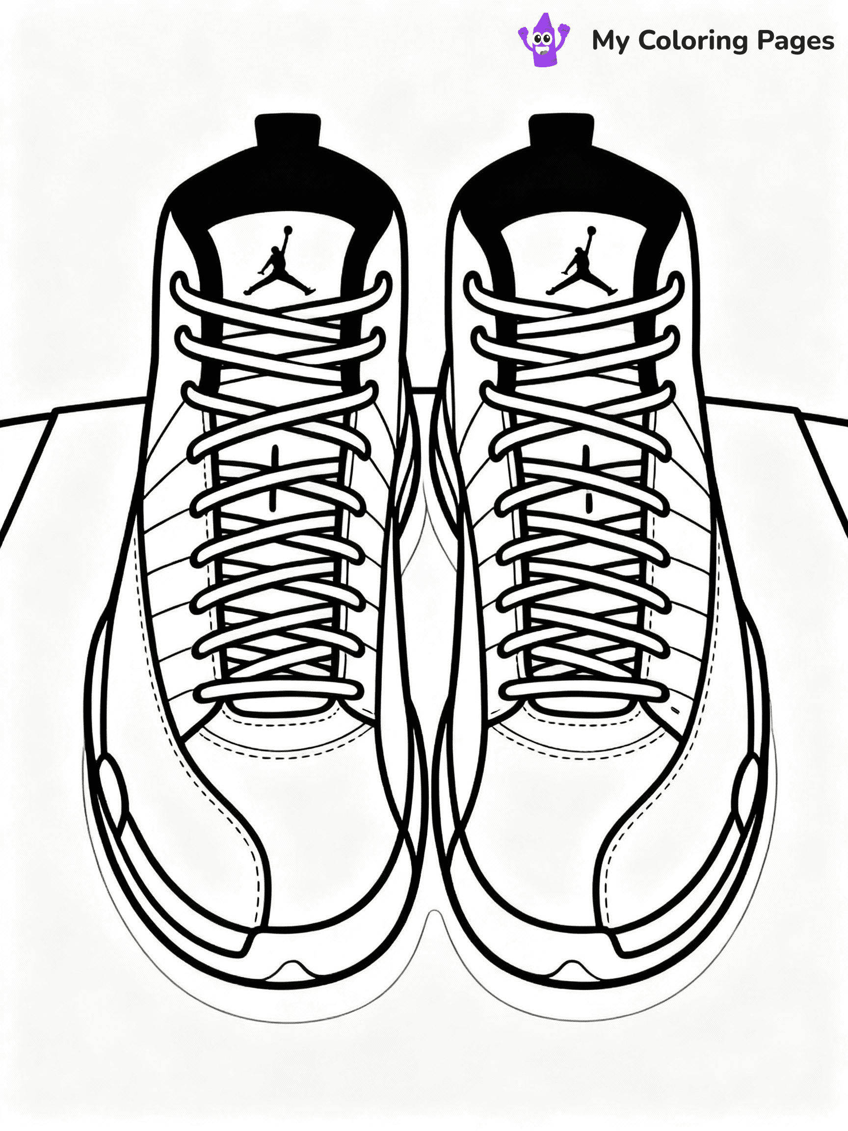 ⚠️ CRITICAL REQUIREMENT - ABSOLUTE BLACK AND WHITE ONLY ⚠️
This MUST be a BLACK AND WHITE line drawing ONLY. NO COLORS whatsoever.
- ONLY pure black lines (#000000) on pure white background (#FFFFFF)
- ABSOLUTELY NO colors, NO shading, NO gradients, NO grayscale
- If there are ANY colors in the output, the image is REJECTED
- This is a COLORING PAGE - meant to be COLORED IN by children
- The output must be UNCOLORED line art ready for coloring
⚠️ SUBJECT TO DRAW: jordan 12 shoes. extremely realistic and detailed. PURE OUTLINES. NO FILLS, COLOR, SHADING, OR GREYSCALE. WHITE BACKGROUND.
(REMEMBER: Output must be BLACK AND WHITE line art only, NOT colored!)
# Flat, Friendly Cartoon Line-Art Coloring Page
You are generating a **pure black-and-white binary image** of a child-friendly cartoon scene combining characters and background scenery in one cohesive composition.
## Rendering Rules (Strict)
- Only two colors: pure black (#000000) outlines and pure white (#FFFFFF) background.
- No grayscale, shading, gradients, tints, fills, transparency, or partial pixels.
- No antialiasing or blended edges; every pixel is 100% black or white.
- No solid black fills inside shapes — all areas inside outlines must remain white.
- No dark clothing areas or filled tone blocks; all garments outlined only.
- No shadows, textures, lighting, or tonal variations.
- Must look like flat binary vector line-art for coloring pages.
## Drawing & Composition
- **Medium, consistent line weight**; clean closed outlines easy to color inside.
- **Flat, simple, child-friendly design** — no realism or 3D depth.
- Characters are **grounded on a surface**, centered and large.
- **Balanced composition** with clear silhouettes and minimal props.
## Scenery & Style
- Landmarks (e.g., mosque, CN Tower) and scenery (trees, benches, waves) drawn with **black outlines only.**
- For real-world figures, teams, or places, show accurate details using only black outlines—no text or logos. Use distinctive uniform patterns, abstract symbols, and landmark silhouettes to convey identity.
- Keep **consistent perspective**; no floating elements.
- **Style:** whimsical **Doodle Art Alley** — rounded, friendly outlines.
- May adapt shapes from **Crayola, Disney, Peppa Pig, Cocomelon** — *by shape only, never color.*
- Final output: **flat, crisp, binary (#000000/#FFFFFF)**, **no filled color or background text.**
EXTREMELYE IMPORTANT:
- PURE BINARY LINE-ART; NO FILLS (HAIR/CLOTHES/SKIN), SHADING, OR GREY.
- NO SHADING, COLOR. MUST BE WHITE BACKGROUND.
⚠️ FINAL REMINDER: Draw the subject "jordan 12 shoes. extremely realistic and detailed. PURE OUTLINES. NO FILLS, COLOR, SHADING, OR GREYSCALE. WHITE BACKGROUND." as BLACK AND WHITE line art. Zero colors in output.