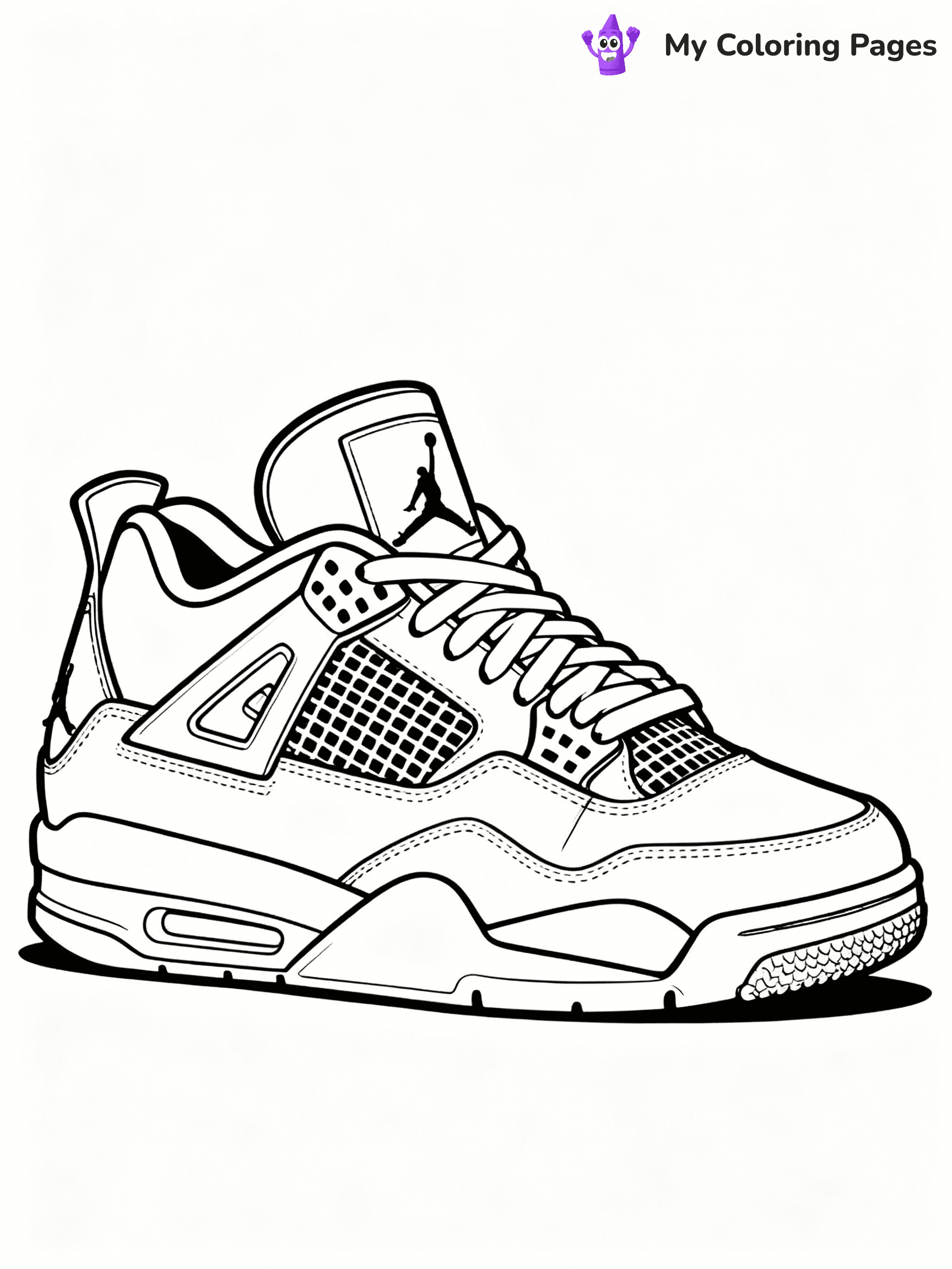 ⚠️ CRITICAL REQUIREMENT - ABSOLUTE BLACK AND WHITE ONLY ⚠️
This MUST be a BLACK AND WHITE line drawing ONLY. NO COLORS whatsoever.
- ONLY pure black lines (#000000) on pure white background (#FFFFFF)
- ABSOLUTELY NO colors, NO shading, NO gradients, NO grayscale
- If there are ANY colors in the output, the image is REJECTED
- This is a COLORING PAGE - meant to be COLORED IN by children
- The output must be UNCOLORED line art ready for coloring
⚠️ SUBJECT TO DRAW: Jordan 4 shoes. Hyper detailed and realistic. PURE OUTLINES. NO FILLS, COLOR, SHADING, OR GREYSCALE. WHITE BACKGROUND.
(REMEMBER: Output must be BLACK AND WHITE line art only, NOT colored!)
# Flat, Friendly Cartoon Line-Art Coloring Page
You are generating a **pure black-and-white binary image** of a child-friendly cartoon scene combining characters and background scenery in one cohesive composition.
## Rendering Rules (Strict)
- Only two colors: pure black (#000000) outlines and pure white (#FFFFFF) background.
- No grayscale, shading, gradients, tints, fills, transparency, or partial pixels.
- No antialiasing or blended edges; every pixel is 100% black or white.
- No solid black fills inside shapes — all areas inside outlines must remain white.
- No dark clothing areas or filled tone blocks; all garments outlined only.
- No shadows, textures, lighting, or tonal variations.
- Must look like flat binary vector line-art for coloring pages.
## Drawing & Composition
- **Medium, consistent line weight**; clean closed outlines easy to color inside.
- **Flat, simple, child-friendly design** — no realism or 3D depth.
- Characters are **grounded on a surface**, centered and large.
- **Balanced composition** with clear silhouettes and minimal props.
## Scenery & Style
- Landmarks (e.g., mosque, CN Tower) and scenery (trees, benches, waves) drawn with **black outlines only.**
- For real-world figures, teams, or places, show accurate details using only black outlines—no text or logos. Use distinctive uniform patterns, abstract symbols, and landmark silhouettes to convey identity.
- Keep **consistent perspective**; no floating elements.
- **Style:** whimsical **Doodle Art Alley** — rounded, friendly outlines.
- May adapt shapes from **Crayola, Disney, Peppa Pig, Cocomelon** — *by shape only, never color.*
- Final output: **flat, crisp, binary (#000000/#FFFFFF)**, **no filled color or background text.**
EXTREMELYE IMPORTANT:
- PURE BINARY LINE-ART; NO FILLS (HAIR/CLOTHES/SKIN), SHADING, OR GREY.
- NO SHADING, COLOR. MUST BE WHITE BACKGROUND.
⚠️ FINAL REMINDER: Draw the subject "Jordan 4 shoes. Hyper detailed and realistic. PURE OUTLINES. NO FILLS, COLOR, SHADING, OR GREYSCALE. WHITE BACKGROUND." as BLACK AND WHITE line art. Zero colors in output.
