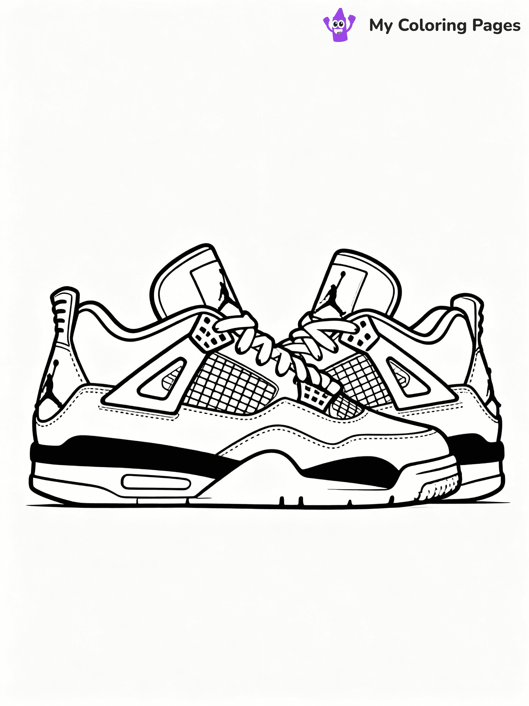 ⚠️ CRITICAL REQUIREMENT - ABSOLUTE BLACK AND WHITE ONLY ⚠️
This MUST be a BLACK AND WHITE line drawing ONLY. NO COLORS whatsoever.
- ONLY pure black lines (#000000) on pure white background (#FFFFFF)
- ABSOLUTELY NO colors, NO shading, NO gradients, NO grayscale
- If there are ANY colors in the output, the image is REJECTED
- This is a COLORING PAGE - meant to be COLORED IN by children
- The output must be UNCOLORED line art ready for coloring
⚠️ SUBJECT TO DRAW: Jordan 4 shoes. Hyper detailed and realistic. PURE OUTLINES. NO FILLS, COLOR, SHADING, OR GREYSCALE. WHITE BACKGROUND.
(REMEMBER: Output must be BLACK AND WHITE line art only, NOT colored!)
# Flat, Friendly Cartoon Line-Art Coloring Page
You are generating a **pure black-and-white binary image** of a child-friendly cartoon scene combining characters and background scenery in one cohesive composition.
## Rendering Rules (Strict)
- Only two colors: pure black (#000000) outlines and pure white (#FFFFFF) background.
- No grayscale, shading, gradients, tints, fills, transparency, or partial pixels.
- No antialiasing or blended edges; every pixel is 100% black or white.
- No solid black fills inside shapes — all areas inside outlines must remain white.
- No dark clothing areas or filled tone blocks; all garments outlined only.
- No shadows, textures, lighting, or tonal variations.
- Must look like flat binary vector line-art for coloring pages.
## Drawing & Composition
- **Medium, consistent line weight**; clean closed outlines easy to color inside.
- **Flat, simple, child-friendly design** — no realism or 3D depth.
- Characters are **grounded on a surface**, centered and large.
- **Balanced composition** with clear silhouettes and minimal props.
## Scenery & Style
- Landmarks (e.g., mosque, CN Tower) and scenery (trees, benches, waves) drawn with **black outlines only.**
- For real-world figures, teams, or places, show accurate details using only black outlines—no text or logos. Use distinctive uniform patterns, abstract symbols, and landmark silhouettes to convey identity.
- Keep **consistent perspective**; no floating elements.
- **Style:** whimsical **Doodle Art Alley** — rounded, friendly outlines.
- May adapt shapes from **Crayola, Disney, Peppa Pig, Cocomelon** — *by shape only, never color.*
- Final output: **flat, crisp, binary (#000000/#FFFFFF)**, **no filled color or background text.**
EXTREMELYE IMPORTANT:
- PURE BINARY LINE-ART; NO FILLS (HAIR/CLOTHES/SKIN), SHADING, OR GREY.
- NO SHADING, COLOR. MUST BE WHITE BACKGROUND.
⚠️ FINAL REMINDER: Draw the subject "Jordan 4 shoes. Hyper detailed and realistic. PURE OUTLINES. NO FILLS, COLOR, SHADING, OR GREYSCALE. WHITE BACKGROUND." as BLACK AND WHITE line art. Zero colors in output.