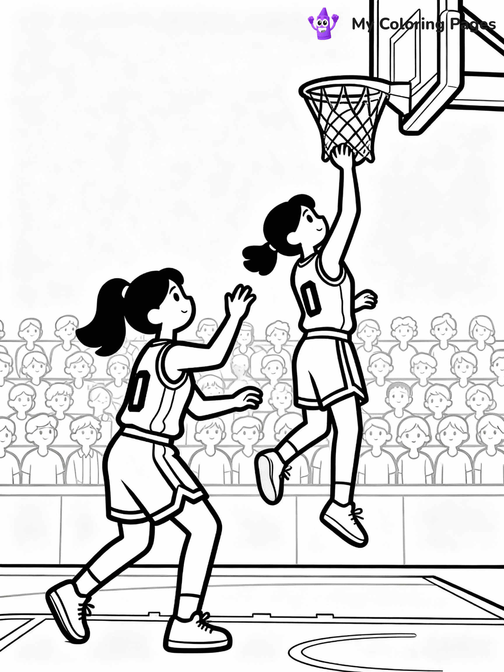 ⚠️ CRITICAL REQUIREMENT - ABSOLUTE BLACK AND WHITE ONLY ⚠️
This MUST be a BLACK AND WHITE line drawing ONLY. NO COLORS whatsoever.
- ONLY pure black lines (#000000) on pure white background (#FFFFFF)
- ABSOLUTELY NO colors, NO shading, NO gradients, NO grayscale
- If there are ANY colors in the output, the image is REJECTED
- This is a COLORING PAGE - meant to be COLORED IN by children
- The output must be UNCOLORED line art ready for coloring
⚠️ SUBJECT TO DRAW: Female basketball player dunking on another female basketball player in a playoffs game. Hyper detailed and realistic with fans in the background. PURE OUTLINES. NO FILLS, COLOR, SHADING, OR GREYSCALE. WHITE BACKGROUND.
(REMEMBER: Output must be BLACK AND WHITE line art only, NOT colored!)
# Flat, Friendly Cartoon Line-Art Coloring Page
You are generating a **pure black-and-white binary image** of a child-friendly cartoon scene combining characters and background scenery in one cohesive composition.
## Rendering Rules (Strict)
- Only two colors: pure black (#000000) outlines and pure white (#FFFFFF) background.
- No grayscale, shading, gradients, tints, fills, transparency, or partial pixels.
- No antialiasing or blended edges; every pixel is 100% black or white.
- No solid black fills inside shapes — all areas inside outlines must remain white.
- No dark clothing areas or filled tone blocks; all garments outlined only.
- No shadows, textures, lighting, or tonal variations.
- Must look like flat binary vector line-art for coloring pages.
## Drawing & Composition
- **Medium, consistent line weight**; clean closed outlines easy to color inside.
- **Flat, simple, child-friendly design** — no realism or 3D depth.
- Characters are **grounded on a surface**, centered and large.
- **Balanced composition** with clear silhouettes and minimal props.
## Scenery & Style
- Landmarks (e.g., mosque, CN Tower) and scenery (trees, benches, waves) drawn with **black outlines only.**
- For real-world figures, teams, or places, show accurate details using only black outlines—no text or logos. Use distinctive uniform patterns, abstract symbols, and landmark silhouettes to convey identity.
- Keep **consistent perspective**; no floating elements.
- **Style:** whimsical **Doodle Art Alley** — rounded, friendly outlines.
- May adapt shapes from **Crayola, Disney, Peppa Pig, Cocomelon** — *by shape only, never color.*
- Final output: **flat, crisp, binary (#000000/#FFFFFF)**, **no filled color or background text.**
EXTREMELYE IMPORTANT:
- PURE BINARY LINE-ART; NO FILLS (HAIR/CLOTHES/SKIN), SHADING, OR GREY.
- NO SHADING, COLOR. MUST BE WHITE BACKGROUND.
⚠️ FINAL REMINDER: Draw the subject "Female basketball player dunking on another female basketball player in a playoffs game. Hyper detailed and realistic with fans in the background. PURE OUTLINES. NO FILLS, COLOR, SHADING, OR GREYSCALE. WHITE BACKGROUND." as BLACK AND WHITE line art. Zero colors in output.