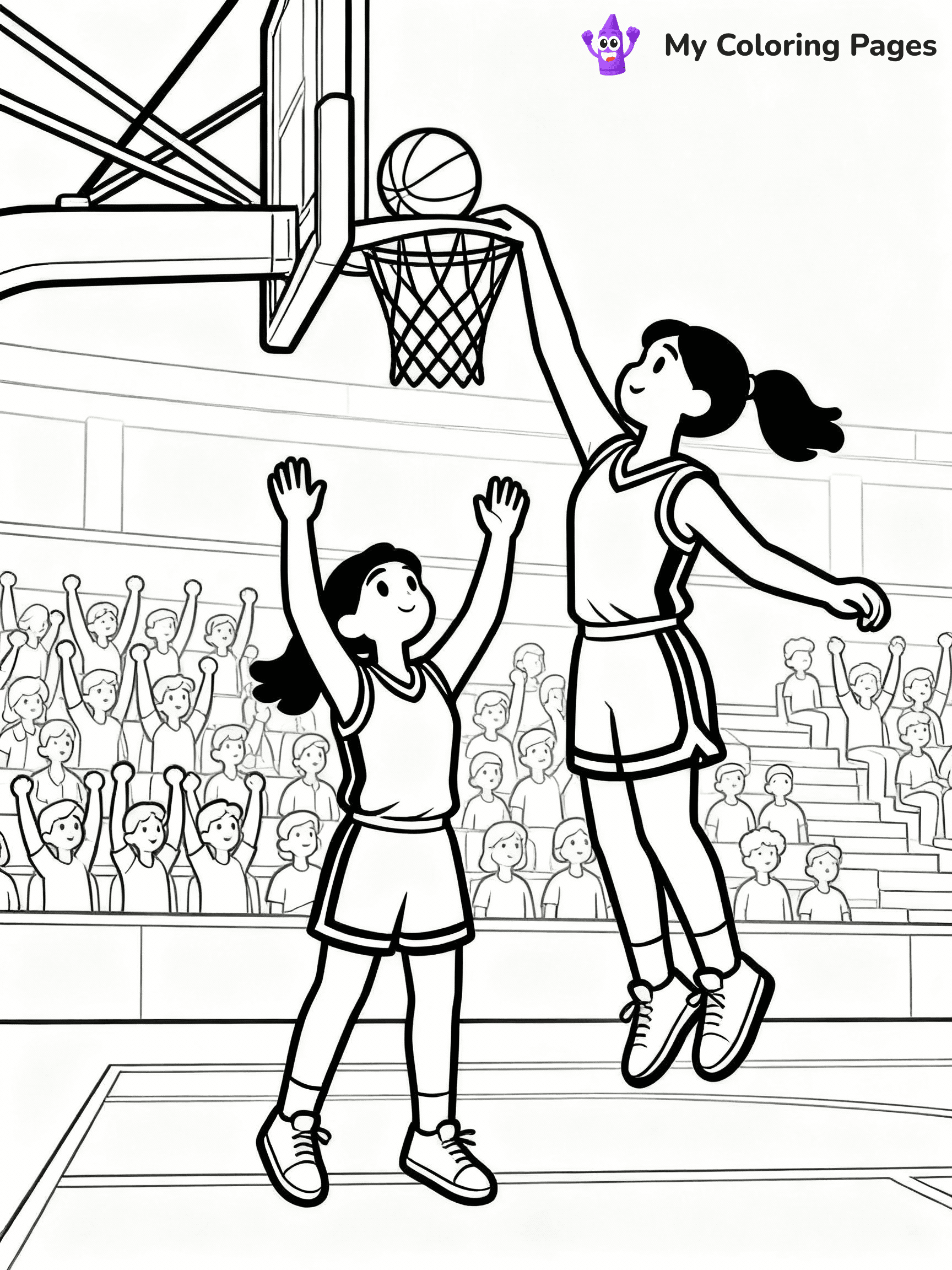 ⚠️ CRITICAL REQUIREMENT - ABSOLUTE BLACK AND WHITE ONLY ⚠️
This MUST be a BLACK AND WHITE line drawing ONLY. NO COLORS whatsoever.
- ONLY pure black lines (#000000) on pure white background (#FFFFFF)
- ABSOLUTELY NO colors, NO shading, NO gradients, NO grayscale
- If there are ANY colors in the output, the image is REJECTED
- This is a COLORING PAGE - meant to be COLORED IN by children
- The output must be UNCOLORED line art ready for coloring
⚠️ SUBJECT TO DRAW: Female basketball player dunking on another female basketball player in a playoffs game. Hyper detailed and realistic with fans in the background. PURE OUTLINES. NO FILLS, COLOR, SHADING, OR GREYSCALE. WHITE BACKGROUND.
(REMEMBER: Output must be BLACK AND WHITE line art only, NOT colored!)
# Flat, Friendly Cartoon Line-Art Coloring Page
You are generating a **pure black-and-white binary image** of a child-friendly cartoon scene combining characters and background scenery in one cohesive composition.
## Rendering Rules (Strict)
- Only two colors: pure black (#000000) outlines and pure white (#FFFFFF) background.
- No grayscale, shading, gradients, tints, fills, transparency, or partial pixels.
- No antialiasing or blended edges; every pixel is 100% black or white.
- No solid black fills inside shapes — all areas inside outlines must remain white.
- No dark clothing areas or filled tone blocks; all garments outlined only.
- No shadows, textures, lighting, or tonal variations.
- Must look like flat binary vector line-art for coloring pages.
## Drawing & Composition
- **Medium, consistent line weight**; clean closed outlines easy to color inside.
- **Flat, simple, child-friendly design** — no realism or 3D depth.
- Characters are **grounded on a surface**, centered and large.
- **Balanced composition** with clear silhouettes and minimal props.
## Scenery & Style
- Landmarks (e.g., mosque, CN Tower) and scenery (trees, benches, waves) drawn with **black outlines only.**
- For real-world figures, teams, or places, show accurate details using only black outlines—no text or logos. Use distinctive uniform patterns, abstract symbols, and landmark silhouettes to convey identity.
- Keep **consistent perspective**; no floating elements.
- **Style:** whimsical **Doodle Art Alley** — rounded, friendly outlines.
- May adapt shapes from **Crayola, Disney, Peppa Pig, Cocomelon** — *by shape only, never color.*
- Final output: **flat, crisp, binary (#000000/#FFFFFF)**, **no filled color or background text.**
EXTREMELYE IMPORTANT:
- PURE BINARY LINE-ART; NO FILLS (HAIR/CLOTHES/SKIN), SHADING, OR GREY.
- NO SHADING, COLOR. MUST BE WHITE BACKGROUND.
⚠️ FINAL REMINDER: Draw the subject "Female basketball player dunking on another female basketball player in a playoffs game. Hyper detailed and realistic with fans in the background. PURE OUTLINES. NO FILLS, COLOR, SHADING, OR GREYSCALE. WHITE BACKGROUND." as BLACK AND WHITE line art. Zero colors in output.