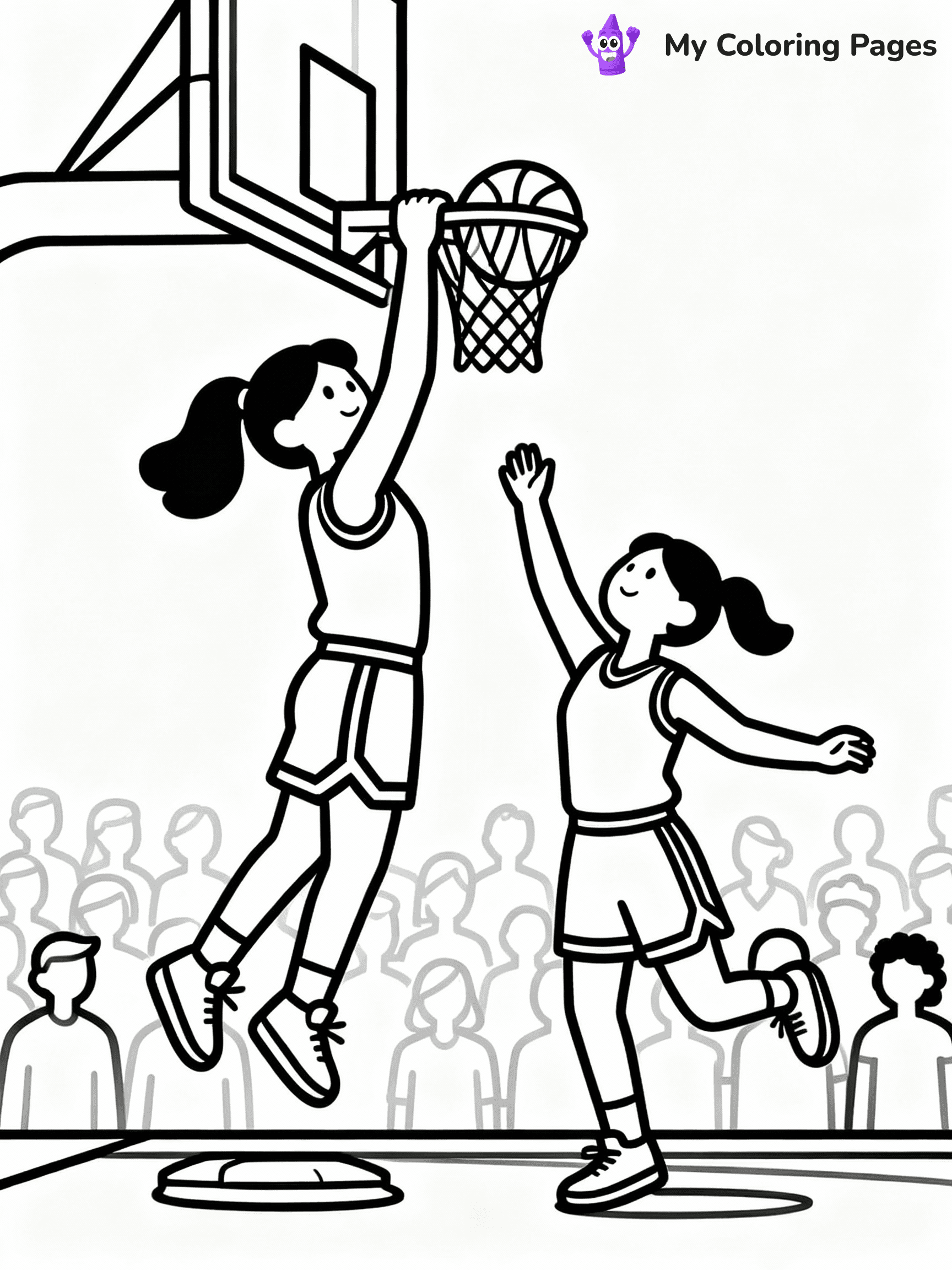 ⚠️ CRITICAL REQUIREMENT - ABSOLUTE BLACK AND WHITE ONLY ⚠️
This MUST be a BLACK AND WHITE line drawing ONLY. NO COLORS whatsoever.
- ONLY pure black lines (#000000) on pure white background (#FFFFFF)
- ABSOLUTELY NO colors, NO shading, NO gradients, NO grayscale
- If there are ANY colors in the output, the image is REJECTED
- This is a COLORING PAGE - meant to be COLORED IN by children
- The output must be UNCOLORED line art ready for coloring
⚠️ SUBJECT TO DRAW: Female basketball player dunking on another female basketball player in a playoffs game. Hyper detailed and realistic with fans in the background. PURE OUTLINES. NO FILLS, COLOR, SHADING, OR GREYSCALE. WHITE BACKGROUND.
(REMEMBER: Output must be BLACK AND WHITE line art only, NOT colored!)
# Flat, Friendly Cartoon Line-Art Coloring Page
You are generating a **pure black-and-white binary image** of a child-friendly cartoon scene combining characters and background scenery in one cohesive composition.
## Rendering Rules (Strict)
- Only two colors: pure black (#000000) outlines and pure white (#FFFFFF) background.
- No grayscale, shading, gradients, tints, fills, transparency, or partial pixels.
- No antialiasing or blended edges; every pixel is 100% black or white.
- No solid black fills inside shapes — all areas inside outlines must remain white.
- No dark clothing areas or filled tone blocks; all garments outlined only.
- No shadows, textures, lighting, or tonal variations.
- Must look like flat binary vector line-art for coloring pages.
## Drawing & Composition
- **Medium, consistent line weight**; clean closed outlines easy to color inside.
- **Flat, simple, child-friendly design** — no realism or 3D depth.
- Characters are **grounded on a surface**, centered and large.
- **Balanced composition** with clear silhouettes and minimal props.
## Scenery & Style
- Landmarks (e.g., mosque, CN Tower) and scenery (trees, benches, waves) drawn with **black outlines only.**
- For real-world figures, teams, or places, show accurate details using only black outlines—no text or logos. Use distinctive uniform patterns, abstract symbols, and landmark silhouettes to convey identity.
- Keep **consistent perspective**; no floating elements.
- **Style:** whimsical **Doodle Art Alley** — rounded, friendly outlines.
- May adapt shapes from **Crayola, Disney, Peppa Pig, Cocomelon** — *by shape only, never color.*
- Final output: **flat, crisp, binary (#000000/#FFFFFF)**, **no filled color or background text.**
EXTREMELYE IMPORTANT:
- PURE BINARY LINE-ART; NO FILLS (HAIR/CLOTHES/SKIN), SHADING, OR GREY.
- NO SHADING, COLOR. MUST BE WHITE BACKGROUND.
⚠️ FINAL REMINDER: Draw the subject "Female basketball player dunking on another female basketball player in a playoffs game. Hyper detailed and realistic with fans in the background. PURE OUTLINES. NO FILLS, COLOR, SHADING, OR GREYSCALE. WHITE BACKGROUND." as BLACK AND WHITE line art. Zero colors in output.