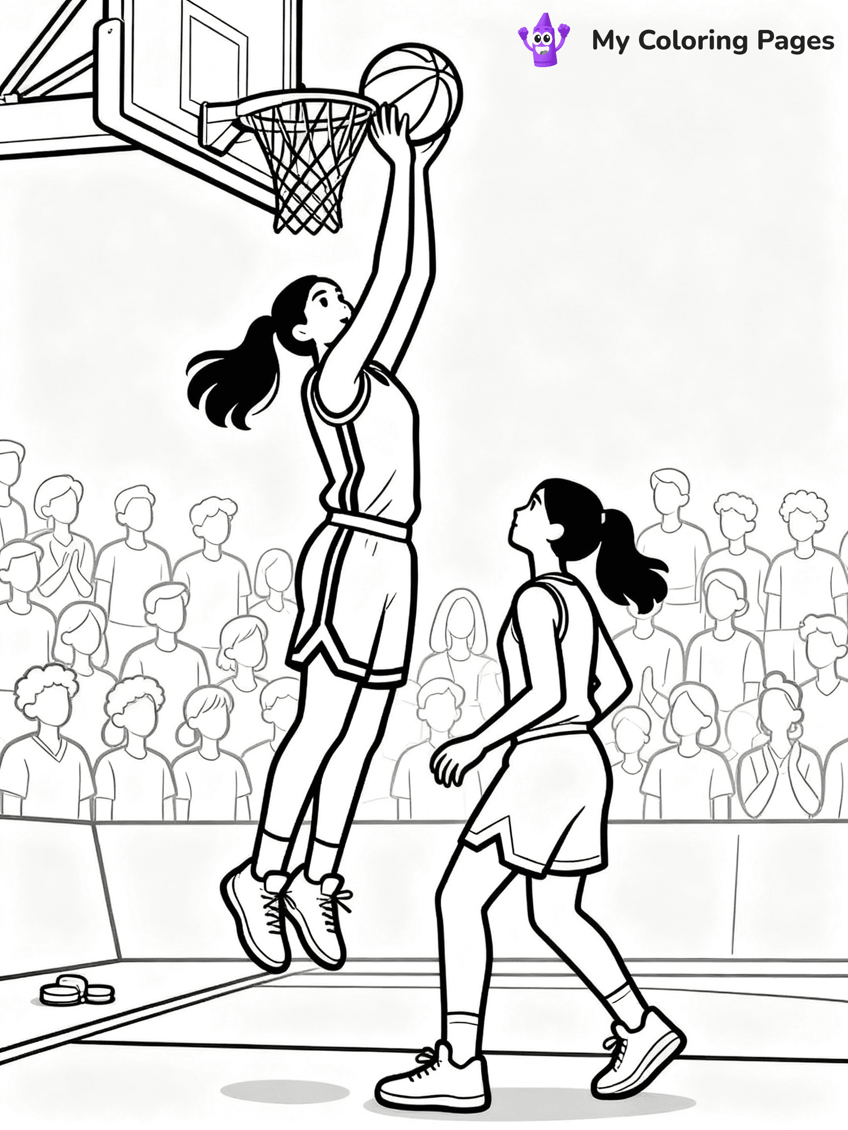 ⚠️ CRITICAL REQUIREMENT - ABSOLUTE BLACK AND WHITE ONLY ⚠️
This MUST be a BLACK AND WHITE line drawing ONLY. NO COLORS whatsoever.
- ONLY pure black lines (#000000) on pure white background (#FFFFFF)
- ABSOLUTELY NO colors, NO shading, NO gradients, NO grayscale
- If there are ANY colors in the output, the image is REJECTED
- This is a COLORING PAGE - meant to be COLORED IN by children
- The output must be UNCOLORED line art ready for coloring
⚠️ SUBJECT TO DRAW: Female basketball player dunking on another female basketball player in a playoffs game. Hyper detailed and realistic with fans in the background. PURE OUTLINES. NO FILLS, COLOR, SHADING, OR GREYSCALE. WHITE BACKGROUND.
(REMEMBER: Output must be BLACK AND WHITE line art only, NOT colored!)
# Flat, Friendly Cartoon Line-Art Coloring Page
You are generating a **pure black-and-white binary image** of a child-friendly cartoon scene combining characters and background scenery in one cohesive composition.
## Rendering Rules (Strict)
- Only two colors: pure black (#000000) outlines and pure white (#FFFFFF) background.
- No grayscale, shading, gradients, tints, fills, transparency, or partial pixels.
- No antialiasing or blended edges; every pixel is 100% black or white.
- No solid black fills inside shapes — all areas inside outlines must remain white.
- No dark clothing areas or filled tone blocks; all garments outlined only.
- No shadows, textures, lighting, or tonal variations.
- Must look like flat binary vector line-art for coloring pages.
## Drawing & Composition
- **Medium, consistent line weight**; clean closed outlines easy to color inside.
- **Flat, simple, child-friendly design** — no realism or 3D depth.
- Characters are **grounded on a surface**, centered and large.
- **Balanced composition** with clear silhouettes and minimal props.
## Scenery & Style
- Landmarks (e.g., mosque, CN Tower) and scenery (trees, benches, waves) drawn with **black outlines only.**
- For real-world figures, teams, or places, show accurate details using only black outlines—no text or logos. Use distinctive uniform patterns, abstract symbols, and landmark silhouettes to convey identity.
- Keep **consistent perspective**; no floating elements.
- **Style:** whimsical **Doodle Art Alley** — rounded, friendly outlines.
- May adapt shapes from **Crayola, Disney, Peppa Pig, Cocomelon** — *by shape only, never color.*
- Final output: **flat, crisp, binary (#000000/#FFFFFF)**, **no filled color or background text.**
EXTREMELYE IMPORTANT:
- PURE BINARY LINE-ART; NO FILLS (HAIR/CLOTHES/SKIN), SHADING, OR GREY.
- NO SHADING, COLOR. MUST BE WHITE BACKGROUND.
⚠️ FINAL REMINDER: Draw the subject "Female basketball player dunking on another female basketball player in a playoffs game. Hyper detailed and realistic with fans in the background. PURE OUTLINES. NO FILLS, COLOR, SHADING, OR GREYSCALE. WHITE BACKGROUND." as BLACK AND WHITE line art. Zero colors in output.