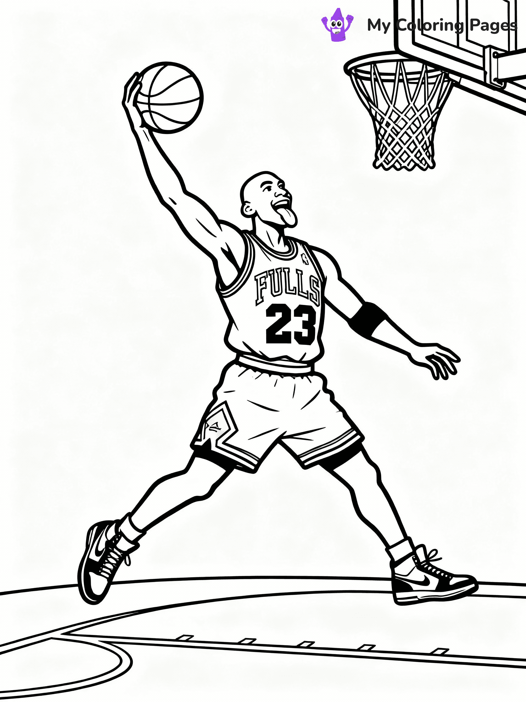 ⚠️ CRITICAL REQUIREMENT - ABSOLUTE BLACK AND WHITE ONLY ⚠️
This MUST be a BLACK AND WHITE line drawing ONLY. NO COLORS whatsoever.
- ONLY pure black lines (#000000) on pure white background (#FFFFFF)
- ABSOLUTELY NO colors, NO shading, NO gradients, NO grayscale
- If there are ANY colors in the output, the image is REJECTED
- This is a COLORING PAGE - meant to be COLORED IN by children
- The output must be UNCOLORED line art ready for coloring
⚠️ SUBJECT TO DRAW: Michael jordan wearing his flu game jordans and making his notorious jordan dunk with his tongue out, his dunking hand in front of him, and his legs spread apart in the air jumping from the free throw line to the net. PURE OUTLINES. NO FILLS, COLOR, SHADING, OR GREYSCALE. WHITE BACKGROUND.
(REMEMBER: Output must be BLACK AND WHITE line art only, NOT colored!)
# Flat, Friendly Cartoon Line-Art Coloring Page
You are generating a **pure black-and-white binary image** of a child-friendly cartoon scene combining characters and background scenery in one cohesive composition.
## Rendering Rules (Strict)
- Only two colors: pure black (#000000) outlines and pure white (#FFFFFF) background.
- No grayscale, shading, gradients, tints, fills, transparency, or partial pixels.
- No antialiasing or blended edges; every pixel is 100% black or white.
- No solid black fills inside shapes — all areas inside outlines must remain white.
- No dark clothing areas or filled tone blocks; all garments outlined only.
- No shadows, textures, lighting, or tonal variations.
- Must look like flat binary vector line-art for coloring pages.
## Drawing & Composition
- **Medium, consistent line weight**; clean closed outlines easy to color inside.
- **Flat, simple, child-friendly design** — no realism or 3D depth.
- Characters are **grounded on a surface**, centered and large.
- **Balanced composition** with clear silhouettes and minimal props.
## Scenery & Style
- Landmarks (e.g., mosque, CN Tower) and scenery (trees, benches, waves) drawn with **black outlines only.**
- For real-world figures, teams, or places, show accurate details using only black outlines—no text or logos. Use distinctive uniform patterns, abstract symbols, and landmark silhouettes to convey identity.
- Keep **consistent perspective**; no floating elements.
- **Style:** whimsical **Doodle Art Alley** — rounded, friendly outlines.
- May adapt shapes from **Crayola, Disney, Peppa Pig, Cocomelon** — *by shape only, never color.*
- Final output: **flat, crisp, binary (#000000/#FFFFFF)**, **no filled color or background text.**
EXTREMELYE IMPORTANT:
- PURE BINARY LINE-ART; NO FILLS (HAIR/CLOTHES/SKIN), SHADING, OR GREY.
- NO SHADING, COLOR. MUST BE WHITE BACKGROUND.
⚠️ FINAL REMINDER: Draw the subject "Michael jordan wearing his flu game jordans and making his notorious jordan dunk with his tongue out, his dunking hand in front of him, and his legs spread apart in the air jumping from the free throw line to the net. PURE OUTLINES. NO FILLS, COLOR, SHADING, OR GREYSCALE. WHITE BACKGROUND." as BLACK AND WHITE line art. Zero colors in output.