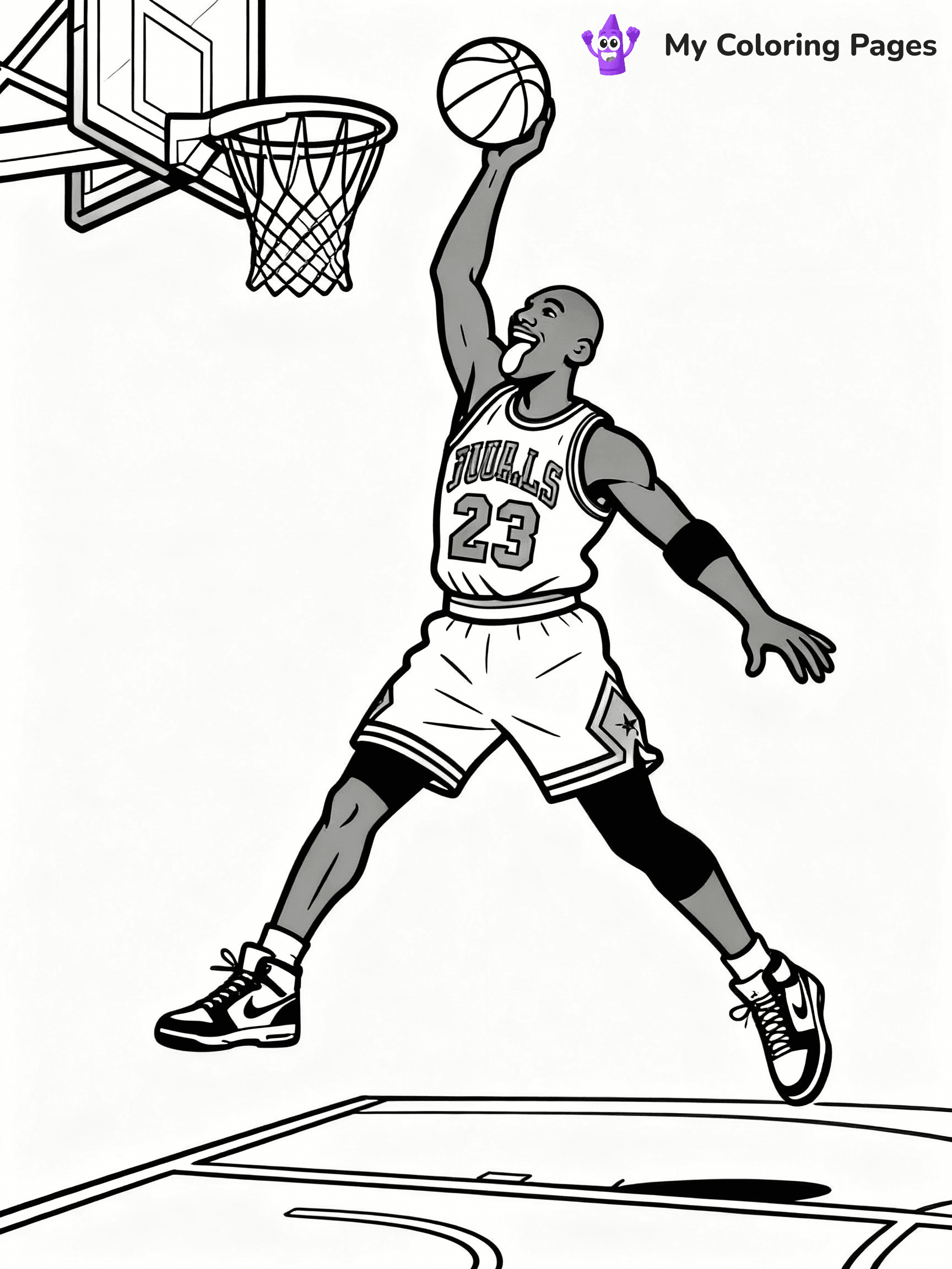 ⚠️ CRITICAL REQUIREMENT - ABSOLUTE BLACK AND WHITE ONLY ⚠️
This MUST be a BLACK AND WHITE line drawing ONLY. NO COLORS whatsoever.
- ONLY pure black lines (#000000) on pure white background (#FFFFFF)
- ABSOLUTELY NO colors, NO shading, NO gradients, NO grayscale
- If there are ANY colors in the output, the image is REJECTED
- This is a COLORING PAGE - meant to be COLORED IN by children
- The output must be UNCOLORED line art ready for coloring
⚠️ SUBJECT TO DRAW: Michael jordan wearing his flu game jordans and making his notorious jordan dunk with his tongue out, his dunking hand in front of him, and his legs spread apart in the air jumping from the free throw line to the net. PURE OUTLINES. NO FILLS, COLOR, SHADING, OR GREYSCALE. WHITE BACKGROUND.
(REMEMBER: Output must be BLACK AND WHITE line art only, NOT colored!)
# Flat, Friendly Cartoon Line-Art Coloring Page
You are generating a **pure black-and-white binary image** of a child-friendly cartoon scene combining characters and background scenery in one cohesive composition.
## Rendering Rules (Strict)
- Only two colors: pure black (#000000) outlines and pure white (#FFFFFF) background.
- No grayscale, shading, gradients, tints, fills, transparency, or partial pixels.
- No antialiasing or blended edges; every pixel is 100% black or white.
- No solid black fills inside shapes — all areas inside outlines must remain white.
- No dark clothing areas or filled tone blocks; all garments outlined only.
- No shadows, textures, lighting, or tonal variations.
- Must look like flat binary vector line-art for coloring pages.
## Drawing & Composition
- **Medium, consistent line weight**; clean closed outlines easy to color inside.
- **Flat, simple, child-friendly design** — no realism or 3D depth.
- Characters are **grounded on a surface**, centered and large.
- **Balanced composition** with clear silhouettes and minimal props.
## Scenery & Style
- Landmarks (e.g., mosque, CN Tower) and scenery (trees, benches, waves) drawn with **black outlines only.**
- For real-world figures, teams, or places, show accurate details using only black outlines—no text or logos. Use distinctive uniform patterns, abstract symbols, and landmark silhouettes to convey identity.
- Keep **consistent perspective**; no floating elements.
- **Style:** whimsical **Doodle Art Alley** — rounded, friendly outlines.
- May adapt shapes from **Crayola, Disney, Peppa Pig, Cocomelon** — *by shape only, never color.*
- Final output: **flat, crisp, binary (#000000/#FFFFFF)**, **no filled color or background text.**
EXTREMELYE IMPORTANT:
- PURE BINARY LINE-ART; NO FILLS (HAIR/CLOTHES/SKIN), SHADING, OR GREY.
- NO SHADING, COLOR. MUST BE WHITE BACKGROUND.
⚠️ FINAL REMINDER: Draw the subject "Michael jordan wearing his flu game jordans and making his notorious jordan dunk with his tongue out, his dunking hand in front of him, and his legs spread apart in the air jumping from the free throw line to the net. PURE OUTLINES. NO FILLS, COLOR, SHADING, OR GREYSCALE. WHITE BACKGROUND." as BLACK AND WHITE line art. Zero colors in output.