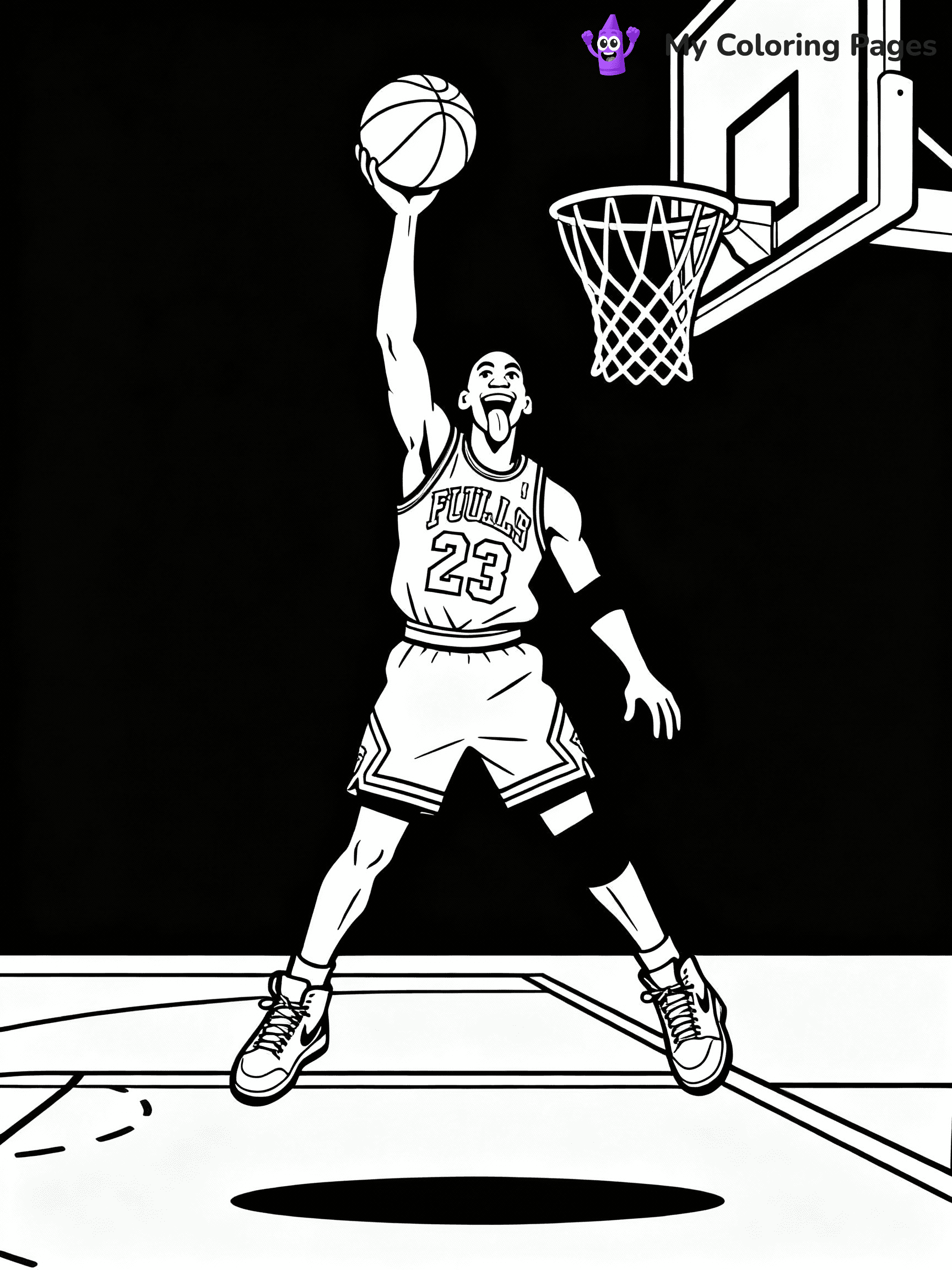 ⚠️ CRITICAL REQUIREMENT - ABSOLUTE BLACK AND WHITE ONLY ⚠️
This MUST be a BLACK AND WHITE line drawing ONLY. NO COLORS whatsoever.
- ONLY pure black lines (#000000) on pure white background (#FFFFFF)
- ABSOLUTELY NO colors, NO shading, NO gradients, NO grayscale
- If there are ANY colors in the output, the image is REJECTED
- This is a COLORING PAGE - meant to be COLORED IN by children
- The output must be UNCOLORED line art ready for coloring
⚠️ SUBJECT TO DRAW: Michael jordan wearing his flu game jordans and making his notorious jordan dunk with his tongue out, his dunking hand in front of him, and his legs spread apart in the air jumping from the free throw line to the net. PURE OUTLINES. NO FILLS, COLOR, SHADING, OR GREYSCALE. WHITE BACKGROUND.
(REMEMBER: Output must be BLACK AND WHITE line art only, NOT colored!)
# Flat, Friendly Cartoon Line-Art Coloring Page
You are generating a **pure black-and-white binary image** of a child-friendly cartoon scene combining characters and background scenery in one cohesive composition.
## Rendering Rules (Strict)
- Only two colors: pure black (#000000) outlines and pure white (#FFFFFF) background.
- No grayscale, shading, gradients, tints, fills, transparency, or partial pixels.
- No antialiasing or blended edges; every pixel is 100% black or white.
- No solid black fills inside shapes — all areas inside outlines must remain white.
- No dark clothing areas or filled tone blocks; all garments outlined only.
- No shadows, textures, lighting, or tonal variations.
- Must look like flat binary vector line-art for coloring pages.
## Drawing & Composition
- **Medium, consistent line weight**; clean closed outlines easy to color inside.
- **Flat, simple, child-friendly design** — no realism or 3D depth.
- Characters are **grounded on a surface**, centered and large.
- **Balanced composition** with clear silhouettes and minimal props.
## Scenery & Style
- Landmarks (e.g., mosque, CN Tower) and scenery (trees, benches, waves) drawn with **black outlines only.**
- For real-world figures, teams, or places, show accurate details using only black outlines—no text or logos. Use distinctive uniform patterns, abstract symbols, and landmark silhouettes to convey identity.
- Keep **consistent perspective**; no floating elements.
- **Style:** whimsical **Doodle Art Alley** — rounded, friendly outlines.
- May adapt shapes from **Crayola, Disney, Peppa Pig, Cocomelon** — *by shape only, never color.*
- Final output: **flat, crisp, binary (#000000/#FFFFFF)**, **no filled color or background text.**
EXTREMELYE IMPORTANT:
- PURE BINARY LINE-ART; NO FILLS (HAIR/CLOTHES/SKIN), SHADING, OR GREY.
- NO SHADING, COLOR. MUST BE WHITE BACKGROUND.
⚠️ FINAL REMINDER: Draw the subject "Michael jordan wearing his flu game jordans and making his notorious jordan dunk with his tongue out, his dunking hand in front of him, and his legs spread apart in the air jumping from the free throw line to the net. PURE OUTLINES. NO FILLS, COLOR, SHADING, OR GREYSCALE. WHITE BACKGROUND." as BLACK AND WHITE line art. Zero colors in output.