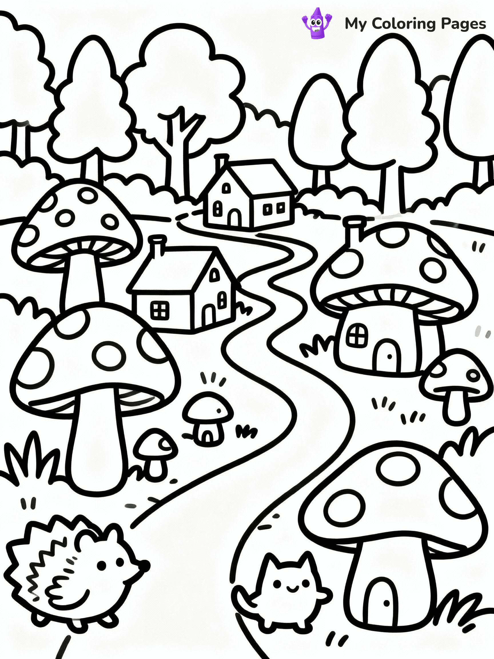⚠️ CRITICAL REQUIREMENT - ABSOLUTE BLACK AND WHITE ONLY ⚠️
This MUST be a BLACK AND WHITE line drawing ONLY. NO COLORS whatsoever.
- ONLY pure black lines (#000000) on pure white background (#FFFFFF)
- ABSOLUTELY NO colors, NO shading, NO gradients, NO grayscale
- If there are ANY colors in the output, the image is REJECTED
- This is a COLORING PAGE - meant to be COLORED IN by children
- The output must be UNCOLORED line art ready for coloring
⚠️ SUBJECT TO DRAW: Cute mushroom village with tiny houses and winding paths, trees in the background, playful forest creatures, outline only
(REMEMBER: Output must be BLACK AND WHITE line art only, NOT colored!)
# COLORING PAGE: BLACK OUTLINES ONLY - WHITE BACKGROUND MANDATORY
Create a **coloring book page** using EXACTLY two values: black lines, white space.
## NON-NEGOTIABLE BINARY RULES
- **ONLY #000000 (black) and #FFFFFF (white)** - NO other values exist
- **EVERY PIXEL = BLACK OR WHITE** - no gray/shading/antialiasing
- **WHITE BACKGROUND MANDATORY** - entire canvas stays white
- **ALL SHAPES HOLLOW** - everything is empty outlines waiting to be colored
- **FORBIDDEN:** fills, shading, gradients, patterns, textures, colors
- **NO SOLID REGIONS** - if it's not a thin line, it's wrong
## Universal Line Standards
- Black outlines ONLY - thin, uniform weight
- Every shape completely empty inside
- Closed contours suitable for coloring
- Simple flat illustration - zero depth/3D/realism
- **Style:** Whimsical Doodle Art Alley - rounded, friendly outlines (unless specified)
## Everything = Outline Only
- Characters/animals: hollow shapes
- Objects/clothing: empty contours
- Backgrounds/scenery: line work only
- Natural elements: outlined forms
- Dark/night areas: don't exist (use outlined symbols)
- Textures/patterns: convert to simple lines
## The Test
Can a child color EVERY white space with crayons? If any area is pre-filled/shaded/gray or colored in, it FAILS. Every shape must be waiting to receive color.
**FINAL OUTPUT**: Binary coloring page. Black lines define shapes. White spaces ready for coloring. Nothing else exists. No exceptions. Print-ready.
⚠️ FINAL REMINDER: Draw the subject "Cute mushroom village with tiny houses and winding paths, trees in the background, playful forest creatures, outline only" as BLACK AND WHITE line art. Zero colors in output.