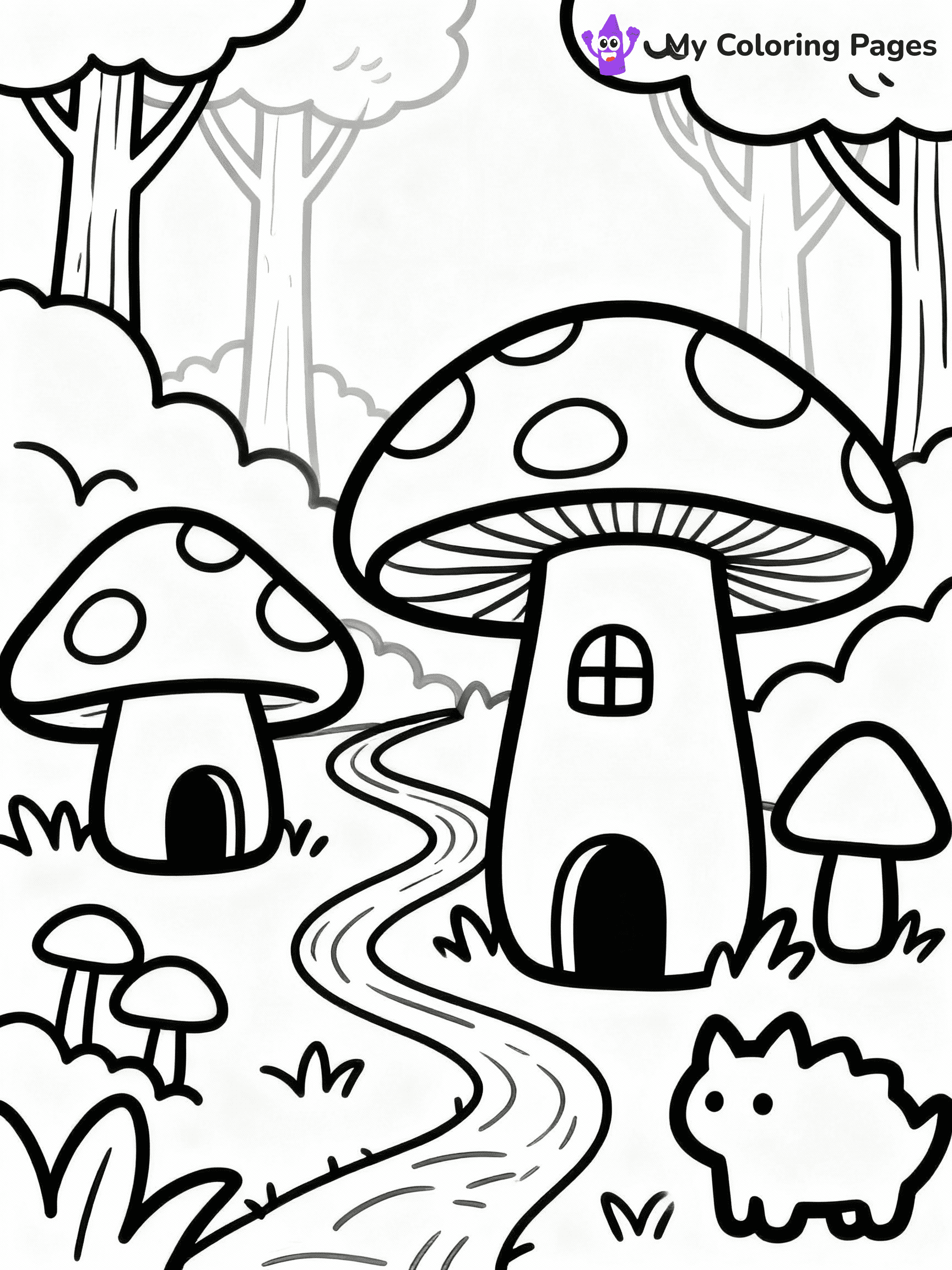 ⚠️ CRITICAL REQUIREMENT - ABSOLUTE BLACK AND WHITE ONLY ⚠️
This MUST be a BLACK AND WHITE line drawing ONLY. NO COLORS whatsoever.
- ONLY pure black lines (#000000) on pure white background (#FFFFFF)
- ABSOLUTELY NO colors, NO shading, NO gradients, NO grayscale
- If there are ANY colors in the output, the image is REJECTED
- This is a COLORING PAGE - meant to be COLORED IN by children
- The output must be UNCOLORED line art ready for coloring
⚠️ SUBJECT TO DRAW: Cute mushroom village with tiny houses and winding paths, trees in the background, playful forest creatures, outline only
(REMEMBER: Output must be BLACK AND WHITE line art only, NOT colored!)
# COLORING PAGE: BLACK OUTLINES ONLY - WHITE BACKGROUND MANDATORY
Create a **coloring book page** using EXACTLY two values: black lines, white space.
## NON-NEGOTIABLE BINARY RULES
- **ONLY #000000 (black) and #FFFFFF (white)** - NO other values exist
- **EVERY PIXEL = BLACK OR WHITE** - no gray/shading/antialiasing
- **WHITE BACKGROUND MANDATORY** - entire canvas stays white
- **ALL SHAPES HOLLOW** - everything is empty outlines waiting to be colored
- **FORBIDDEN:** fills, shading, gradients, patterns, textures, colors
- **NO SOLID REGIONS** - if it's not a thin line, it's wrong
## Universal Line Standards
- Black outlines ONLY - thin, uniform weight
- Every shape completely empty inside
- Closed contours suitable for coloring
- Simple flat illustration - zero depth/3D/realism
- **Style:** Whimsical Doodle Art Alley - rounded, friendly outlines (unless specified)
## Everything = Outline Only
- Characters/animals: hollow shapes
- Objects/clothing: empty contours
- Backgrounds/scenery: line work only
- Natural elements: outlined forms
- Dark/night areas: don't exist (use outlined symbols)
- Textures/patterns: convert to simple lines
## The Test
Can a child color EVERY white space with crayons? If any area is pre-filled/shaded/gray or colored in, it FAILS. Every shape must be waiting to receive color.
**FINAL OUTPUT**: Binary coloring page. Black lines define shapes. White spaces ready for coloring. Nothing else exists. No exceptions. Print-ready.
⚠️ FINAL REMINDER: Draw the subject "Cute mushroom village with tiny houses and winding paths, trees in the background, playful forest creatures, outline only" as BLACK AND WHITE line art. Zero colors in output.