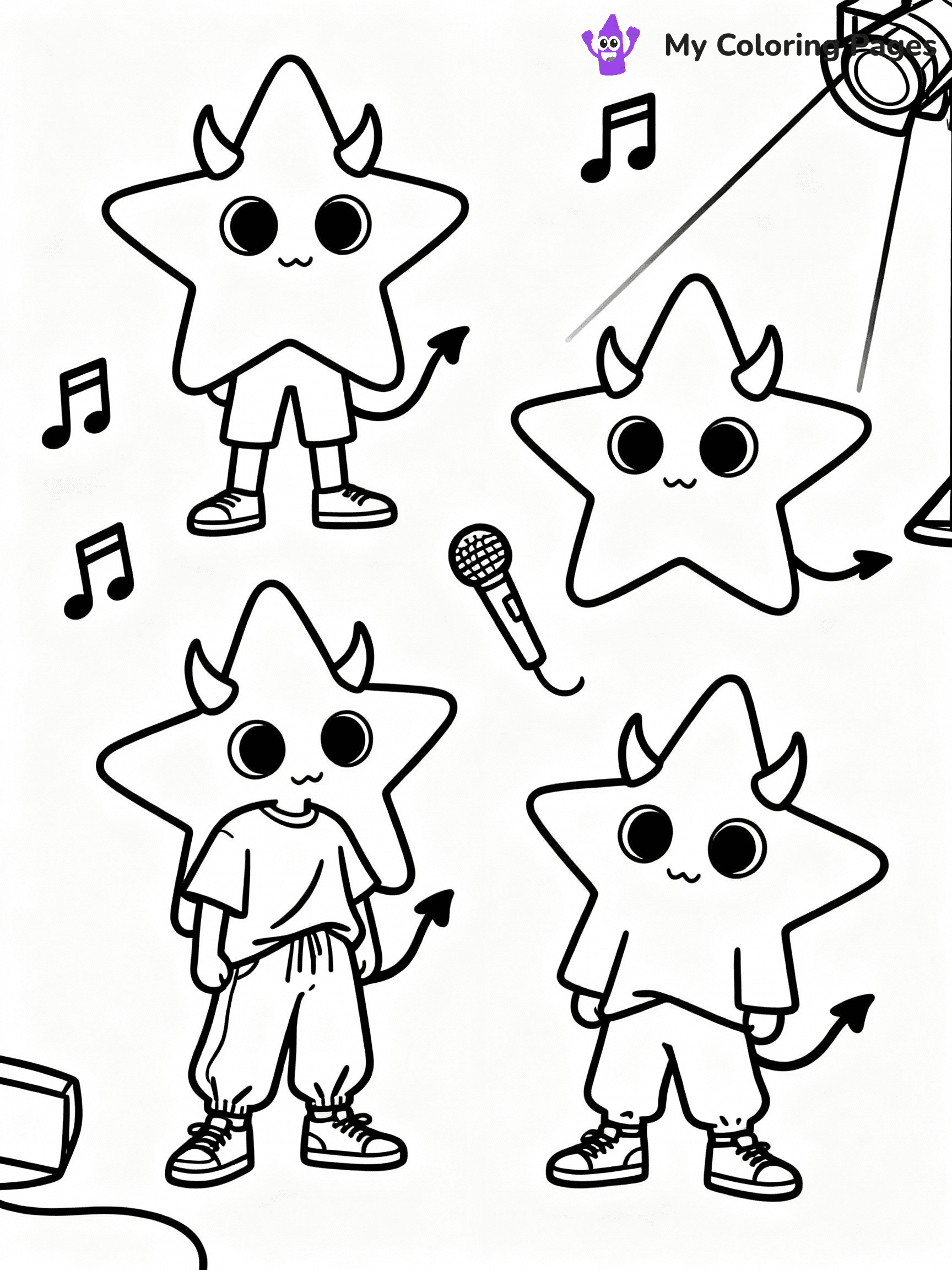 ⚠️ CRITICAL REQUIREMENT - ABSOLUTE BLACK AND WHITE ONLY ⚠️
This MUST be a BLACK AND WHITE line drawing ONLY. NO COLORS whatsoever.
- ONLY pure black lines (#000000) on pure white background (#FFFFFF)
- ABSOLUTELY NO colors, NO shading, NO gradients, NO grayscale
- If there are ANY colors in the output, the image is REJECTED
- This is a COLORING PAGE - meant to be COLORED IN by children
- The output must be UNCOLORED line art ready for coloring
⚠️ SUBJECT TO DRAW: Kpop Demon Stars
(REMEMBER: Output must be BLACK AND WHITE line art only, NOT colored!)
# COLORING PAGE: BLACK OUTLINES ONLY - WHITE BACKGROUND MANDATORY
Create a **coloring book page** using EXACTLY two values: black lines, white space.
## NON-NEGOTIABLE BINARY RULES
- **ONLY #000000 (black) and #FFFFFF (white)** - NO other values exist
- **EVERY PIXEL = BLACK OR WHITE** - no gray/shading/antialiasing
- **WHITE BACKGROUND MANDATORY** - entire canvas stays white
- **ALL SHAPES HOLLOW** - everything is empty outlines waiting to be colored
- **FORBIDDEN:** fills, shading, gradients, patterns, textures, colors
- **NO SOLID REGIONS** - if it's not a thin line, it's wrong
## Universal Line Standards
- Black outlines ONLY - thin, uniform weight
- Every shape completely empty inside
- Closed contours suitable for coloring
- Simple flat illustration - zero depth/3D/realism
- **Style:** Whimsical Doodle Art Alley - rounded, friendly outlines (unless specified)
## Everything = Outline Only
- Characters/animals: hollow shapes
- Objects/clothing: empty contours
- Backgrounds/scenery: line work only
- Natural elements: outlined forms
- Dark/night areas: don't exist (use outlined symbols)
- Textures/patterns: convert to simple lines
## The Test
Can a child color EVERY white space with crayons? If any area is pre-filled/shaded/gray or colored in, it FAILS. Every shape must be waiting to receive color.
**FINAL OUTPUT**: Binary coloring page. Black lines define shapes. White spaces ready for coloring. Nothing else exists. No exceptions. Print-ready.
⚠️ FINAL REMINDER: Draw the subject "Kpop Demon Stars" as BLACK AND WHITE line art. Zero colors in output.