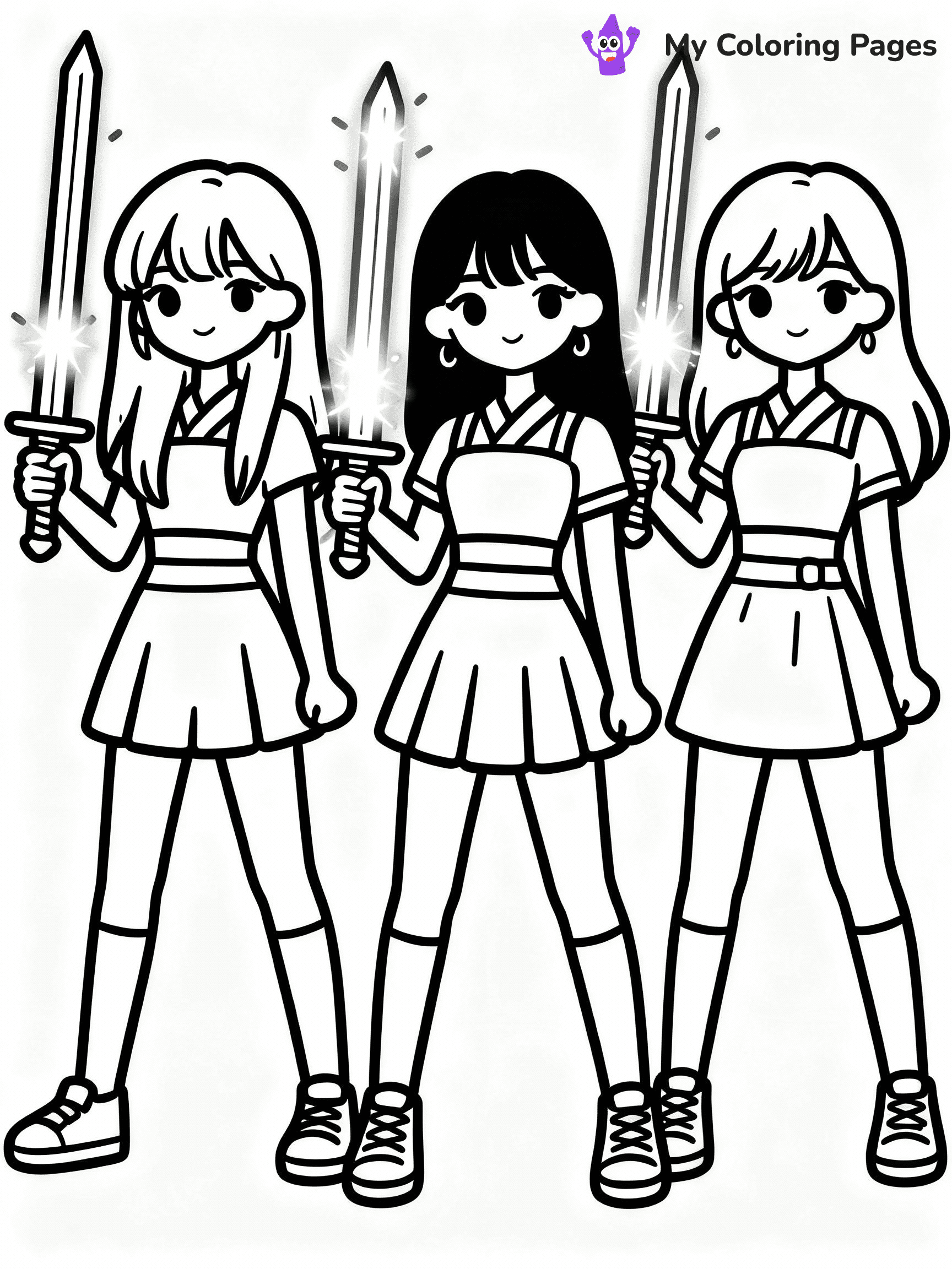 ⚠️ CRITICAL REQUIREMENT - ABSOLUTE BLACK AND WHITE ONLY ⚠️
This MUST be a BLACK AND WHITE line drawing ONLY. NO COLORS whatsoever.
- ONLY pure black lines (#000000) on pure white background (#FFFFFF)
- ABSOLUTELY NO colors, NO shading, NO gradients, NO grayscale
- If there are ANY colors in the output, the image is REJECTED
- This is a COLORING PAGE - meant to be COLORED IN by children
- The output must be UNCOLORED line art ready for coloring
⚠️ SUBJECT TO DRAW: Three K-pop girl idols holding glowing Korean swords, anime style
(REMEMBER: Output must be BLACK AND WHITE line art only, NOT colored!)
# COLORING PAGE: BLACK OUTLINES ONLY - WHITE BACKGROUND MANDATORY
Create a **coloring book page** using EXACTLY two values: black lines, white space.
## NON-NEGOTIABLE BINARY RULES
- **ONLY #000000 (black) and #FFFFFF (white)** - NO other values exist
- **EVERY PIXEL = BLACK OR WHITE** - no gray/shading/antialiasing
- **WHITE BACKGROUND MANDATORY** - entire canvas stays white
- **ALL SHAPES HOLLOW** - everything is empty outlines waiting to be colored
- **FORBIDDEN:** fills, shading, gradients, patterns, textures, colors
- **NO SOLID REGIONS** - if it's not a thin line, it's wrong
## Universal Line Standards
- Black outlines ONLY - thin, uniform weight
- Every shape completely empty inside
- Closed contours suitable for coloring
- Simple flat illustration - zero depth/3D/realism
- **Style:** Whimsical Doodle Art Alley - rounded, friendly outlines (unless specified)
## Everything = Outline Only
- Characters/animals: hollow shapes
- Objects/clothing: empty contours
- Backgrounds/scenery: line work only
- Natural elements: outlined forms
- Dark/night areas: don't exist (use outlined symbols)
- Textures/patterns: convert to simple lines
## The Test
Can a child color EVERY white space with crayons? If any area is pre-filled/shaded/gray or colored in, it FAILS. Every shape must be waiting to receive color.
**FINAL OUTPUT**: Binary coloring page. Black lines define shapes. White spaces ready for coloring. Nothing else exists. No exceptions. Print-ready.
⚠️ FINAL REMINDER: Draw the subject "Three K-pop girl idols holding glowing Korean swords, anime style" as BLACK AND WHITE line art. Zero colors in output.