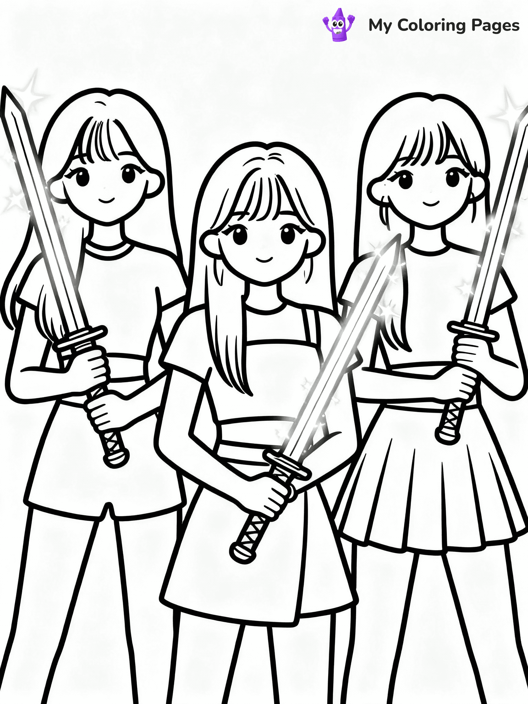 ⚠️ CRITICAL REQUIREMENT - ABSOLUTE BLACK AND WHITE ONLY ⚠️
This MUST be a BLACK AND WHITE line drawing ONLY. NO COLORS whatsoever.
- ONLY pure black lines (#000000) on pure white background (#FFFFFF)
- ABSOLUTELY NO colors, NO shading, NO gradients, NO grayscale
- If there are ANY colors in the output, the image is REJECTED
- This is a COLORING PAGE - meant to be COLORED IN by children
- The output must be UNCOLORED line art ready for coloring
⚠️ SUBJECT TO DRAW: Three K-pop girl idols holding glowing Korean swords, anime style
(REMEMBER: Output must be BLACK AND WHITE line art only, NOT colored!)
# COLORING PAGE: BLACK OUTLINES ONLY - WHITE BACKGROUND MANDATORY
Create a **coloring book page** using EXACTLY two values: black lines, white space.
## NON-NEGOTIABLE BINARY RULES
- **ONLY #000000 (black) and #FFFFFF (white)** - NO other values exist
- **EVERY PIXEL = BLACK OR WHITE** - no gray/shading/antialiasing
- **WHITE BACKGROUND MANDATORY** - entire canvas stays white
- **ALL SHAPES HOLLOW** - everything is empty outlines waiting to be colored
- **FORBIDDEN:** fills, shading, gradients, patterns, textures, colors
- **NO SOLID REGIONS** - if it's not a thin line, it's wrong
## Universal Line Standards
- Black outlines ONLY - thin, uniform weight
- Every shape completely empty inside
- Closed contours suitable for coloring
- Simple flat illustration - zero depth/3D/realism
- **Style:** Whimsical Doodle Art Alley - rounded, friendly outlines (unless specified)
## Everything = Outline Only
- Characters/animals: hollow shapes
- Objects/clothing: empty contours
- Backgrounds/scenery: line work only
- Natural elements: outlined forms
- Dark/night areas: don't exist (use outlined symbols)
- Textures/patterns: convert to simple lines
## The Test
Can a child color EVERY white space with crayons? If any area is pre-filled/shaded/gray or colored in, it FAILS. Every shape must be waiting to receive color.
**FINAL OUTPUT**: Binary coloring page. Black lines define shapes. White spaces ready for coloring. Nothing else exists. No exceptions. Print-ready.
⚠️ FINAL REMINDER: Draw the subject "Three K-pop girl idols holding glowing Korean swords, anime style" as BLACK AND WHITE line art. Zero colors in output.