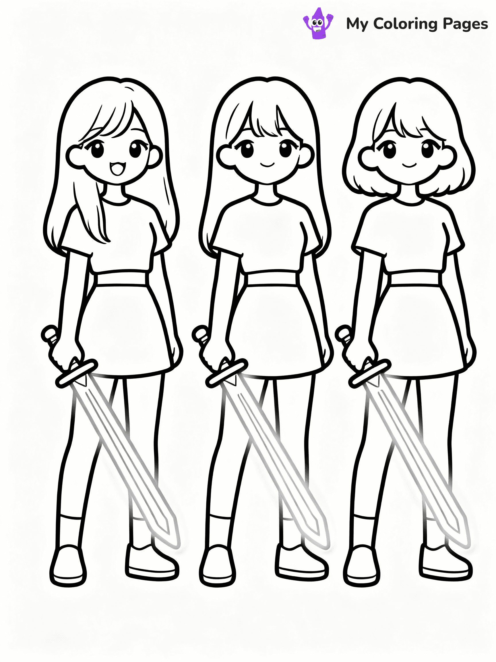 ⚠️ CRITICAL REQUIREMENT - ABSOLUTE BLACK AND WHITE ONLY ⚠️
This MUST be a BLACK AND WHITE line drawing ONLY. NO COLORS whatsoever.
- ONLY pure black lines (#000000) on pure white background (#FFFFFF)
- ABSOLUTELY NO colors, NO shading, NO gradients, NO grayscale
- If there are ANY colors in the output, the image is REJECTED
- This is a COLORING PAGE - meant to be COLORED IN by children
- The output must be UNCOLORED line art ready for coloring
⚠️ SUBJECT TO DRAW: Three K-pop girl idols holding glowing Korean swords, anime style
(REMEMBER: Output must be BLACK AND WHITE line art only, NOT colored!)
# COLORING PAGE: BLACK OUTLINES ONLY - WHITE BACKGROUND MANDATORY
Create a **coloring book page** using EXACTLY two values: black lines, white space.
## NON-NEGOTIABLE BINARY RULES
- **ONLY #000000 (black) and #FFFFFF (white)** - NO other values exist
- **EVERY PIXEL = BLACK OR WHITE** - no gray/shading/antialiasing
- **WHITE BACKGROUND MANDATORY** - entire canvas stays white
- **ALL SHAPES HOLLOW** - everything is empty outlines waiting to be colored
- **FORBIDDEN:** fills, shading, gradients, patterns, textures, colors
- **NO SOLID REGIONS** - if it's not a thin line, it's wrong
## Universal Line Standards
- Black outlines ONLY - thin, uniform weight
- Every shape completely empty inside
- Closed contours suitable for coloring
- Simple flat illustration - zero depth/3D/realism
- **Style:** Whimsical Doodle Art Alley - rounded, friendly outlines (unless specified)
## Everything = Outline Only
- Characters/animals: hollow shapes
- Objects/clothing: empty contours
- Backgrounds/scenery: line work only
- Natural elements: outlined forms
- Dark/night areas: don't exist (use outlined symbols)
- Textures/patterns: convert to simple lines
## The Test
Can a child color EVERY white space with crayons? If any area is pre-filled/shaded/gray or colored in, it FAILS. Every shape must be waiting to receive color.
**FINAL OUTPUT**: Binary coloring page. Black lines define shapes. White spaces ready for coloring. Nothing else exists. No exceptions. Print-ready.
⚠️ FINAL REMINDER: Draw the subject "Three K-pop girl idols holding glowing Korean swords, anime style" as BLACK AND WHITE line art. Zero colors in output.