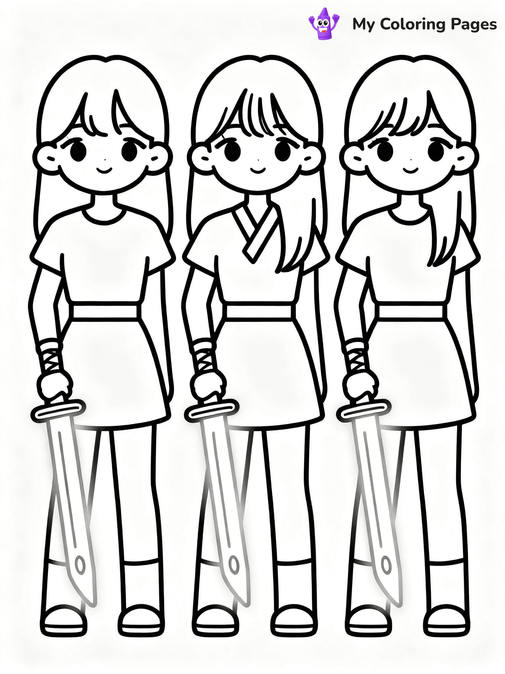 ⚠️ CRITICAL REQUIREMENT - ABSOLUTE BLACK AND WHITE ONLY ⚠️
This MUST be a BLACK AND WHITE line drawing ONLY. NO COLORS whatsoever.
- ONLY pure black lines (#000000) on pure white background (#FFFFFF)
- ABSOLUTELY NO colors, NO shading, NO gradients, NO grayscale
- If there are ANY colors in the output, the image is REJECTED
- This is a COLORING PAGE - meant to be COLORED IN by children
- The output must be UNCOLORED line art ready for coloring
⚠️ SUBJECT TO DRAW: Three K-pop girl idols holding glowing Korean swords, anime style
(REMEMBER: Output must be BLACK AND WHITE line art only, NOT colored!)
# COLORING PAGE: BLACK OUTLINES ONLY - WHITE BACKGROUND MANDATORY
Create a **coloring book page** using EXACTLY two values: black lines, white space.
## NON-NEGOTIABLE BINARY RULES
- **ONLY #000000 (black) and #FFFFFF (white)** - NO other values exist
- **EVERY PIXEL = BLACK OR WHITE** - no gray/shading/antialiasing
- **WHITE BACKGROUND MANDATORY** - entire canvas stays white
- **ALL SHAPES HOLLOW** - everything is empty outlines waiting to be colored
- **FORBIDDEN:** fills, shading, gradients, patterns, textures, colors
- **NO SOLID REGIONS** - if it's not a thin line, it's wrong
## Universal Line Standards
- Black outlines ONLY - thin, uniform weight
- Every shape completely empty inside
- Closed contours suitable for coloring
- Simple flat illustration - zero depth/3D/realism
- **Style:** Whimsical Doodle Art Alley - rounded, friendly outlines (unless specified)
## Everything = Outline Only
- Characters/animals: hollow shapes
- Objects/clothing: empty contours
- Backgrounds/scenery: line work only
- Natural elements: outlined forms
- Dark/night areas: don't exist (use outlined symbols)
- Textures/patterns: convert to simple lines
## The Test
Can a child color EVERY white space with crayons? If any area is pre-filled/shaded/gray or colored in, it FAILS. Every shape must be waiting to receive color.
**FINAL OUTPUT**: Binary coloring page. Black lines define shapes. White spaces ready for coloring. Nothing else exists. No exceptions. Print-ready.
⚠️ FINAL REMINDER: Draw the subject "Three K-pop girl idols holding glowing Korean swords, anime style" as BLACK AND WHITE line art. Zero colors in output.