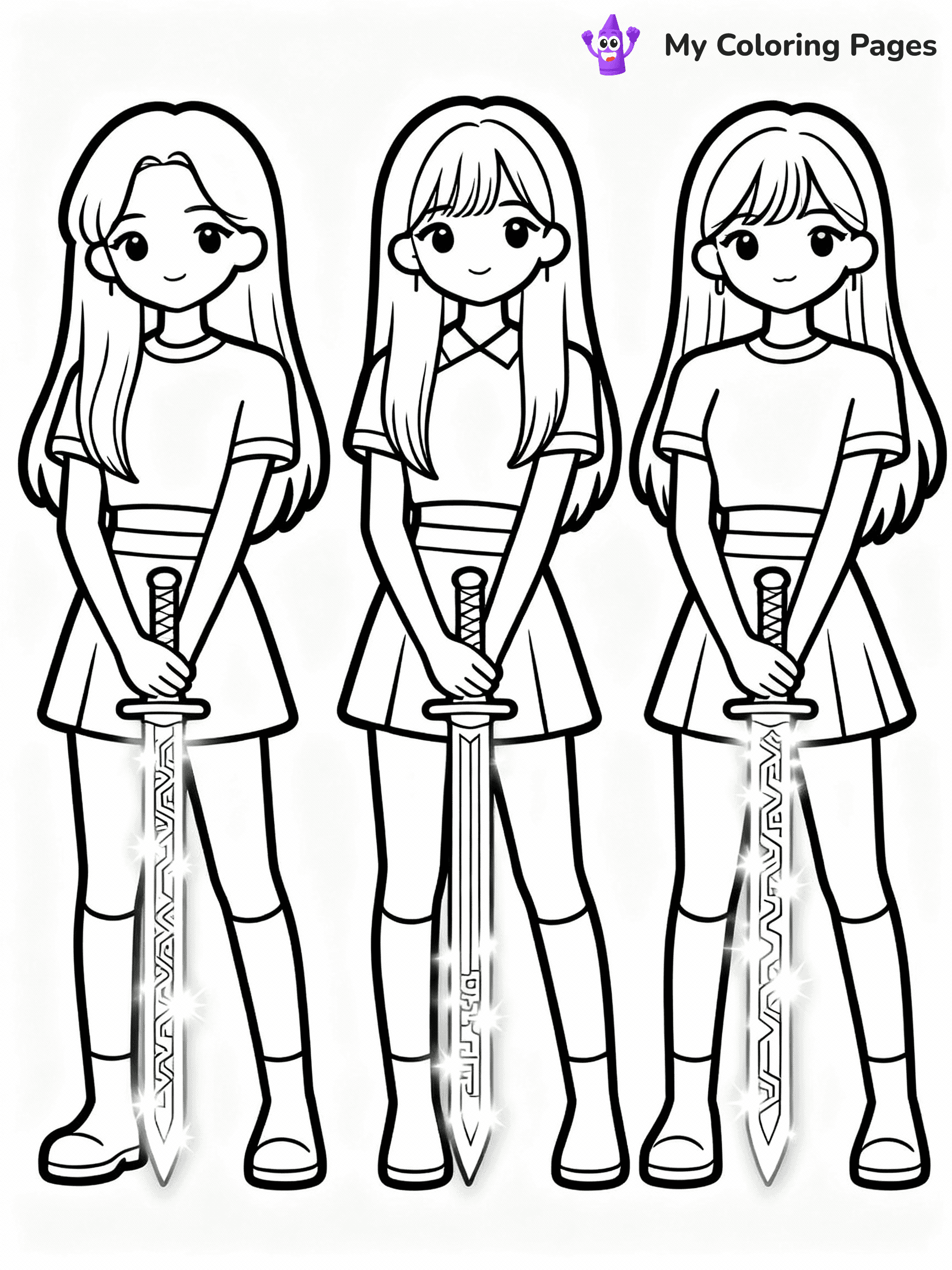⚠️ CRITICAL REQUIREMENT - ABSOLUTE BLACK AND WHITE ONLY ⚠️
This MUST be a BLACK AND WHITE line drawing ONLY. NO COLORS whatsoever.
- ONLY pure black lines (#000000) on pure white background (#FFFFFF)
- ABSOLUTELY NO colors, NO shading, NO gradients, NO grayscale
- If there are ANY colors in the output, the image is REJECTED
- This is a COLORING PAGE - meant to be COLORED IN by children
- The output must be UNCOLORED line art ready for coloring
⚠️ SUBJECT TO DRAW: Three K-pop girl idols holding glowing Korean swords, anime style
(REMEMBER: Output must be BLACK AND WHITE line art only, NOT colored!)
# COLORING PAGE: BLACK OUTLINES ONLY - WHITE BACKGROUND MANDATORY
Create a **coloring book page** using EXACTLY two values: black lines, white space.
## NON-NEGOTIABLE BINARY RULES
- **ONLY #000000 (black) and #FFFFFF (white)** - NO other values exist
- **EVERY PIXEL = BLACK OR WHITE** - no gray/shading/antialiasing
- **WHITE BACKGROUND MANDATORY** - entire canvas stays white
- **ALL SHAPES HOLLOW** - everything is empty outlines waiting to be colored
- **FORBIDDEN:** fills, shading, gradients, patterns, textures, colors
- **NO SOLID REGIONS** - if it's not a thin line, it's wrong
## Universal Line Standards
- Black outlines ONLY - thin, uniform weight
- Every shape completely empty inside
- Closed contours suitable for coloring
- Simple flat illustration - zero depth/3D/realism
- **Style:** Whimsical Doodle Art Alley - rounded, friendly outlines (unless specified)
## Everything = Outline Only
- Characters/animals: hollow shapes
- Objects/clothing: empty contours
- Backgrounds/scenery: line work only
- Natural elements: outlined forms
- Dark/night areas: don't exist (use outlined symbols)
- Textures/patterns: convert to simple lines
## The Test
Can a child color EVERY white space with crayons? If any area is pre-filled/shaded/gray or colored in, it FAILS. Every shape must be waiting to receive color.
**FINAL OUTPUT**: Binary coloring page. Black lines define shapes. White spaces ready for coloring. Nothing else exists. No exceptions. Print-ready.
⚠️ FINAL REMINDER: Draw the subject "Three K-pop girl idols holding glowing Korean swords, anime style" as BLACK AND WHITE line art. Zero colors in output.