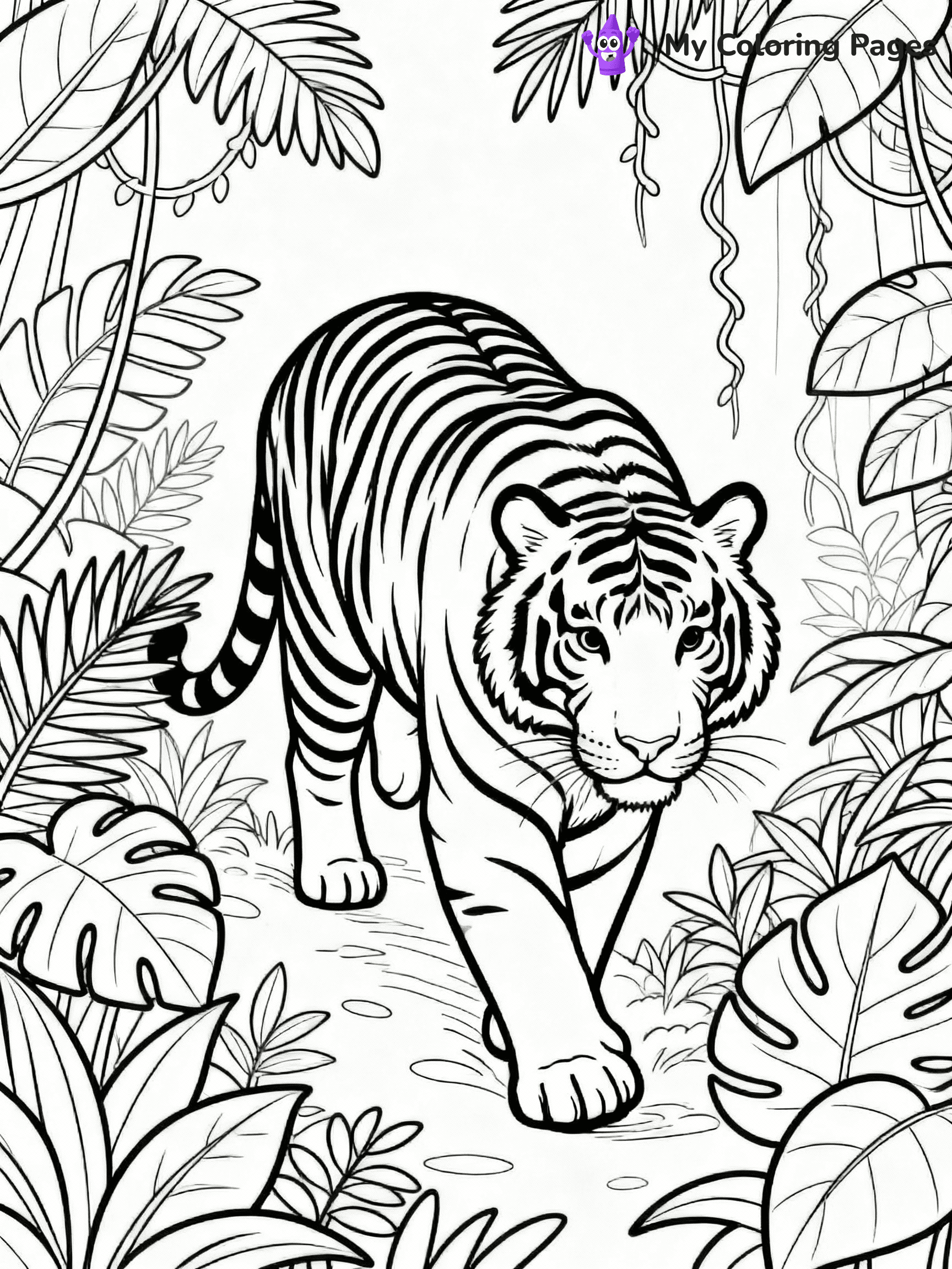 ⚠️ CRITICAL REQUIREMENT - ABSOLUTE BLACK AND WHITE ONLY ⚠️
This MUST be a BLACK AND WHITE line drawing ONLY. NO COLORS whatsoever.
- ONLY pure black lines (#000000) on pure white background (#FFFFFF)
- ABSOLUTELY NO colors, NO shading, NO gradients, NO grayscale
- If there are ANY colors in the output, the image is REJECTED
- This is a COLORING PAGE - meant to be COLORED IN by children
- The output must be UNCOLORED line art ready for coloring
⚠️ SUBJECT TO DRAW: Majestic adult tiger prowling through dense jungle, detailed fur patterns, surrounded by tropical foliage, realistic style
(REMEMBER: Output must be BLACK AND WHITE line art only, NOT colored!)
# COLORING PAGE: BLACK OUTLINES ONLY - WHITE BACKGROUND MANDATORY
Create a **coloring book page** using EXACTLY two values: black lines, white space.
## NON-NEGOTIABLE BINARY RULES
- **ONLY #000000 (black) and #FFFFFF (white)** - NO other values exist
- **EVERY PIXEL = BLACK OR WHITE** - no gray/shading/antialiasing
- **WHITE BACKGROUND MANDATORY** - entire canvas stays white
- **ALL SHAPES HOLLOW** - everything is empty outlines waiting to be colored
- **FORBIDDEN:** fills, shading, gradients, patterns, textures, colors
- **NO SOLID REGIONS** - if it's not a thin line, it's wrong
## Universal Line Standards
- Black outlines ONLY - thin, uniform weight
- Every shape completely empty inside
- Closed contours suitable for coloring
- Simple flat illustration - zero depth/3D/realism
- **Style:** Whimsical Doodle Art Alley - rounded, friendly outlines (unless specified)
## Everything = Outline Only
- Characters/animals: hollow shapes
- Objects/clothing: empty contours
- Backgrounds/scenery: line work only
- Natural elements: outlined forms
- Dark/night areas: don't exist (use outlined symbols)
- Textures/patterns: convert to simple lines
## The Test
Can a child color EVERY white space with crayons? If any area is pre-filled/shaded/gray or colored in, it FAILS. Every shape must be waiting to receive color.
**FINAL OUTPUT**: Binary coloring page. Black lines define shapes. White spaces ready for coloring. Nothing else exists. No exceptions. Print-ready.
⚠️ FINAL REMINDER: Draw the subject "Majestic adult tiger prowling through dense jungle, detailed fur patterns, surrounded by tropical foliage, realistic style" as BLACK AND WHITE line art. Zero colors in output.