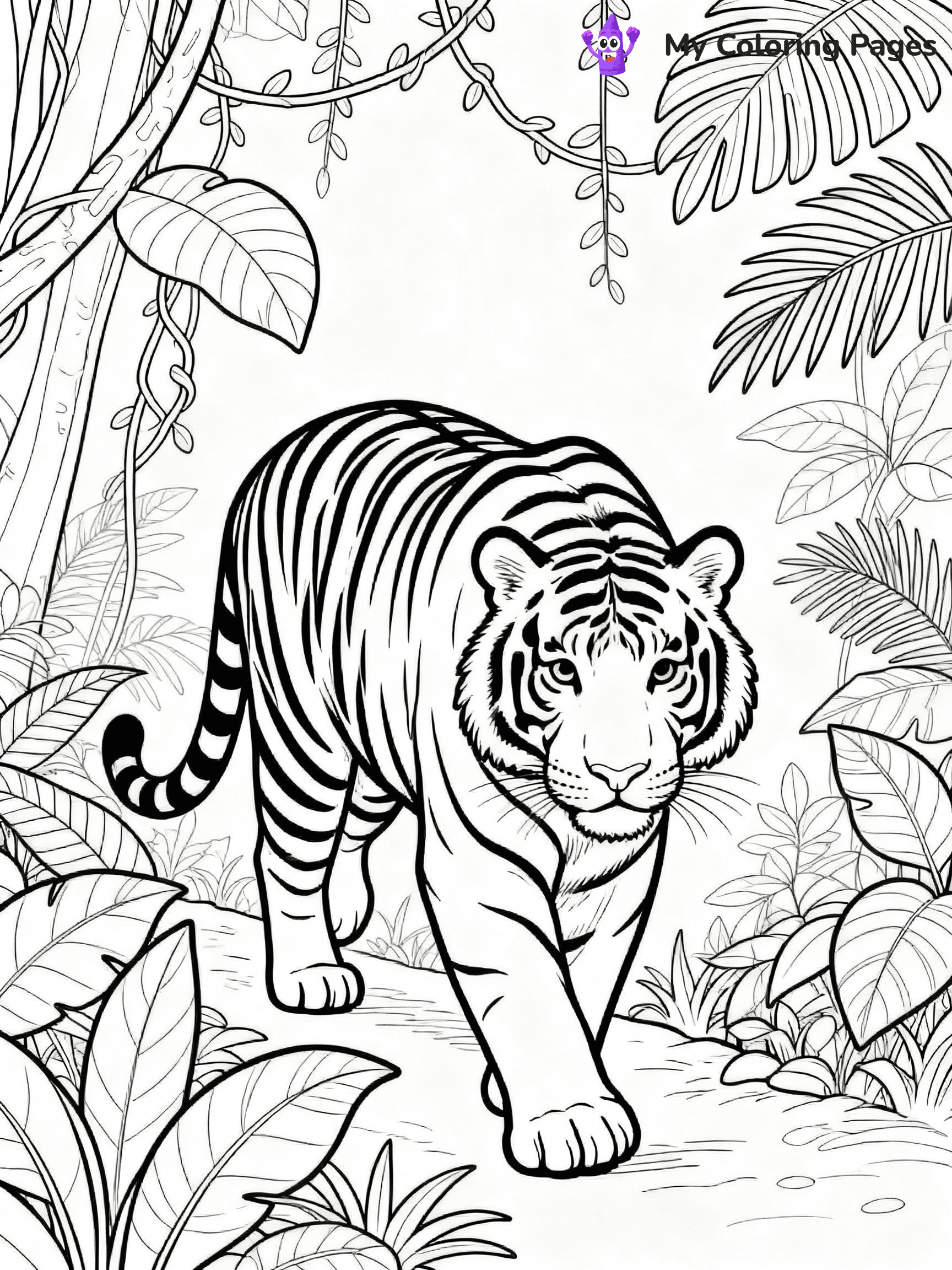 ⚠️ CRITICAL REQUIREMENT - ABSOLUTE BLACK AND WHITE ONLY ⚠️
This MUST be a BLACK AND WHITE line drawing ONLY. NO COLORS whatsoever.
- ONLY pure black lines (#000000) on pure white background (#FFFFFF)
- ABSOLUTELY NO colors, NO shading, NO gradients, NO grayscale
- If there are ANY colors in the output, the image is REJECTED
- This is a COLORING PAGE - meant to be COLORED IN by children
- The output must be UNCOLORED line art ready for coloring
⚠️ SUBJECT TO DRAW: Majestic adult tiger prowling through dense jungle, detailed fur patterns, surrounded by tropical foliage, realistic style
(REMEMBER: Output must be BLACK AND WHITE line art only, NOT colored!)
# COLORING PAGE: BLACK OUTLINES ONLY - WHITE BACKGROUND MANDATORY
Create a **coloring book page** using EXACTLY two values: black lines, white space.
## NON-NEGOTIABLE BINARY RULES
- **ONLY #000000 (black) and #FFFFFF (white)** - NO other values exist
- **EVERY PIXEL = BLACK OR WHITE** - no gray/shading/antialiasing
- **WHITE BACKGROUND MANDATORY** - entire canvas stays white
- **ALL SHAPES HOLLOW** - everything is empty outlines waiting to be colored
- **FORBIDDEN:** fills, shading, gradients, patterns, textures, colors
- **NO SOLID REGIONS** - if it's not a thin line, it's wrong
## Universal Line Standards
- Black outlines ONLY - thin, uniform weight
- Every shape completely empty inside
- Closed contours suitable for coloring
- Simple flat illustration - zero depth/3D/realism
- **Style:** Whimsical Doodle Art Alley - rounded, friendly outlines (unless specified)
## Everything = Outline Only
- Characters/animals: hollow shapes
- Objects/clothing: empty contours
- Backgrounds/scenery: line work only
- Natural elements: outlined forms
- Dark/night areas: don't exist (use outlined symbols)
- Textures/patterns: convert to simple lines
## The Test
Can a child color EVERY white space with crayons? If any area is pre-filled/shaded/gray or colored in, it FAILS. Every shape must be waiting to receive color.
**FINAL OUTPUT**: Binary coloring page. Black lines define shapes. White spaces ready for coloring. Nothing else exists. No exceptions. Print-ready.
⚠️ FINAL REMINDER: Draw the subject "Majestic adult tiger prowling through dense jungle, detailed fur patterns, surrounded by tropical foliage, realistic style" as BLACK AND WHITE line art. Zero colors in output.