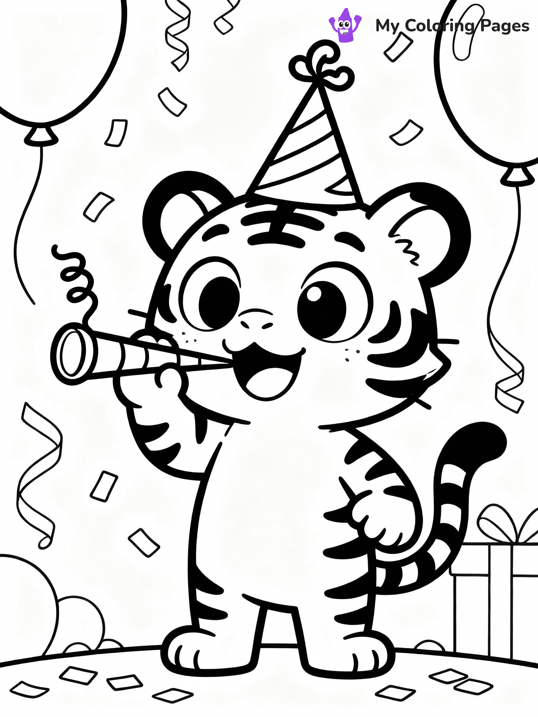 ⚠️ CRITICAL REQUIREMENT - ABSOLUTE BLACK AND WHITE ONLY ⚠️
This MUST be a BLACK AND WHITE line drawing ONLY. NO COLORS whatsoever.
- ONLY pure black lines (#000000) on pure white background (#FFFFFF)
- ABSOLUTELY NO colors, NO shading, NO gradients, NO grayscale
- If there are ANY colors in the output, the image is REJECTED
- This is a COLORING PAGE - meant to be COLORED IN by children
- The output must be UNCOLORED line art ready for coloring
⚠️ SUBJECT TO DRAW: Cartoon tiger with exaggerated features, wearing a party hat, blowing a noisemaker, festive background, cartoon style
(REMEMBER: Output must be BLACK AND WHITE line art only, NOT colored!)
# COLORING PAGE: BLACK OUTLINES ONLY - WHITE BACKGROUND MANDATORY
Create a **coloring book page** using EXACTLY two values: black lines, white space.
## NON-NEGOTIABLE BINARY RULES
- **ONLY #000000 (black) and #FFFFFF (white)** - NO other values exist
- **EVERY PIXEL = BLACK OR WHITE** - no gray/shading/antialiasing
- **WHITE BACKGROUND MANDATORY** - entire canvas stays white
- **ALL SHAPES HOLLOW** - everything is empty outlines waiting to be colored
- **FORBIDDEN:** fills, shading, gradients, patterns, textures, colors
- **NO SOLID REGIONS** - if it's not a thin line, it's wrong
## Universal Line Standards
- Black outlines ONLY - thin, uniform weight
- Every shape completely empty inside
- Closed contours suitable for coloring
- Simple flat illustration - zero depth/3D/realism
- **Style:** Whimsical Doodle Art Alley - rounded, friendly outlines (unless specified)
## Everything = Outline Only
- Characters/animals: hollow shapes
- Objects/clothing: empty contours
- Backgrounds/scenery: line work only
- Natural elements: outlined forms
- Dark/night areas: don't exist (use outlined symbols)
- Textures/patterns: convert to simple lines
## The Test
Can a child color EVERY white space with crayons? If any area is pre-filled/shaded/gray or colored in, it FAILS. Every shape must be waiting to receive color.
**FINAL OUTPUT**: Binary coloring page. Black lines define shapes. White spaces ready for coloring. Nothing else exists. No exceptions. Print-ready.
⚠️ FINAL REMINDER: Draw the subject "Cartoon tiger with exaggerated features, wearing a party hat, blowing a noisemaker, festive background, cartoon style" as BLACK AND WHITE line art. Zero colors in output.