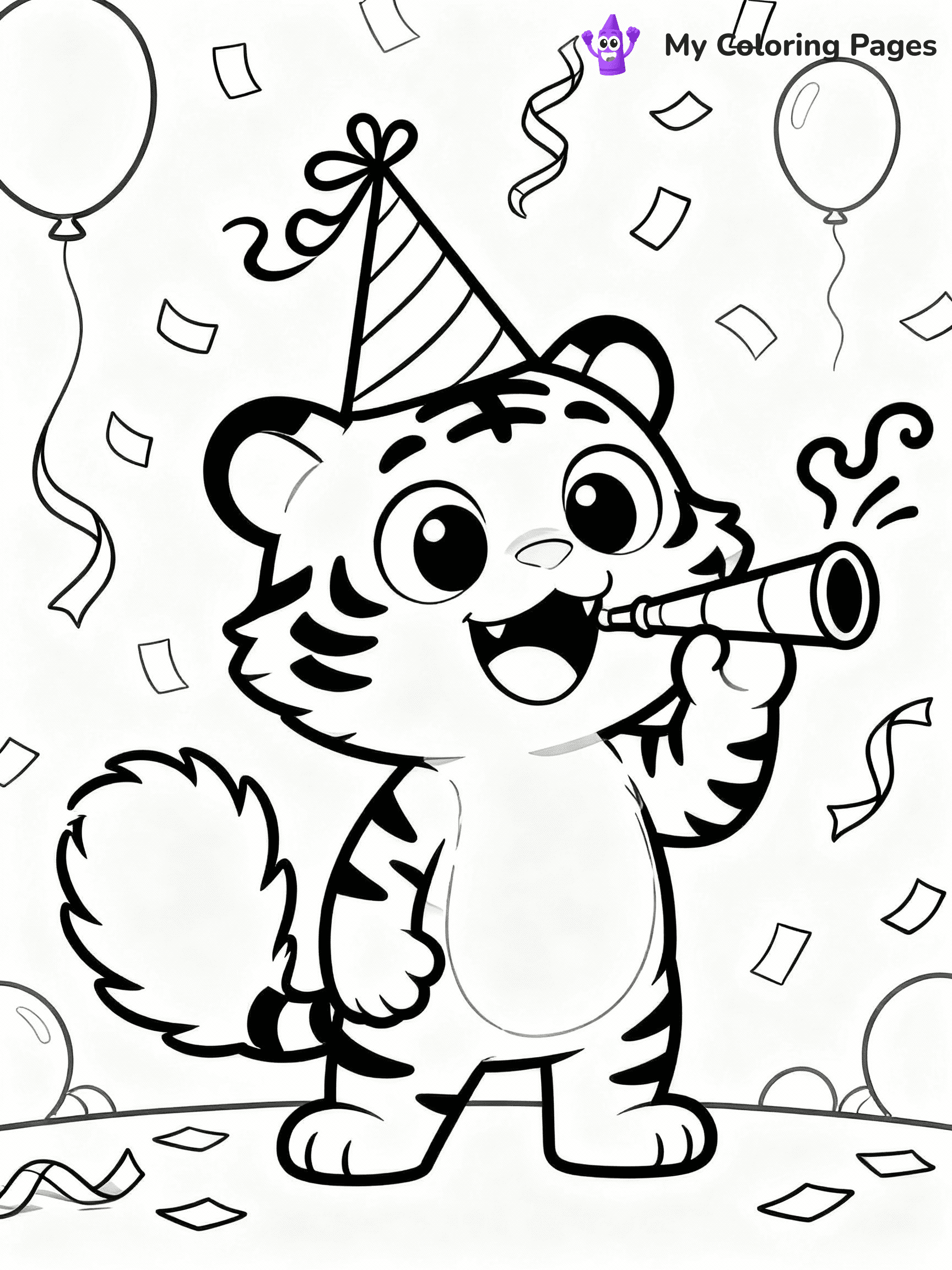 ⚠️ CRITICAL REQUIREMENT - ABSOLUTE BLACK AND WHITE ONLY ⚠️
This MUST be a BLACK AND WHITE line drawing ONLY. NO COLORS whatsoever.
- ONLY pure black lines (#000000) on pure white background (#FFFFFF)
- ABSOLUTELY NO colors, NO shading, NO gradients, NO grayscale
- If there are ANY colors in the output, the image is REJECTED
- This is a COLORING PAGE - meant to be COLORED IN by children
- The output must be UNCOLORED line art ready for coloring
⚠️ SUBJECT TO DRAW: Cartoon tiger with exaggerated features, wearing a party hat, blowing a noisemaker, festive background, cartoon style
(REMEMBER: Output must be BLACK AND WHITE line art only, NOT colored!)
# COLORING PAGE: BLACK OUTLINES ONLY - WHITE BACKGROUND MANDATORY
Create a **coloring book page** using EXACTLY two values: black lines, white space.
## NON-NEGOTIABLE BINARY RULES
- **ONLY #000000 (black) and #FFFFFF (white)** - NO other values exist
- **EVERY PIXEL = BLACK OR WHITE** - no gray/shading/antialiasing
- **WHITE BACKGROUND MANDATORY** - entire canvas stays white
- **ALL SHAPES HOLLOW** - everything is empty outlines waiting to be colored
- **FORBIDDEN:** fills, shading, gradients, patterns, textures, colors
- **NO SOLID REGIONS** - if it's not a thin line, it's wrong
## Universal Line Standards
- Black outlines ONLY - thin, uniform weight
- Every shape completely empty inside
- Closed contours suitable for coloring
- Simple flat illustration - zero depth/3D/realism
- **Style:** Whimsical Doodle Art Alley - rounded, friendly outlines (unless specified)
## Everything = Outline Only
- Characters/animals: hollow shapes
- Objects/clothing: empty contours
- Backgrounds/scenery: line work only
- Natural elements: outlined forms
- Dark/night areas: don't exist (use outlined symbols)
- Textures/patterns: convert to simple lines
## The Test
Can a child color EVERY white space with crayons? If any area is pre-filled/shaded/gray or colored in, it FAILS. Every shape must be waiting to receive color.
**FINAL OUTPUT**: Binary coloring page. Black lines define shapes. White spaces ready for coloring. Nothing else exists. No exceptions. Print-ready.
⚠️ FINAL REMINDER: Draw the subject "Cartoon tiger with exaggerated features, wearing a party hat, blowing a noisemaker, festive background, cartoon style" as BLACK AND WHITE line art. Zero colors in output.