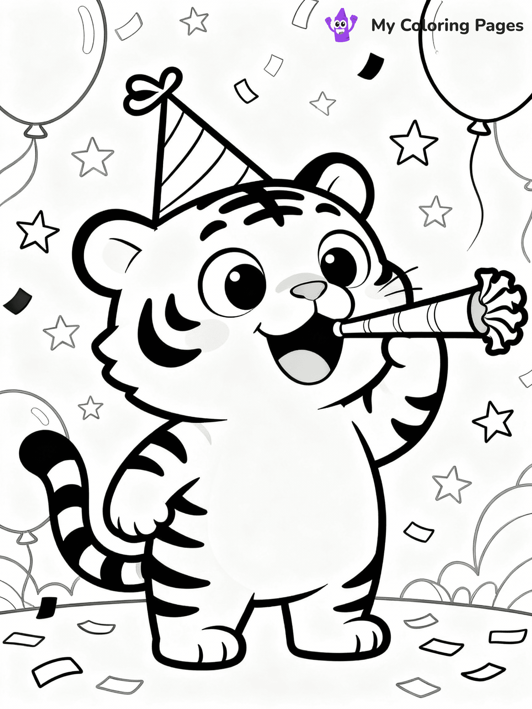 ⚠️ CRITICAL REQUIREMENT - ABSOLUTE BLACK AND WHITE ONLY ⚠️
This MUST be a BLACK AND WHITE line drawing ONLY. NO COLORS whatsoever.
- ONLY pure black lines (#000000) on pure white background (#FFFFFF)
- ABSOLUTELY NO colors, NO shading, NO gradients, NO grayscale
- If there are ANY colors in the output, the image is REJECTED
- This is a COLORING PAGE - meant to be COLORED IN by children
- The output must be UNCOLORED line art ready for coloring
⚠️ SUBJECT TO DRAW: Cartoon tiger with exaggerated features, wearing a party hat, blowing a noisemaker, festive background, cartoon style
(REMEMBER: Output must be BLACK AND WHITE line art only, NOT colored!)
# COLORING PAGE: BLACK OUTLINES ONLY - WHITE BACKGROUND MANDATORY
Create a **coloring book page** using EXACTLY two values: black lines, white space.
## NON-NEGOTIABLE BINARY RULES
- **ONLY #000000 (black) and #FFFFFF (white)** - NO other values exist
- **EVERY PIXEL = BLACK OR WHITE** - no gray/shading/antialiasing
- **WHITE BACKGROUND MANDATORY** - entire canvas stays white
- **ALL SHAPES HOLLOW** - everything is empty outlines waiting to be colored
- **FORBIDDEN:** fills, shading, gradients, patterns, textures, colors
- **NO SOLID REGIONS** - if it's not a thin line, it's wrong
## Universal Line Standards
- Black outlines ONLY - thin, uniform weight
- Every shape completely empty inside
- Closed contours suitable for coloring
- Simple flat illustration - zero depth/3D/realism
- **Style:** Whimsical Doodle Art Alley - rounded, friendly outlines (unless specified)
## Everything = Outline Only
- Characters/animals: hollow shapes
- Objects/clothing: empty contours
- Backgrounds/scenery: line work only
- Natural elements: outlined forms
- Dark/night areas: don't exist (use outlined symbols)
- Textures/patterns: convert to simple lines
## The Test
Can a child color EVERY white space with crayons? If any area is pre-filled/shaded/gray or colored in, it FAILS. Every shape must be waiting to receive color.
**FINAL OUTPUT**: Binary coloring page. Black lines define shapes. White spaces ready for coloring. Nothing else exists. No exceptions. Print-ready.
⚠️ FINAL REMINDER: Draw the subject "Cartoon tiger with exaggerated features, wearing a party hat, blowing a noisemaker, festive background, cartoon style" as BLACK AND WHITE line art. Zero colors in output.