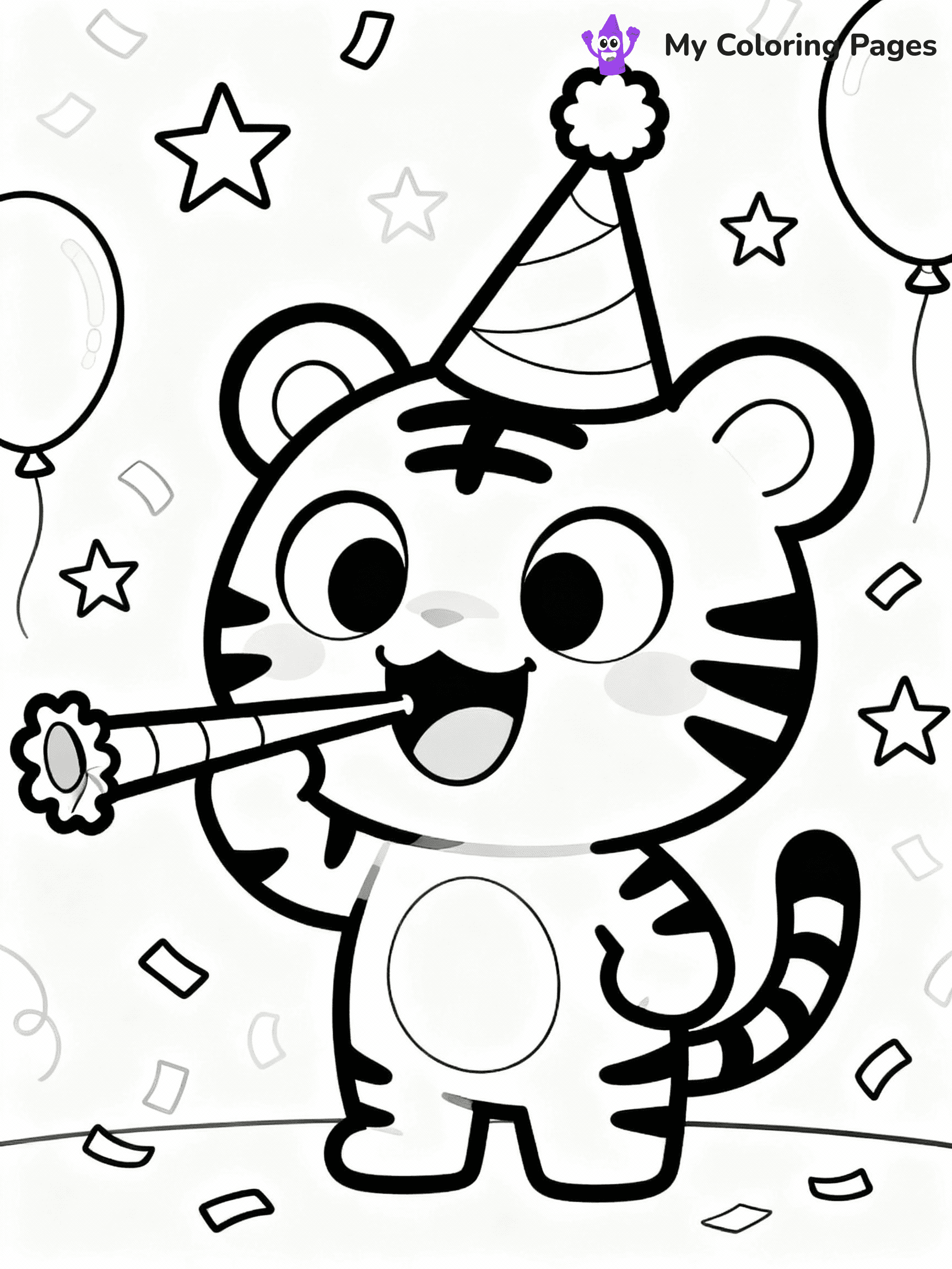 ⚠️ CRITICAL REQUIREMENT - ABSOLUTE BLACK AND WHITE ONLY ⚠️
This MUST be a BLACK AND WHITE line drawing ONLY. NO COLORS whatsoever.
- ONLY pure black lines (#000000) on pure white background (#FFFFFF)
- ABSOLUTELY NO colors, NO shading, NO gradients, NO grayscale
- If there are ANY colors in the output, the image is REJECTED
- This is a COLORING PAGE - meant to be COLORED IN by children
- The output must be UNCOLORED line art ready for coloring
⚠️ SUBJECT TO DRAW: Cartoon tiger with exaggerated features, wearing a party hat, blowing a noisemaker, festive background, cartoon style
(REMEMBER: Output must be BLACK AND WHITE line art only, NOT colored!)
# COLORING PAGE: BLACK OUTLINES ONLY - WHITE BACKGROUND MANDATORY
Create a **coloring book page** using EXACTLY two values: black lines, white space.
## NON-NEGOTIABLE BINARY RULES
- **ONLY #000000 (black) and #FFFFFF (white)** - NO other values exist
- **EVERY PIXEL = BLACK OR WHITE** - no gray/shading/antialiasing
- **WHITE BACKGROUND MANDATORY** - entire canvas stays white
- **ALL SHAPES HOLLOW** - everything is empty outlines waiting to be colored
- **FORBIDDEN:** fills, shading, gradients, patterns, textures, colors
- **NO SOLID REGIONS** - if it's not a thin line, it's wrong
## Universal Line Standards
- Black outlines ONLY - thin, uniform weight
- Every shape completely empty inside
- Closed contours suitable for coloring
- Simple flat illustration - zero depth/3D/realism
- **Style:** Whimsical Doodle Art Alley - rounded, friendly outlines (unless specified)
## Everything = Outline Only
- Characters/animals: hollow shapes
- Objects/clothing: empty contours
- Backgrounds/scenery: line work only
- Natural elements: outlined forms
- Dark/night areas: don't exist (use outlined symbols)
- Textures/patterns: convert to simple lines
## The Test
Can a child color EVERY white space with crayons? If any area is pre-filled/shaded/gray or colored in, it FAILS. Every shape must be waiting to receive color.
**FINAL OUTPUT**: Binary coloring page. Black lines define shapes. White spaces ready for coloring. Nothing else exists. No exceptions. Print-ready.
⚠️ FINAL REMINDER: Draw the subject "Cartoon tiger with exaggerated features, wearing a party hat, blowing a noisemaker, festive background, cartoon style" as BLACK AND WHITE line art. Zero colors in output.