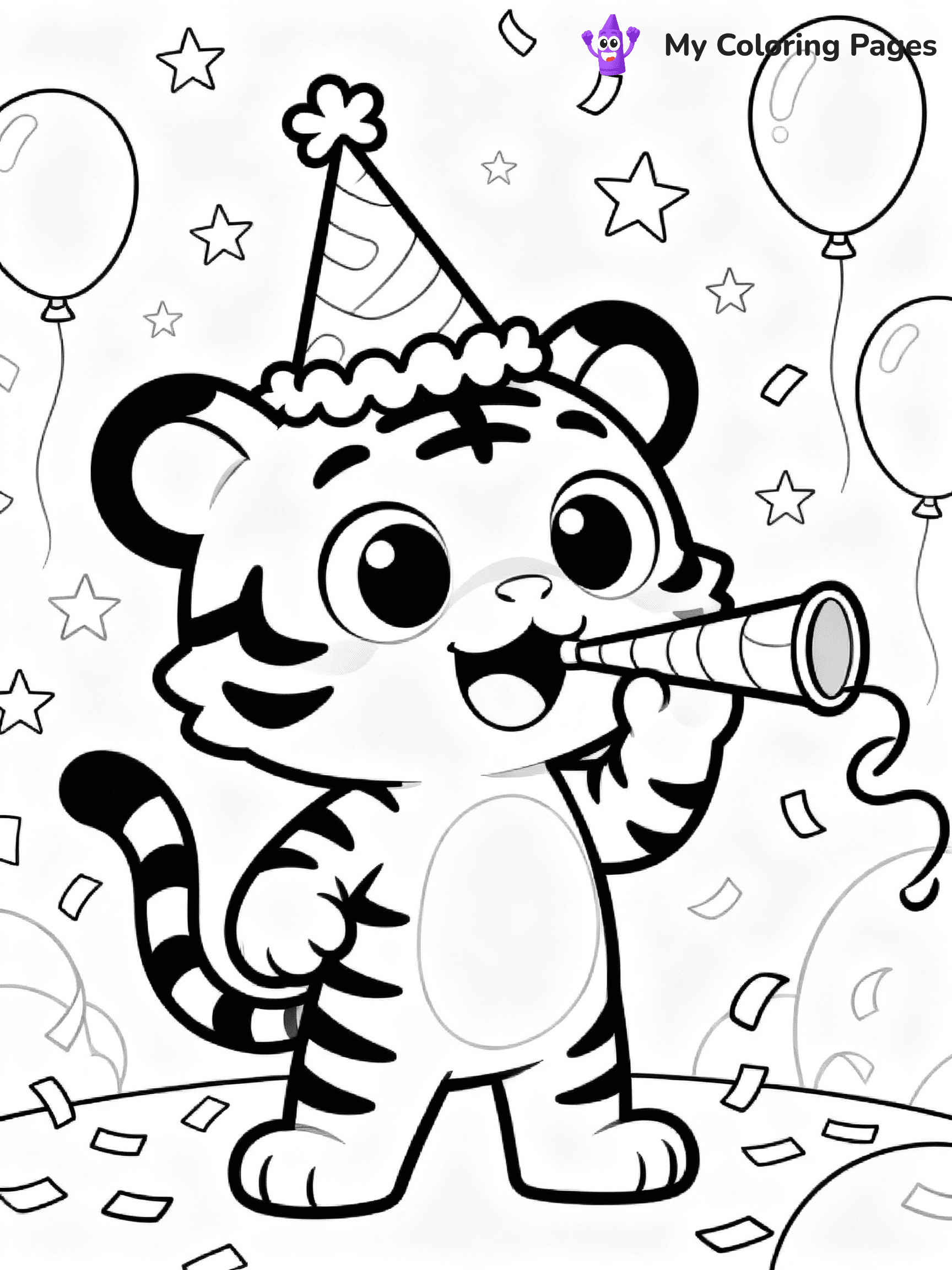 ⚠️ CRITICAL REQUIREMENT - ABSOLUTE BLACK AND WHITE ONLY ⚠️
This MUST be a BLACK AND WHITE line drawing ONLY. NO COLORS whatsoever.
- ONLY pure black lines (#000000) on pure white background (#FFFFFF)
- ABSOLUTELY NO colors, NO shading, NO gradients, NO grayscale
- If there are ANY colors in the output, the image is REJECTED
- This is a COLORING PAGE - meant to be COLORED IN by children
- The output must be UNCOLORED line art ready for coloring
⚠️ SUBJECT TO DRAW: Cartoon tiger with exaggerated features, wearing a party hat, blowing a noisemaker, festive background, cartoon style
(REMEMBER: Output must be BLACK AND WHITE line art only, NOT colored!)
# COLORING PAGE: BLACK OUTLINES ONLY - WHITE BACKGROUND MANDATORY
Create a **coloring book page** using EXACTLY two values: black lines, white space.
## NON-NEGOTIABLE BINARY RULES
- **ONLY #000000 (black) and #FFFFFF (white)** - NO other values exist
- **EVERY PIXEL = BLACK OR WHITE** - no gray/shading/antialiasing
- **WHITE BACKGROUND MANDATORY** - entire canvas stays white
- **ALL SHAPES HOLLOW** - everything is empty outlines waiting to be colored
- **FORBIDDEN:** fills, shading, gradients, patterns, textures, colors
- **NO SOLID REGIONS** - if it's not a thin line, it's wrong
## Universal Line Standards
- Black outlines ONLY - thin, uniform weight
- Every shape completely empty inside
- Closed contours suitable for coloring
- Simple flat illustration - zero depth/3D/realism
- **Style:** Whimsical Doodle Art Alley - rounded, friendly outlines (unless specified)
## Everything = Outline Only
- Characters/animals: hollow shapes
- Objects/clothing: empty contours
- Backgrounds/scenery: line work only
- Natural elements: outlined forms
- Dark/night areas: don't exist (use outlined symbols)
- Textures/patterns: convert to simple lines
## The Test
Can a child color EVERY white space with crayons? If any area is pre-filled/shaded/gray or colored in, it FAILS. Every shape must be waiting to receive color.
**FINAL OUTPUT**: Binary coloring page. Black lines define shapes. White spaces ready for coloring. Nothing else exists. No exceptions. Print-ready.
⚠️ FINAL REMINDER: Draw the subject "Cartoon tiger with exaggerated features, wearing a party hat, blowing a noisemaker, festive background, cartoon style" as BLACK AND WHITE line art. Zero colors in output.