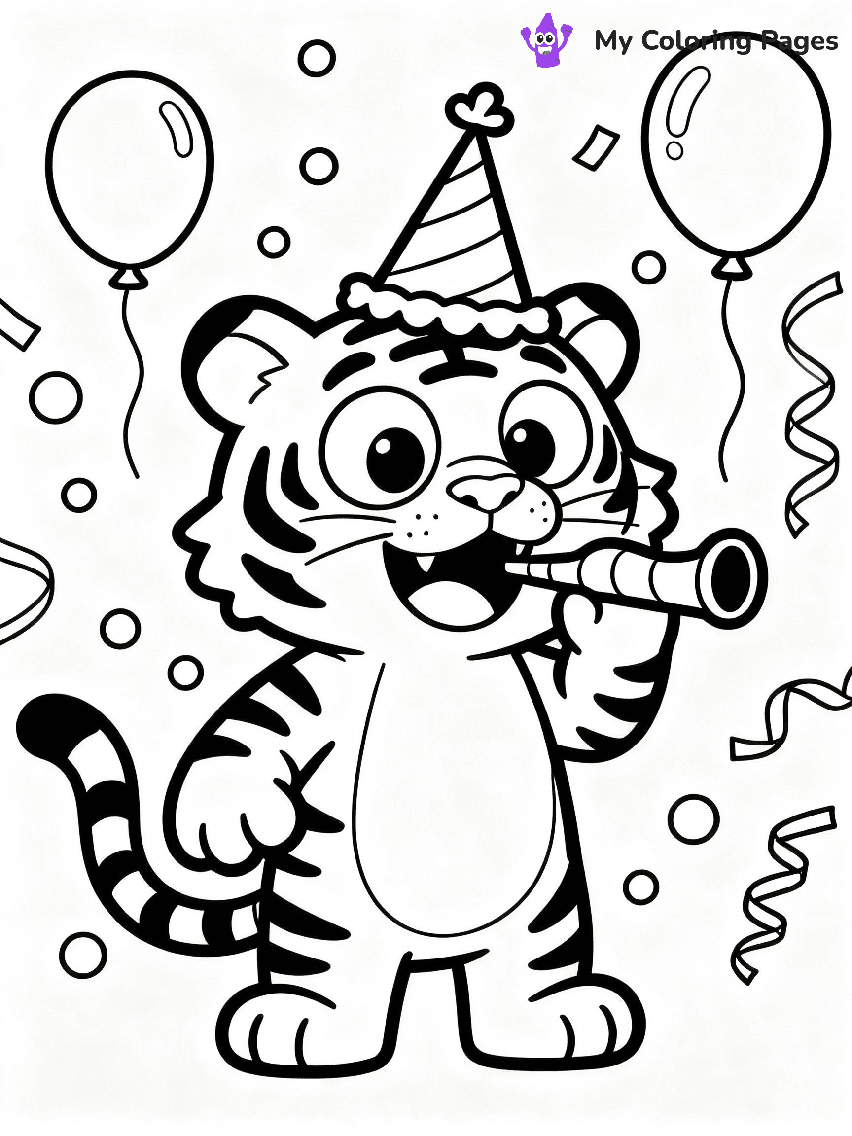 ⚠️ CRITICAL REQUIREMENT - ABSOLUTE BLACK AND WHITE ONLY ⚠️
This MUST be a BLACK AND WHITE line drawing ONLY. NO COLORS whatsoever.
- ONLY pure black lines (#000000) on pure white background (#FFFFFF)
- ABSOLUTELY NO colors, NO shading, NO gradients, NO grayscale
- If there are ANY colors in the output, the image is REJECTED
- This is a COLORING PAGE - meant to be COLORED IN by children
- The output must be UNCOLORED line art ready for coloring
⚠️ SUBJECT TO DRAW: Cartoon tiger with exaggerated features, wearing a party hat, blowing a noisemaker, festive background, cartoon style
(REMEMBER: Output must be BLACK AND WHITE line art only, NOT colored!)
# COLORING PAGE: BLACK OUTLINES ONLY - WHITE BACKGROUND MANDATORY
Create a **coloring book page** using EXACTLY two values: black lines, white space.
## NON-NEGOTIABLE BINARY RULES
- **ONLY #000000 (black) and #FFFFFF (white)** - NO other values exist
- **EVERY PIXEL = BLACK OR WHITE** - no gray/shading/antialiasing
- **WHITE BACKGROUND MANDATORY** - entire canvas stays white
- **ALL SHAPES HOLLOW** - everything is empty outlines waiting to be colored
- **FORBIDDEN:** fills, shading, gradients, patterns, textures, colors
- **NO SOLID REGIONS** - if it's not a thin line, it's wrong
## Universal Line Standards
- Black outlines ONLY - thin, uniform weight
- Every shape completely empty inside
- Closed contours suitable for coloring
- Simple flat illustration - zero depth/3D/realism
- **Style:** Whimsical Doodle Art Alley - rounded, friendly outlines (unless specified)
## Everything = Outline Only
- Characters/animals: hollow shapes
- Objects/clothing: empty contours
- Backgrounds/scenery: line work only
- Natural elements: outlined forms
- Dark/night areas: don't exist (use outlined symbols)
- Textures/patterns: convert to simple lines
## The Test
Can a child color EVERY white space with crayons? If any area is pre-filled/shaded/gray or colored in, it FAILS. Every shape must be waiting to receive color.
**FINAL OUTPUT**: Binary coloring page. Black lines define shapes. White spaces ready for coloring. Nothing else exists. No exceptions. Print-ready.
⚠️ FINAL REMINDER: Draw the subject "Cartoon tiger with exaggerated features, wearing a party hat, blowing a noisemaker, festive background, cartoon style" as BLACK AND WHITE line art. Zero colors in output.