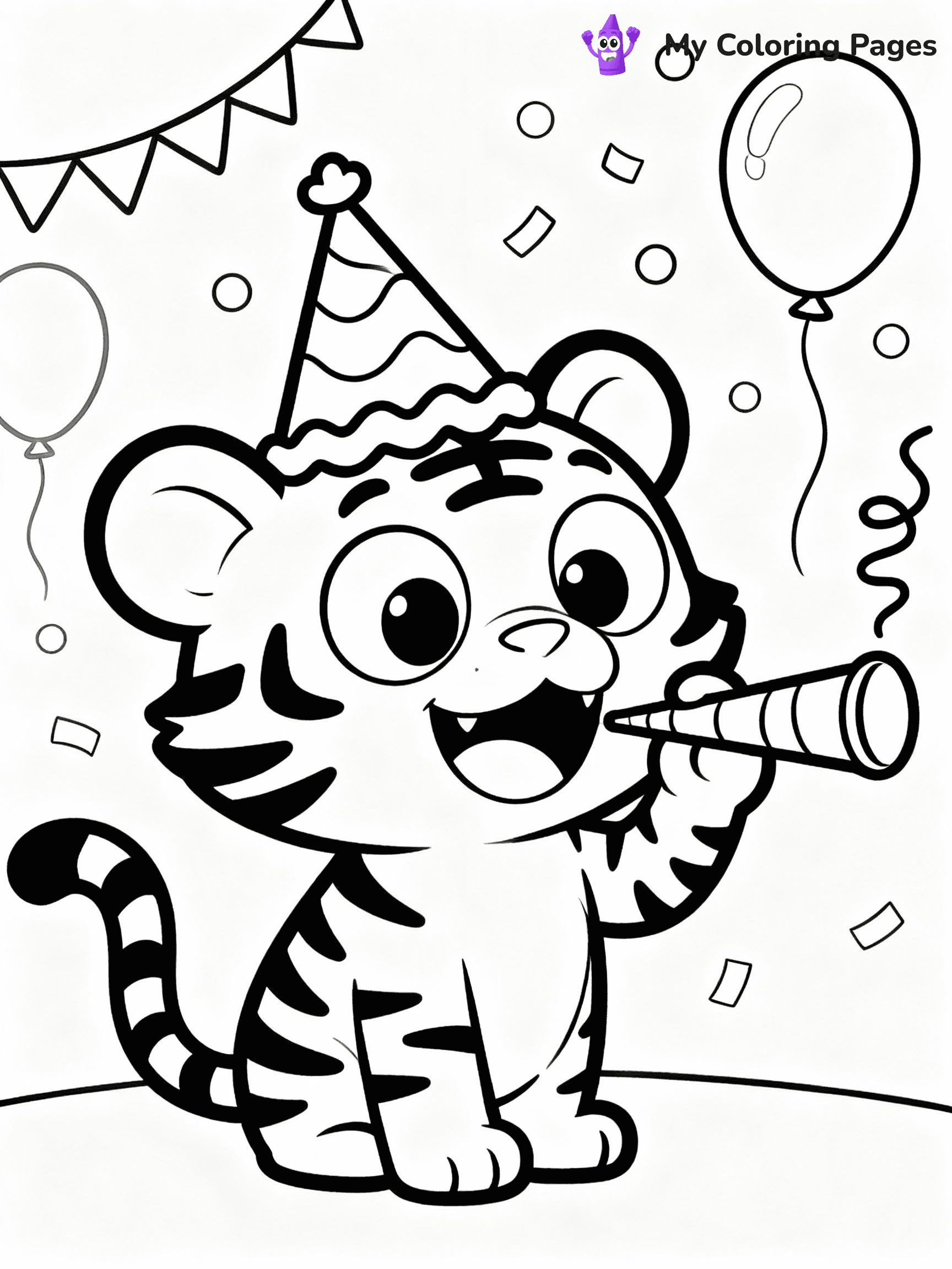 ⚠️ CRITICAL REQUIREMENT - ABSOLUTE BLACK AND WHITE ONLY ⚠️
This MUST be a BLACK AND WHITE line drawing ONLY. NO COLORS whatsoever.
- ONLY pure black lines (#000000) on pure white background (#FFFFFF)
- ABSOLUTELY NO colors, NO shading, NO gradients, NO grayscale
- If there are ANY colors in the output, the image is REJECTED
- This is a COLORING PAGE - meant to be COLORED IN by children
- The output must be UNCOLORED line art ready for coloring
⚠️ SUBJECT TO DRAW: Cartoon tiger with exaggerated features, wearing a party hat, blowing a noisemaker, festive background, cartoon style
(REMEMBER: Output must be BLACK AND WHITE line art only, NOT colored!)
# COLORING PAGE: BLACK OUTLINES ONLY - WHITE BACKGROUND MANDATORY
Create a **coloring book page** using EXACTLY two values: black lines, white space.
## NON-NEGOTIABLE BINARY RULES
- **ONLY #000000 (black) and #FFFFFF (white)** - NO other values exist
- **EVERY PIXEL = BLACK OR WHITE** - no gray/shading/antialiasing
- **WHITE BACKGROUND MANDATORY** - entire canvas stays white
- **ALL SHAPES HOLLOW** - everything is empty outlines waiting to be colored
- **FORBIDDEN:** fills, shading, gradients, patterns, textures, colors
- **NO SOLID REGIONS** - if it's not a thin line, it's wrong
## Universal Line Standards
- Black outlines ONLY - thin, uniform weight
- Every shape completely empty inside
- Closed contours suitable for coloring
- Simple flat illustration - zero depth/3D/realism
- **Style:** Whimsical Doodle Art Alley - rounded, friendly outlines (unless specified)
## Everything = Outline Only
- Characters/animals: hollow shapes
- Objects/clothing: empty contours
- Backgrounds/scenery: line work only
- Natural elements: outlined forms
- Dark/night areas: don't exist (use outlined symbols)
- Textures/patterns: convert to simple lines
## The Test
Can a child color EVERY white space with crayons? If any area is pre-filled/shaded/gray or colored in, it FAILS. Every shape must be waiting to receive color.
**FINAL OUTPUT**: Binary coloring page. Black lines define shapes. White spaces ready for coloring. Nothing else exists. No exceptions. Print-ready.
⚠️ FINAL REMINDER: Draw the subject "Cartoon tiger with exaggerated features, wearing a party hat, blowing a noisemaker, festive background, cartoon style" as BLACK AND WHITE line art. Zero colors in output.