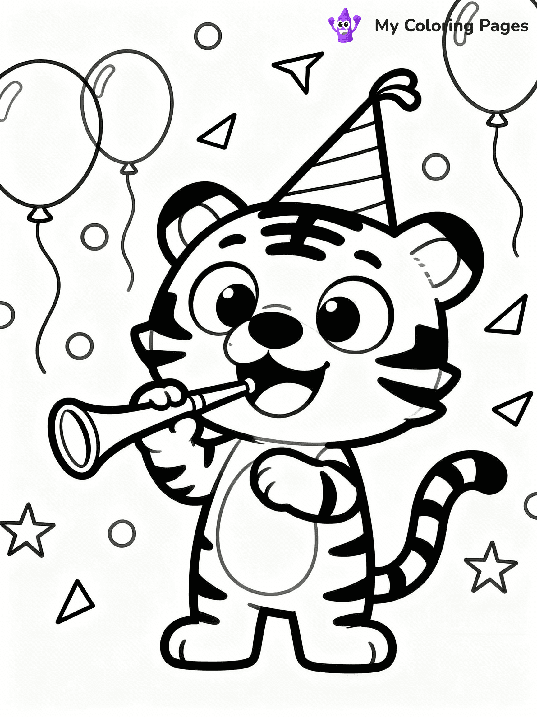 ⚠️ CRITICAL REQUIREMENT - ABSOLUTE BLACK AND WHITE ONLY ⚠️
This MUST be a BLACK AND WHITE line drawing ONLY. NO COLORS whatsoever.
- ONLY pure black lines (#000000) on pure white background (#FFFFFF)
- ABSOLUTELY NO colors, NO shading, NO gradients, NO grayscale
- If there are ANY colors in the output, the image is REJECTED
- This is a COLORING PAGE - meant to be COLORED IN by children
- The output must be UNCOLORED line art ready for coloring
⚠️ SUBJECT TO DRAW: Cartoon tiger with exaggerated features, wearing a party hat, blowing a noisemaker, festive background, cartoon style
(REMEMBER: Output must be BLACK AND WHITE line art only, NOT colored!)
# COLORING PAGE: BLACK OUTLINES ONLY - WHITE BACKGROUND MANDATORY
Create a **coloring book page** using EXACTLY two values: black lines, white space.
## NON-NEGOTIABLE BINARY RULES
- **ONLY #000000 (black) and #FFFFFF (white)** - NO other values exist
- **EVERY PIXEL = BLACK OR WHITE** - no gray/shading/antialiasing
- **WHITE BACKGROUND MANDATORY** - entire canvas stays white
- **ALL SHAPES HOLLOW** - everything is empty outlines waiting to be colored
- **FORBIDDEN:** fills, shading, gradients, patterns, textures, colors
- **NO SOLID REGIONS** - if it's not a thin line, it's wrong
## Universal Line Standards
- Black outlines ONLY - thin, uniform weight
- Every shape completely empty inside
- Closed contours suitable for coloring
- Simple flat illustration - zero depth/3D/realism
- **Style:** Whimsical Doodle Art Alley - rounded, friendly outlines (unless specified)
## Everything = Outline Only
- Characters/animals: hollow shapes
- Objects/clothing: empty contours
- Backgrounds/scenery: line work only
- Natural elements: outlined forms
- Dark/night areas: don't exist (use outlined symbols)
- Textures/patterns: convert to simple lines
## The Test
Can a child color EVERY white space with crayons? If any area is pre-filled/shaded/gray or colored in, it FAILS. Every shape must be waiting to receive color.
**FINAL OUTPUT**: Binary coloring page. Black lines define shapes. White spaces ready for coloring. Nothing else exists. No exceptions. Print-ready.
⚠️ FINAL REMINDER: Draw the subject "Cartoon tiger with exaggerated features, wearing a party hat, blowing a noisemaker, festive background, cartoon style" as BLACK AND WHITE line art. Zero colors in output.