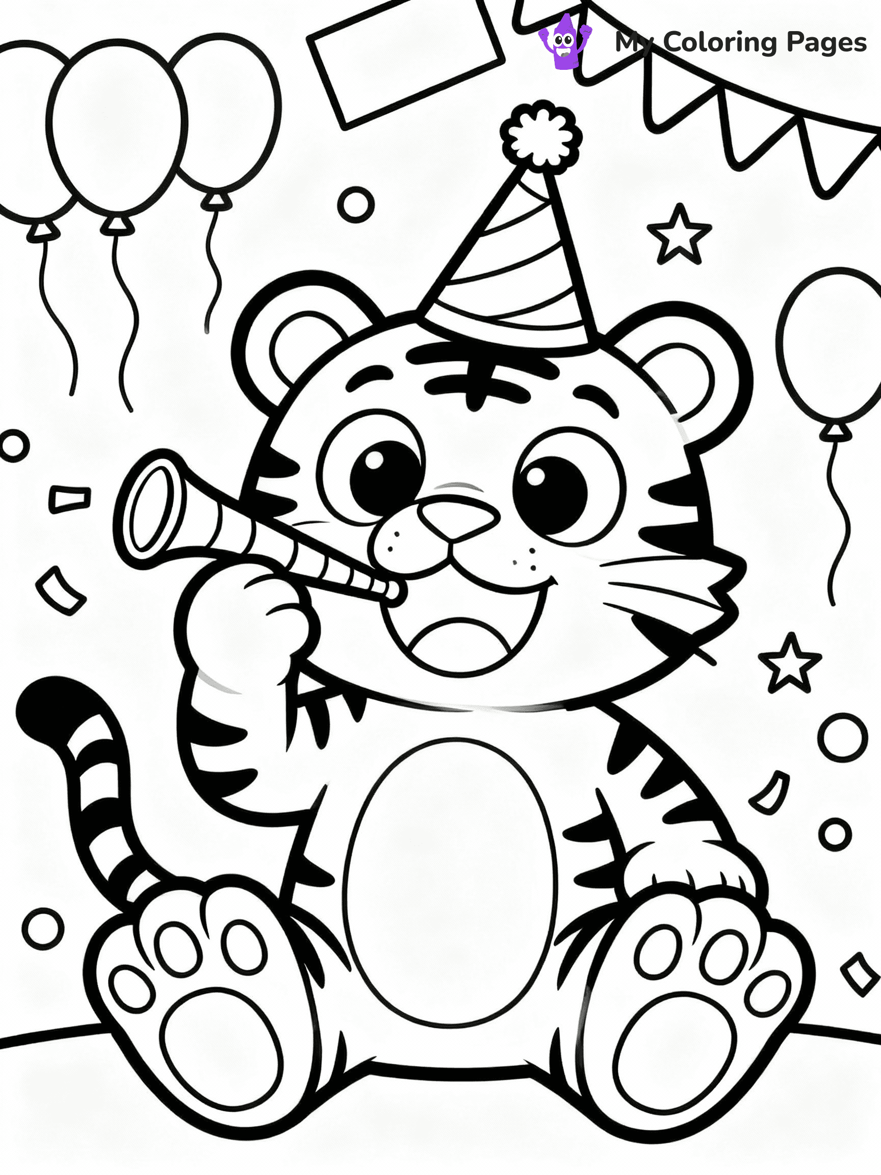 ⚠️ CRITICAL REQUIREMENT - ABSOLUTE BLACK AND WHITE ONLY ⚠️
This MUST be a BLACK AND WHITE line drawing ONLY. NO COLORS whatsoever.
- ONLY pure black lines (#000000) on pure white background (#FFFFFF)
- ABSOLUTELY NO colors, NO shading, NO gradients, NO grayscale
- If there are ANY colors in the output, the image is REJECTED
- This is a COLORING PAGE - meant to be COLORED IN by children
- The output must be UNCOLORED line art ready for coloring
⚠️ SUBJECT TO DRAW: Cartoon tiger with exaggerated features, wearing a party hat, blowing a noisemaker, festive background, cartoon style
(REMEMBER: Output must be BLACK AND WHITE line art only, NOT colored!)
# COLORING PAGE: BLACK OUTLINES ONLY - WHITE BACKGROUND MANDATORY
Create a **coloring book page** using EXACTLY two values: black lines, white space.
## NON-NEGOTIABLE BINARY RULES
- **ONLY #000000 (black) and #FFFFFF (white)** - NO other values exist
- **EVERY PIXEL = BLACK OR WHITE** - no gray/shading/antialiasing
- **WHITE BACKGROUND MANDATORY** - entire canvas stays white
- **ALL SHAPES HOLLOW** - everything is empty outlines waiting to be colored
- **FORBIDDEN:** fills, shading, gradients, patterns, textures, colors
- **NO SOLID REGIONS** - if it's not a thin line, it's wrong
## Universal Line Standards
- Black outlines ONLY - thin, uniform weight
- Every shape completely empty inside
- Closed contours suitable for coloring
- Simple flat illustration - zero depth/3D/realism
- **Style:** Whimsical Doodle Art Alley - rounded, friendly outlines (unless specified)
## Everything = Outline Only
- Characters/animals: hollow shapes
- Objects/clothing: empty contours
- Backgrounds/scenery: line work only
- Natural elements: outlined forms
- Dark/night areas: don't exist (use outlined symbols)
- Textures/patterns: convert to simple lines
## The Test
Can a child color EVERY white space with crayons? If any area is pre-filled/shaded/gray or colored in, it FAILS. Every shape must be waiting to receive color.
**FINAL OUTPUT**: Binary coloring page. Black lines define shapes. White spaces ready for coloring. Nothing else exists. No exceptions. Print-ready.
⚠️ FINAL REMINDER: Draw the subject "Cartoon tiger with exaggerated features, wearing a party hat, blowing a noisemaker, festive background, cartoon style" as BLACK AND WHITE line art. Zero colors in output.