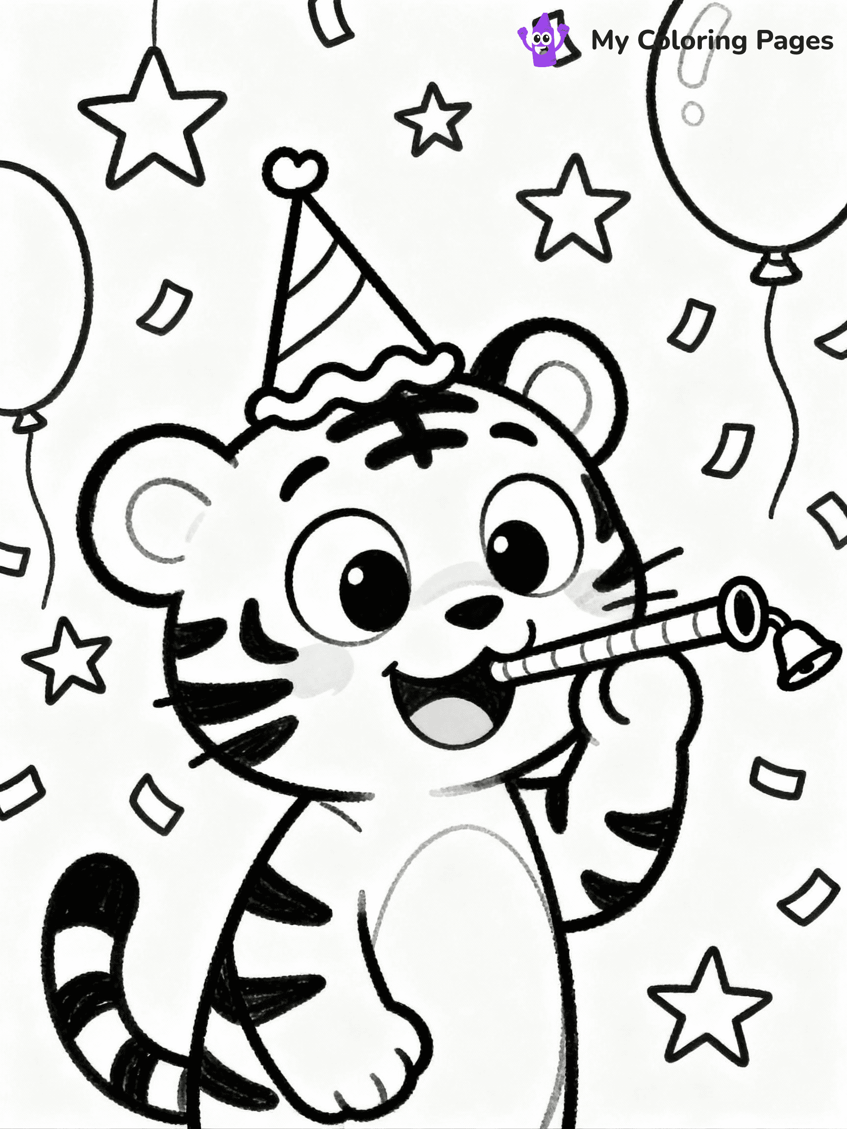 ⚠️ CRITICAL REQUIREMENT - ABSOLUTE BLACK AND WHITE ONLY ⚠️
This MUST be a BLACK AND WHITE line drawing ONLY. NO COLORS whatsoever.
- ONLY pure black lines (#000000) on pure white background (#FFFFFF)
- ABSOLUTELY NO colors, NO shading, NO gradients, NO grayscale
- If there are ANY colors in the output, the image is REJECTED
- This is a COLORING PAGE - meant to be COLORED IN by children
- The output must be UNCOLORED line art ready for coloring
⚠️ SUBJECT TO DRAW: Cartoon tiger with exaggerated features, wearing a party hat, blowing a noisemaker, festive background, cartoon style
(REMEMBER: Output must be BLACK AND WHITE line art only, NOT colored!)
# COLORING PAGE: BLACK OUTLINES ONLY - WHITE BACKGROUND MANDATORY
Create a **coloring book page** using EXACTLY two values: black lines, white space.
## NON-NEGOTIABLE BINARY RULES
- **ONLY #000000 (black) and #FFFFFF (white)** - NO other values exist
- **EVERY PIXEL = BLACK OR WHITE** - no gray/shading/antialiasing
- **WHITE BACKGROUND MANDATORY** - entire canvas stays white
- **ALL SHAPES HOLLOW** - everything is empty outlines waiting to be colored
- **FORBIDDEN:** fills, shading, gradients, patterns, textures, colors
- **NO SOLID REGIONS** - if it's not a thin line, it's wrong
## Universal Line Standards
- Black outlines ONLY - thin, uniform weight
- Every shape completely empty inside
- Closed contours suitable for coloring
- Simple flat illustration - zero depth/3D/realism
- **Style:** Whimsical Doodle Art Alley - rounded, friendly outlines (unless specified)
## Everything = Outline Only
- Characters/animals: hollow shapes
- Objects/clothing: empty contours
- Backgrounds/scenery: line work only
- Natural elements: outlined forms
- Dark/night areas: don't exist (use outlined symbols)
- Textures/patterns: convert to simple lines
## The Test
Can a child color EVERY white space with crayons? If any area is pre-filled/shaded/gray or colored in, it FAILS. Every shape must be waiting to receive color.
**FINAL OUTPUT**: Binary coloring page. Black lines define shapes. White spaces ready for coloring. Nothing else exists. No exceptions. Print-ready.
⚠️ FINAL REMINDER: Draw the subject "Cartoon tiger with exaggerated features, wearing a party hat, blowing a noisemaker, festive background, cartoon style" as BLACK AND WHITE line art. Zero colors in output.