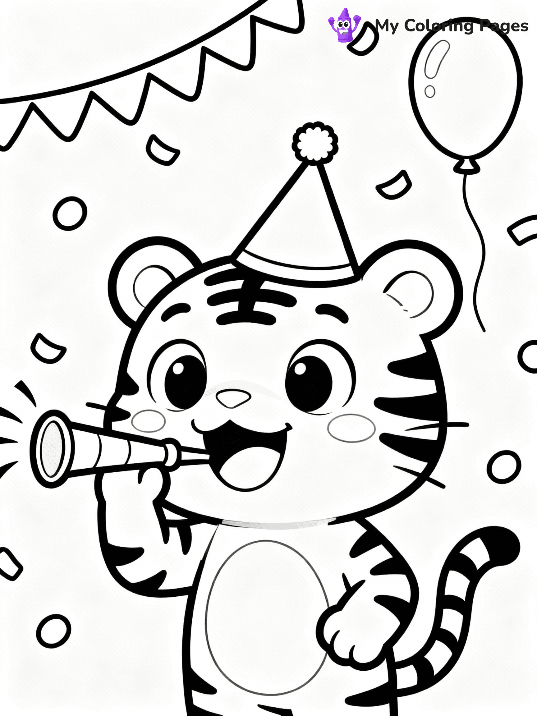 ⚠️ CRITICAL REQUIREMENT - ABSOLUTE BLACK AND WHITE ONLY ⚠️
This MUST be a BLACK AND WHITE line drawing ONLY. NO COLORS whatsoever.
- ONLY pure black lines (#000000) on pure white background (#FFFFFF)
- ABSOLUTELY NO colors, NO shading, NO gradients, NO grayscale
- If there are ANY colors in the output, the image is REJECTED
- This is a COLORING PAGE - meant to be COLORED IN by children
- The output must be UNCOLORED line art ready for coloring
⚠️ SUBJECT TO DRAW: Cartoon tiger with exaggerated features, wearing a party hat, blowing a noisemaker, festive background, cartoon style
(REMEMBER: Output must be BLACK AND WHITE line art only, NOT colored!)
# COLORING PAGE: BLACK OUTLINES ONLY - WHITE BACKGROUND MANDATORY
Create a **coloring book page** using EXACTLY two values: black lines, white space.
## NON-NEGOTIABLE BINARY RULES
- **ONLY #000000 (black) and #FFFFFF (white)** - NO other values exist
- **EVERY PIXEL = BLACK OR WHITE** - no gray/shading/antialiasing
- **WHITE BACKGROUND MANDATORY** - entire canvas stays white
- **ALL SHAPES HOLLOW** - everything is empty outlines waiting to be colored
- **FORBIDDEN:** fills, shading, gradients, patterns, textures, colors
- **NO SOLID REGIONS** - if it's not a thin line, it's wrong
## Universal Line Standards
- Black outlines ONLY - thin, uniform weight
- Every shape completely empty inside
- Closed contours suitable for coloring
- Simple flat illustration - zero depth/3D/realism
- **Style:** Whimsical Doodle Art Alley - rounded, friendly outlines (unless specified)
## Everything = Outline Only
- Characters/animals: hollow shapes
- Objects/clothing: empty contours
- Backgrounds/scenery: line work only
- Natural elements: outlined forms
- Dark/night areas: don't exist (use outlined symbols)
- Textures/patterns: convert to simple lines
## The Test
Can a child color EVERY white space with crayons? If any area is pre-filled/shaded/gray or colored in, it FAILS. Every shape must be waiting to receive color.
**FINAL OUTPUT**: Binary coloring page. Black lines define shapes. White spaces ready for coloring. Nothing else exists. No exceptions. Print-ready.
⚠️ FINAL REMINDER: Draw the subject "Cartoon tiger with exaggerated features, wearing a party hat, blowing a noisemaker, festive background, cartoon style" as BLACK AND WHITE line art. Zero colors in output.
