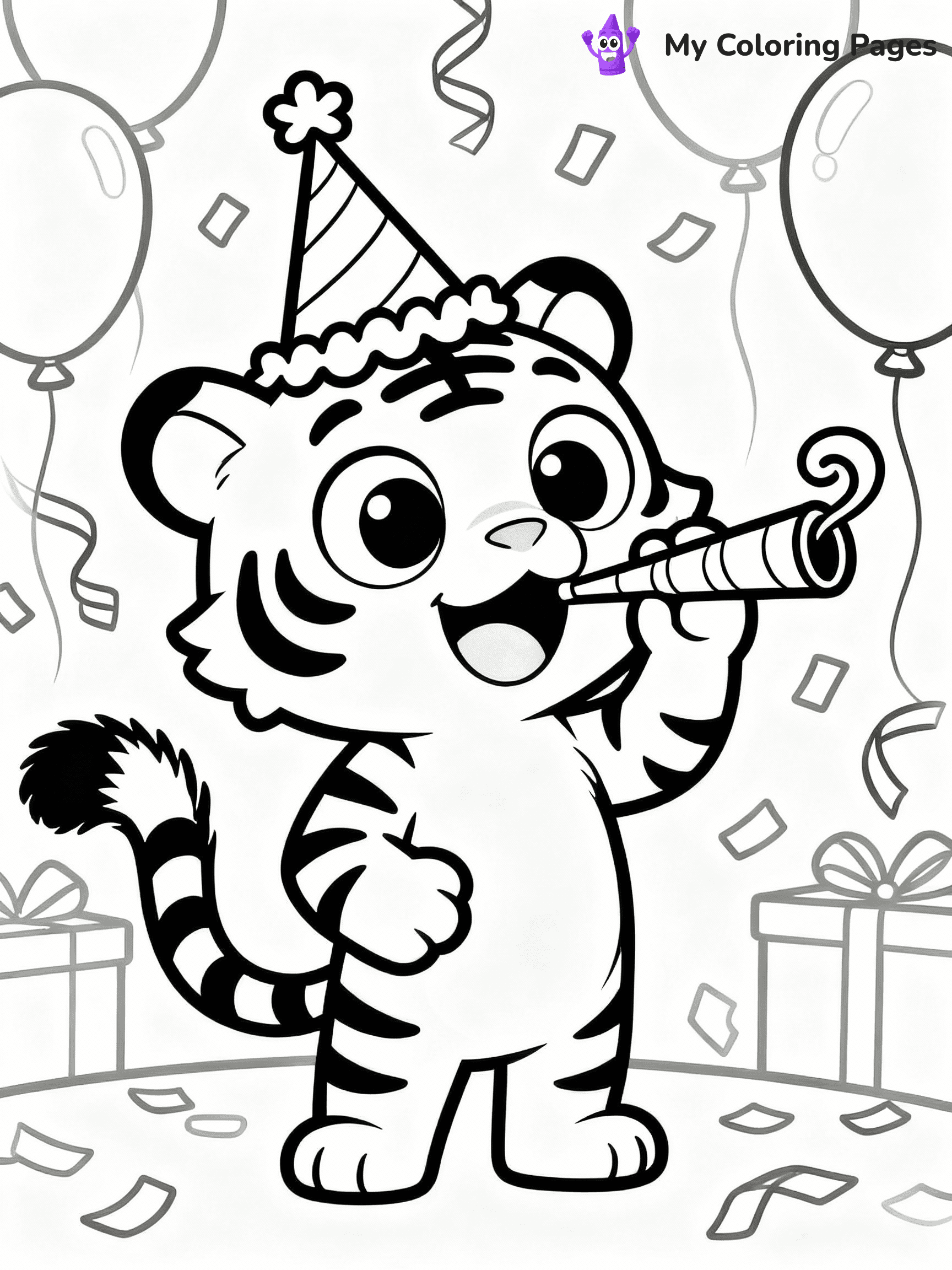 ⚠️ CRITICAL REQUIREMENT - ABSOLUTE BLACK AND WHITE ONLY ⚠️
This MUST be a BLACK AND WHITE line drawing ONLY. NO COLORS whatsoever.
- ONLY pure black lines (#000000) on pure white background (#FFFFFF)
- ABSOLUTELY NO colors, NO shading, NO gradients, NO grayscale
- If there are ANY colors in the output, the image is REJECTED
- This is a COLORING PAGE - meant to be COLORED IN by children
- The output must be UNCOLORED line art ready for coloring
⚠️ SUBJECT TO DRAW: Cartoon tiger with exaggerated features, wearing a party hat, blowing a noisemaker, festive background, cartoon style
(REMEMBER: Output must be BLACK AND WHITE line art only, NOT colored!)
# COLORING PAGE: BLACK OUTLINES ONLY - WHITE BACKGROUND MANDATORY
Create a **coloring book page** using EXACTLY two values: black lines, white space.
## NON-NEGOTIABLE BINARY RULES
- **ONLY #000000 (black) and #FFFFFF (white)** - NO other values exist
- **EVERY PIXEL = BLACK OR WHITE** - no gray/shading/antialiasing
- **WHITE BACKGROUND MANDATORY** - entire canvas stays white
- **ALL SHAPES HOLLOW** - everything is empty outlines waiting to be colored
- **FORBIDDEN:** fills, shading, gradients, patterns, textures, colors
- **NO SOLID REGIONS** - if it's not a thin line, it's wrong
## Universal Line Standards
- Black outlines ONLY - thin, uniform weight
- Every shape completely empty inside
- Closed contours suitable for coloring
- Simple flat illustration - zero depth/3D/realism
- **Style:** Whimsical Doodle Art Alley - rounded, friendly outlines (unless specified)
## Everything = Outline Only
- Characters/animals: hollow shapes
- Objects/clothing: empty contours
- Backgrounds/scenery: line work only
- Natural elements: outlined forms
- Dark/night areas: don't exist (use outlined symbols)
- Textures/patterns: convert to simple lines
## The Test
Can a child color EVERY white space with crayons? If any area is pre-filled/shaded/gray or colored in, it FAILS. Every shape must be waiting to receive color.
**FINAL OUTPUT**: Binary coloring page. Black lines define shapes. White spaces ready for coloring. Nothing else exists. No exceptions. Print-ready.
⚠️ FINAL REMINDER: Draw the subject "Cartoon tiger with exaggerated features, wearing a party hat, blowing a noisemaker, festive background, cartoon style" as BLACK AND WHITE line art. Zero colors in output.