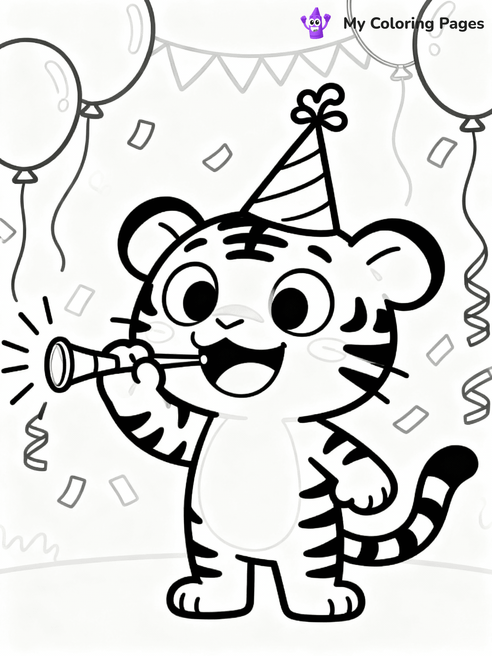 ⚠️ CRITICAL REQUIREMENT - ABSOLUTE BLACK AND WHITE ONLY ⚠️
This MUST be a BLACK AND WHITE line drawing ONLY. NO COLORS whatsoever.
- ONLY pure black lines (#000000) on pure white background (#FFFFFF)
- ABSOLUTELY NO colors, NO shading, NO gradients, NO grayscale
- If there are ANY colors in the output, the image is REJECTED
- This is a COLORING PAGE - meant to be COLORED IN by children
- The output must be UNCOLORED line art ready for coloring
⚠️ SUBJECT TO DRAW: Cartoon tiger with exaggerated features, wearing a party hat, blowing a noisemaker, festive background, cartoon style
(REMEMBER: Output must be BLACK AND WHITE line art only, NOT colored!)
# COLORING PAGE: BLACK OUTLINES ONLY - WHITE BACKGROUND MANDATORY
Create a **coloring book page** using EXACTLY two values: black lines, white space.
## NON-NEGOTIABLE BINARY RULES
- **ONLY #000000 (black) and #FFFFFF (white)** - NO other values exist
- **EVERY PIXEL = BLACK OR WHITE** - no gray/shading/antialiasing
- **WHITE BACKGROUND MANDATORY** - entire canvas stays white
- **ALL SHAPES HOLLOW** - everything is empty outlines waiting to be colored
- **FORBIDDEN:** fills, shading, gradients, patterns, textures, colors
- **NO SOLID REGIONS** - if it's not a thin line, it's wrong
## Universal Line Standards
- Black outlines ONLY - thin, uniform weight
- Every shape completely empty inside
- Closed contours suitable for coloring
- Simple flat illustration - zero depth/3D/realism
- **Style:** Whimsical Doodle Art Alley - rounded, friendly outlines (unless specified)
## Everything = Outline Only
- Characters/animals: hollow shapes
- Objects/clothing: empty contours
- Backgrounds/scenery: line work only
- Natural elements: outlined forms
- Dark/night areas: don't exist (use outlined symbols)
- Textures/patterns: convert to simple lines
## The Test
Can a child color EVERY white space with crayons? If any area is pre-filled/shaded/gray or colored in, it FAILS. Every shape must be waiting to receive color.
**FINAL OUTPUT**: Binary coloring page. Black lines define shapes. White spaces ready for coloring. Nothing else exists. No exceptions. Print-ready.
⚠️ FINAL REMINDER: Draw the subject "Cartoon tiger with exaggerated features, wearing a party hat, blowing a noisemaker, festive background, cartoon style" as BLACK AND WHITE line art. Zero colors in output.