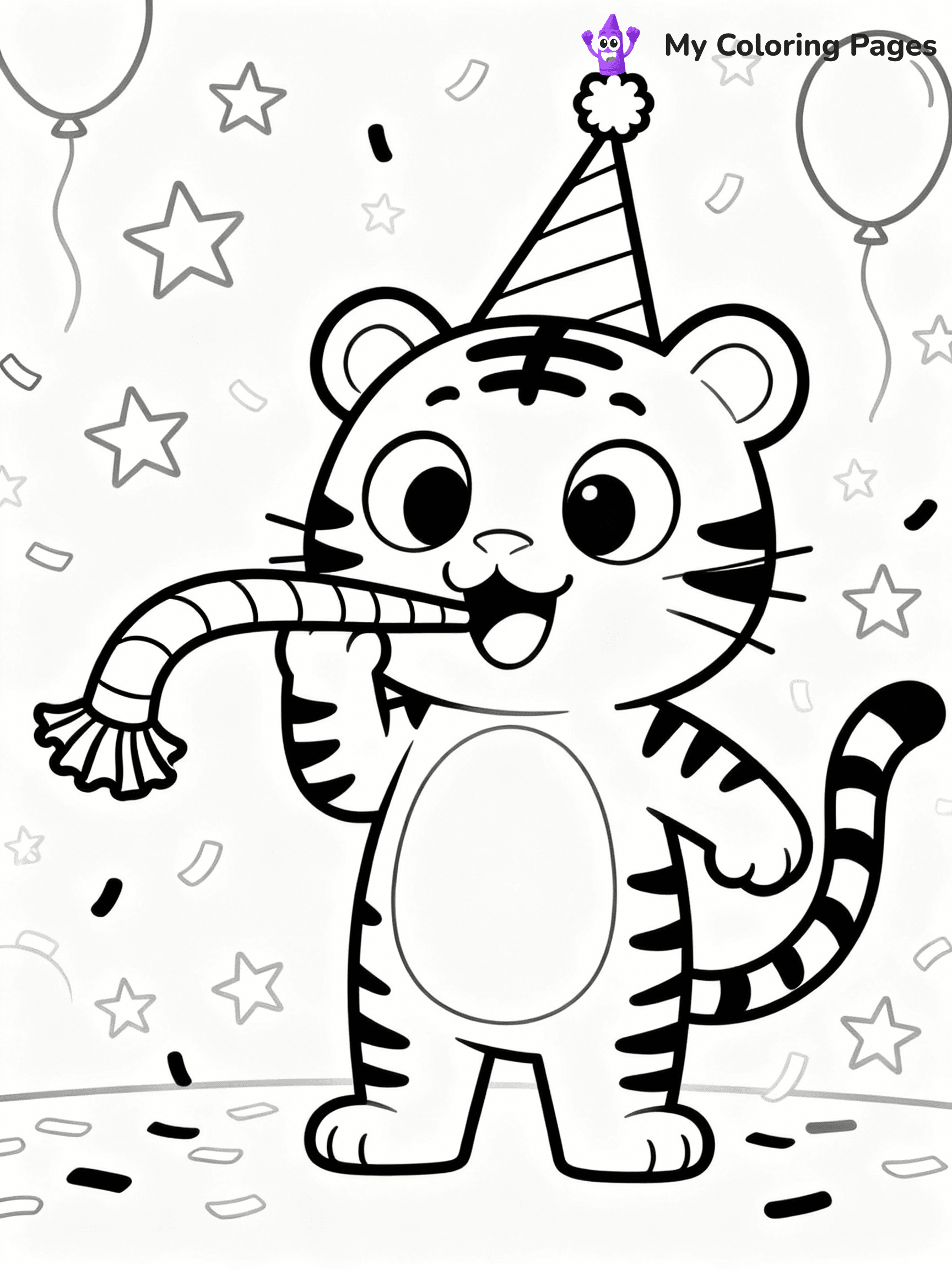 ⚠️ CRITICAL REQUIREMENT - ABSOLUTE BLACK AND WHITE ONLY ⚠️
This MUST be a BLACK AND WHITE line drawing ONLY. NO COLORS whatsoever.
- ONLY pure black lines (#000000) on pure white background (#FFFFFF)
- ABSOLUTELY NO colors, NO shading, NO gradients, NO grayscale
- If there are ANY colors in the output, the image is REJECTED
- This is a COLORING PAGE - meant to be COLORED IN by children
- The output must be UNCOLORED line art ready for coloring
⚠️ SUBJECT TO DRAW: Cartoon tiger with exaggerated features, wearing a party hat, blowing a noisemaker, festive background, cartoon style
(REMEMBER: Output must be BLACK AND WHITE line art only, NOT colored!)
# COLORING PAGE: BLACK OUTLINES ONLY - WHITE BACKGROUND MANDATORY
Create a **coloring book page** using EXACTLY two values: black lines, white space.
## NON-NEGOTIABLE BINARY RULES
- **ONLY #000000 (black) and #FFFFFF (white)** - NO other values exist
- **EVERY PIXEL = BLACK OR WHITE** - no gray/shading/antialiasing
- **WHITE BACKGROUND MANDATORY** - entire canvas stays white
- **ALL SHAPES HOLLOW** - everything is empty outlines waiting to be colored
- **FORBIDDEN:** fills, shading, gradients, patterns, textures, colors
- **NO SOLID REGIONS** - if it's not a thin line, it's wrong
## Universal Line Standards
- Black outlines ONLY - thin, uniform weight
- Every shape completely empty inside
- Closed contours suitable for coloring
- Simple flat illustration - zero depth/3D/realism
- **Style:** Whimsical Doodle Art Alley - rounded, friendly outlines (unless specified)
## Everything = Outline Only
- Characters/animals: hollow shapes
- Objects/clothing: empty contours
- Backgrounds/scenery: line work only
- Natural elements: outlined forms
- Dark/night areas: don't exist (use outlined symbols)
- Textures/patterns: convert to simple lines
## The Test
Can a child color EVERY white space with crayons? If any area is pre-filled/shaded/gray or colored in, it FAILS. Every shape must be waiting to receive color.
**FINAL OUTPUT**: Binary coloring page. Black lines define shapes. White spaces ready for coloring. Nothing else exists. No exceptions. Print-ready.
⚠️ FINAL REMINDER: Draw the subject "Cartoon tiger with exaggerated features, wearing a party hat, blowing a noisemaker, festive background, cartoon style" as BLACK AND WHITE line art. Zero colors in output.