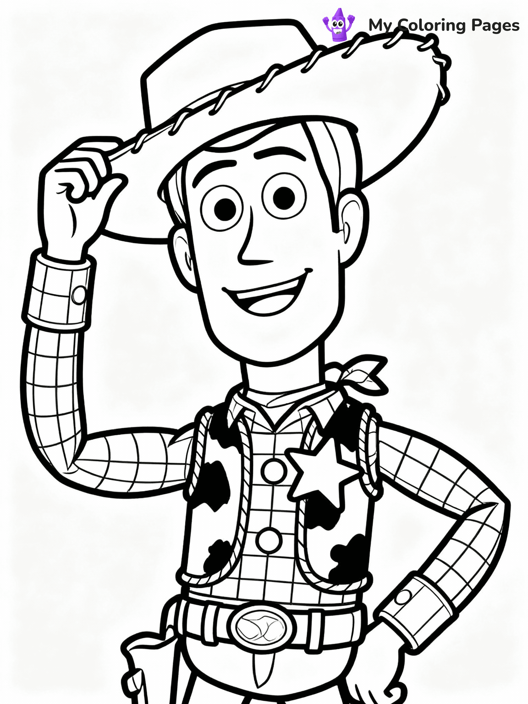 ⚠️ CRITICAL REQUIREMENT - ABSOLUTE BLACK AND WHITE ONLY ⚠️
This MUST be a BLACK AND WHITE line drawing ONLY. NO COLORS whatsoever.
- ONLY pure black lines (#000000) on pure white background (#FFFFFF)
- ABSOLUTELY NO colors, NO shading, NO gradients, NO grayscale
- If there are ANY colors in the output, the image is REJECTED
- This is a COLORING PAGE - meant to be COLORED IN by children
- The output must be UNCOLORED line art ready for coloring
⚠️ SUBJECT TO DRAW: Woody from Toy Story in Toy Story animation style, tipping hat, smiling face, sheriff badge shining
(REMEMBER: Output must be BLACK AND WHITE line art only, NOT colored!)
# COLORING PAGE: BLACK OUTLINES ONLY - WHITE BACKGROUND MANDATORY
Create a **coloring book page** using EXACTLY two values: black lines, white space.
## NON-NEGOTIABLE BINARY RULES
- **ONLY #000000 (black) and #FFFFFF (white)** - NO other values exist
- **EVERY PIXEL = BLACK OR WHITE** - no gray/shading/antialiasing
- **WHITE BACKGROUND MANDATORY** - entire canvas stays white
- **ALL SHAPES HOLLOW** - everything is empty outlines waiting to be colored
- **FORBIDDEN:** fills, shading, gradients, patterns, textures, colors
- **NO SOLID REGIONS** - if it's not a thin line, it's wrong
## Universal Line Standards
- Black outlines ONLY - thin, uniform weight
- Every shape completely empty inside
- Closed contours suitable for coloring
- Simple flat illustration - zero depth/3D/realism
- **Style:** Whimsical Doodle Art Alley - rounded, friendly outlines (unless specified)
## Everything = Outline Only
- Characters/animals: hollow shapes
- Objects/clothing: empty contours
- Backgrounds/scenery: line work only
- Natural elements: outlined forms
- Dark/night areas: don't exist (use outlined symbols)
- Textures/patterns: convert to simple lines
## The Test
Can a child color EVERY white space with crayons? If any area is pre-filled/shaded/gray or colored in, it FAILS. Every shape must be waiting to receive color.
**FINAL OUTPUT**: Binary coloring page. Black lines define shapes. White spaces ready for coloring. Nothing else exists. No exceptions. Print-ready.
⚠️ FINAL REMINDER: Draw the subject "Woody from Toy Story in Toy Story animation style, tipping hat, smiling face, sheriff badge shining" as BLACK AND WHITE line art. Zero colors in output.