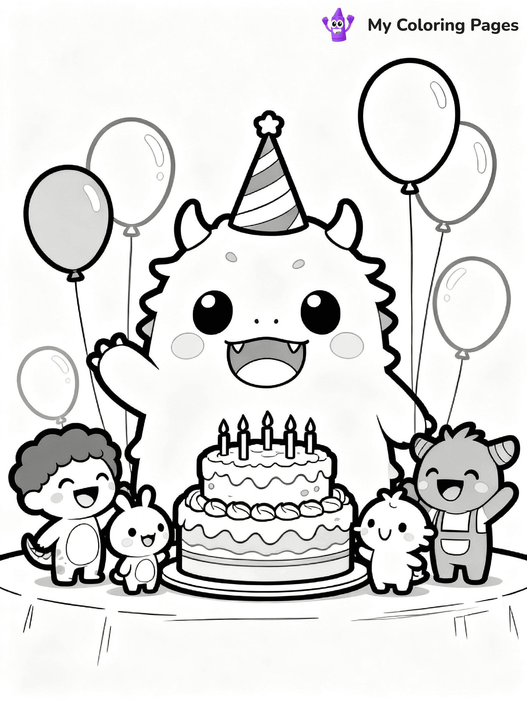 ⚠️ CRITICAL REQUIREMENT - ABSOLUTE BLACK AND WHITE ONLY ⚠️
This MUST be a BLACK AND WHITE line drawing ONLY. NO COLORS whatsoever.
- ONLY pure black lines (#000000) on pure white background (#FFFFFF)
- ABSOLUTELY NO colors, NO shading, NO gradients, NO grayscale
- If there are ANY colors in the output, the image is REJECTED
- This is a COLORING PAGE - meant to be COLORED IN by children
- The output must be UNCOLORED line art ready for coloring
⚠️ SUBJECT TO DRAW: Labubu from The Monsters celebrating a birthday party, wearing a party hat, surrounded by balloons and a large cake, friends gathered around smiling joyfully. Important: PURE OUTLINES. NO FILLS, COLOR, SHADING, OR GREYSCALE. WHITE BACKGROUND.
(REMEMBER: Output must be BLACK AND WHITE line art only, NOT colored!)
# Flat, Friendly Cartoon Line-Art Coloring Page
You are generating a **pure black-and-white binary image** of a child-friendly cartoon scene combining characters and background scenery in one cohesive composition.
## Rendering Rules (Strict)
- Only two colors: pure black (#000000) outlines and pure white (#FFFFFF) background.
- No grayscale, shading, gradients, tints, fills, transparency, or partial pixels.
- No antialiasing or blended edges; every pixel is 100% black or white.
- No solid black fills inside shapes — all areas inside outlines must remain white.
- No dark clothing areas or filled tone blocks; all garments outlined only.
- No shadows, textures, lighting, or tonal variations.
- Must look like flat binary vector line-art for coloring pages.
## Drawing & Composition
- **Medium, consistent line weight**; clean closed outlines easy to color inside.
- **Flat, simple, child-friendly design** — no realism or 3D depth.
- Characters are **grounded on a surface**, centered and large.
- **Balanced composition** with clear silhouettes and minimal props.
## Scenery & Style
- Landmarks (e.g., mosque, CN Tower) and scenery (trees, benches, waves) drawn with **black outlines only.**
- For real-world figures, teams, or places, show accurate details using only black outlines—no text or logos. Use distinctive uniform patterns, abstract symbols, and landmark silhouettes to convey identity.
- Keep **consistent perspective**; no floating elements.
- **Style:** whimsical **Doodle Art Alley** — rounded, friendly outlines.
- May adapt shapes from **Crayola, Disney, Peppa Pig, Cocomelon** — *by shape only, never color.*
- Final output: **flat, crisp, binary (#000000/#FFFFFF)**, **no filled color or background text.**
EXTREMELYE IMPORTANT:
- PURE BINARY LINE-ART; NO FILLS (HAIR/CLOTHES/SKIN), SHADING, OR GREY.
- NO SHADING, COLOR. MUST BE WHITE BACKGROUND.
⚠️ FINAL REMINDER: Draw the subject "Labubu from The Monsters celebrating a birthday party, wearing a party hat, surrounded by balloons and a large cake, friends gathered around smiling joyfully. Important: PURE OUTLINES. NO FILLS, COLOR, SHADING, OR GREYSCALE. WHITE BACKGROUND." as BLACK AND WHITE line art. Zero colors in output.