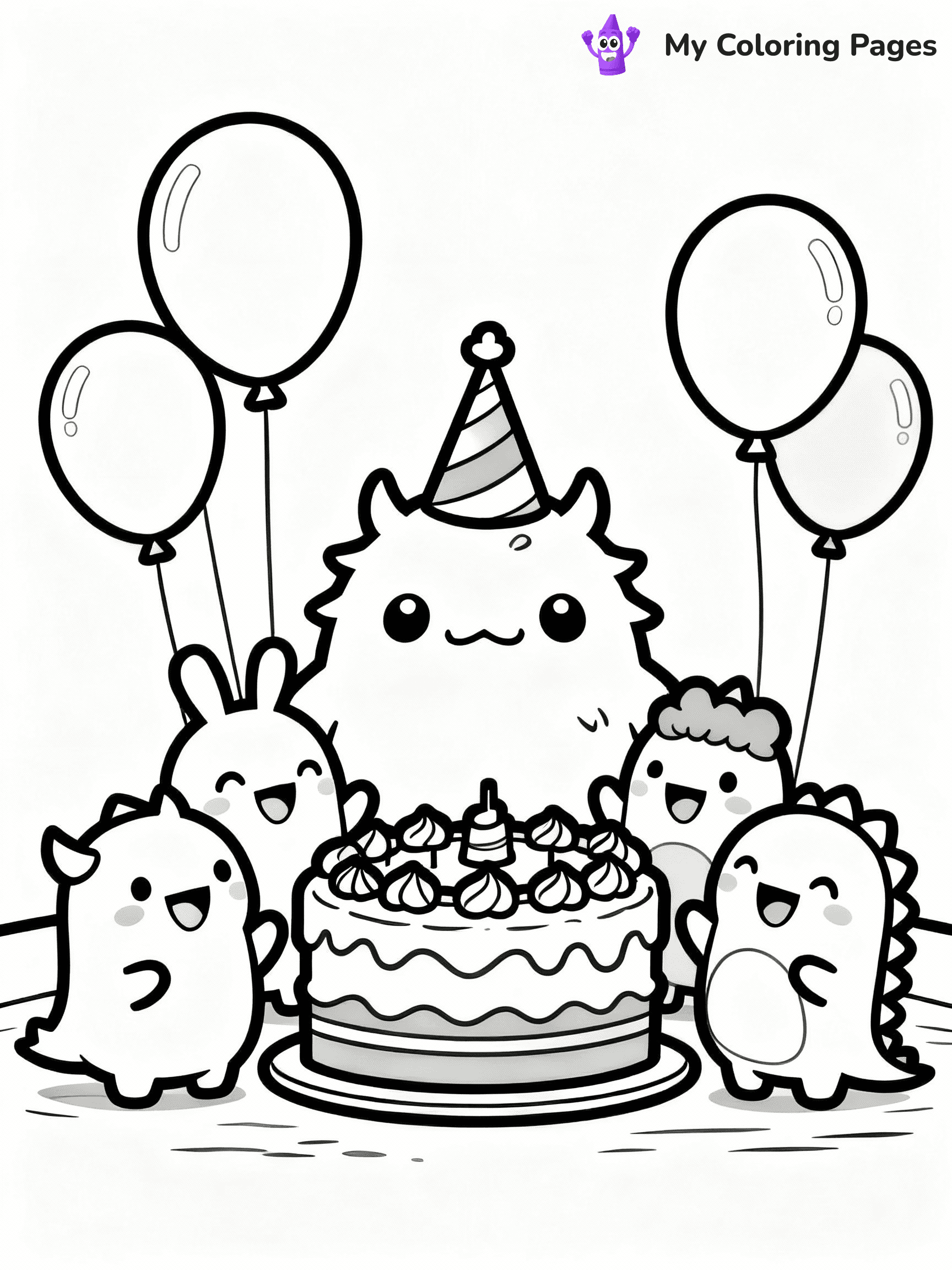 ⚠️ CRITICAL REQUIREMENT - ABSOLUTE BLACK AND WHITE ONLY ⚠️
This MUST be a BLACK AND WHITE line drawing ONLY. NO COLORS whatsoever.
- ONLY pure black lines (#000000) on pure white background (#FFFFFF)
- ABSOLUTELY NO colors, NO shading, NO gradients, NO grayscale
- If there are ANY colors in the output, the image is REJECTED
- This is a COLORING PAGE - meant to be COLORED IN by children
- The output must be UNCOLORED line art ready for coloring
⚠️ SUBJECT TO DRAW: Labubu from The Monsters celebrating a birthday party, wearing a party hat, surrounded by balloons and a large cake, friends gathered around smiling joyfully. Important: PURE OUTLINES. NO FILLS, COLOR, SHADING, OR GREYSCALE. WHITE BACKGROUND.
(REMEMBER: Output must be BLACK AND WHITE line art only, NOT colored!)
# Flat, Friendly Cartoon Line-Art Coloring Page
You are generating a **pure black-and-white binary image** of a child-friendly cartoon scene combining characters and background scenery in one cohesive composition.
## Rendering Rules (Strict)
- Only two colors: pure black (#000000) outlines and pure white (#FFFFFF) background.
- No grayscale, shading, gradients, tints, fills, transparency, or partial pixels.
- No antialiasing or blended edges; every pixel is 100% black or white.
- No solid black fills inside shapes — all areas inside outlines must remain white.
- No dark clothing areas or filled tone blocks; all garments outlined only.
- No shadows, textures, lighting, or tonal variations.
- Must look like flat binary vector line-art for coloring pages.
## Drawing & Composition
- **Medium, consistent line weight**; clean closed outlines easy to color inside.
- **Flat, simple, child-friendly design** — no realism or 3D depth.
- Characters are **grounded on a surface**, centered and large.
- **Balanced composition** with clear silhouettes and minimal props.
## Scenery & Style
- Landmarks (e.g., mosque, CN Tower) and scenery (trees, benches, waves) drawn with **black outlines only.**
- For real-world figures, teams, or places, show accurate details using only black outlines—no text or logos. Use distinctive uniform patterns, abstract symbols, and landmark silhouettes to convey identity.
- Keep **consistent perspective**; no floating elements.
- **Style:** whimsical **Doodle Art Alley** — rounded, friendly outlines.
- May adapt shapes from **Crayola, Disney, Peppa Pig, Cocomelon** — *by shape only, never color.*
- Final output: **flat, crisp, binary (#000000/#FFFFFF)**, **no filled color or background text.**
EXTREMELYE IMPORTANT:
- PURE BINARY LINE-ART; NO FILLS (HAIR/CLOTHES/SKIN), SHADING, OR GREY.
- NO SHADING, COLOR. MUST BE WHITE BACKGROUND.
⚠️ FINAL REMINDER: Draw the subject "Labubu from The Monsters celebrating a birthday party, wearing a party hat, surrounded by balloons and a large cake, friends gathered around smiling joyfully. Important: PURE OUTLINES. NO FILLS, COLOR, SHADING, OR GREYSCALE. WHITE BACKGROUND." as BLACK AND WHITE line art. Zero colors in output.