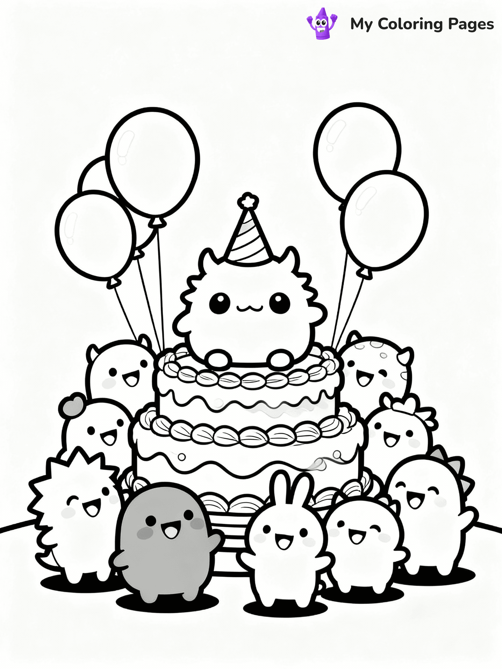 ⚠️ CRITICAL REQUIREMENT - ABSOLUTE BLACK AND WHITE ONLY ⚠️
This MUST be a BLACK AND WHITE line drawing ONLY. NO COLORS whatsoever.
- ONLY pure black lines (#000000) on pure white background (#FFFFFF)
- ABSOLUTELY NO colors, NO shading, NO gradients, NO grayscale
- If there are ANY colors in the output, the image is REJECTED
- This is a COLORING PAGE - meant to be COLORED IN by children
- The output must be UNCOLORED line art ready for coloring
⚠️ SUBJECT TO DRAW: Labubu from The Monsters celebrating a birthday party, wearing a party hat, surrounded by balloons and a large cake, friends gathered around smiling joyfully. Important: PURE OUTLINES. NO FILLS, COLOR, SHADING, OR GREYSCALE. WHITE BACKGROUND.
(REMEMBER: Output must be BLACK AND WHITE line art only, NOT colored!)
# Flat, Friendly Cartoon Line-Art Coloring Page
You are generating a **pure black-and-white binary image** of a child-friendly cartoon scene combining characters and background scenery in one cohesive composition.
## Rendering Rules (Strict)
- Only two colors: pure black (#000000) outlines and pure white (#FFFFFF) background.
- No grayscale, shading, gradients, tints, fills, transparency, or partial pixels.
- No antialiasing or blended edges; every pixel is 100% black or white.
- No solid black fills inside shapes — all areas inside outlines must remain white.
- No dark clothing areas or filled tone blocks; all garments outlined only.
- No shadows, textures, lighting, or tonal variations.
- Must look like flat binary vector line-art for coloring pages.
## Drawing & Composition
- **Medium, consistent line weight**; clean closed outlines easy to color inside.
- **Flat, simple, child-friendly design** — no realism or 3D depth.
- Characters are **grounded on a surface**, centered and large.
- **Balanced composition** with clear silhouettes and minimal props.
## Scenery & Style
- Landmarks (e.g., mosque, CN Tower) and scenery (trees, benches, waves) drawn with **black outlines only.**
- For real-world figures, teams, or places, show accurate details using only black outlines—no text or logos. Use distinctive uniform patterns, abstract symbols, and landmark silhouettes to convey identity.
- Keep **consistent perspective**; no floating elements.
- **Style:** whimsical **Doodle Art Alley** — rounded, friendly outlines.
- May adapt shapes from **Crayola, Disney, Peppa Pig, Cocomelon** — *by shape only, never color.*
- Final output: **flat, crisp, binary (#000000/#FFFFFF)**, **no filled color or background text.**
EXTREMELYE IMPORTANT:
- PURE BINARY LINE-ART; NO FILLS (HAIR/CLOTHES/SKIN), SHADING, OR GREY.
- NO SHADING, COLOR. MUST BE WHITE BACKGROUND.
⚠️ FINAL REMINDER: Draw the subject "Labubu from The Monsters celebrating a birthday party, wearing a party hat, surrounded by balloons and a large cake, friends gathered around smiling joyfully. Important: PURE OUTLINES. NO FILLS, COLOR, SHADING, OR GREYSCALE. WHITE BACKGROUND." as BLACK AND WHITE line art. Zero colors in output.