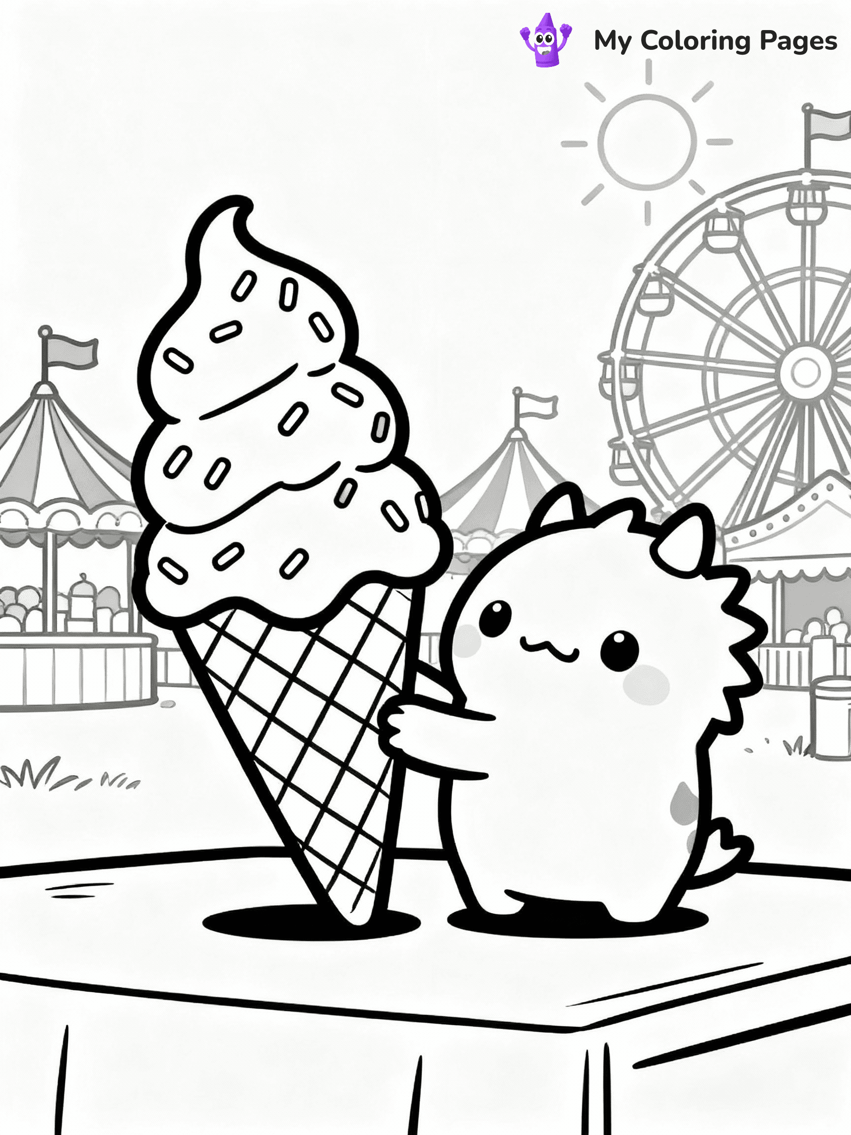 ⚠️ CRITICAL REQUIREMENT - ABSOLUTE BLACK AND WHITE ONLY ⚠️
This MUST be a BLACK AND WHITE line drawing ONLY. NO COLORS whatsoever.
- ONLY pure black lines (#000000) on pure white background (#FFFFFF)
- ABSOLUTELY NO colors, NO shading, NO gradients, NO grayscale
- If there are ANY colors in the output, the image is REJECTED
- This is a COLORING PAGE - meant to be COLORED IN by children
- The output must be UNCOLORED line art ready for coloring
⚠️ SUBJECT TO DRAW: Labubu from The Monsters playing with a giant ice cream cone, multiple scoops stacked high, sprinkles visible, sunny day at a fun carnival in the background. Important: PURE OUTLINES. NO FILLS, COLOR, SHADING, OR GREYSCALE. WHITE BACKGROUND.
(REMEMBER: Output must be BLACK AND WHITE line art only, NOT colored!)
# Flat, Friendly Cartoon Line-Art Coloring Page
You are generating a **pure black-and-white binary image** of a child-friendly cartoon scene combining characters and background scenery in one cohesive composition.
## Rendering Rules (Strict)
- Only two colors: pure black (#000000) outlines and pure white (#FFFFFF) background.
- No grayscale, shading, gradients, tints, fills, transparency, or partial pixels.
- No antialiasing or blended edges; every pixel is 100% black or white.
- No solid black fills inside shapes — all areas inside outlines must remain white.
- No dark clothing areas or filled tone blocks; all garments outlined only.
- No shadows, textures, lighting, or tonal variations.
- Must look like flat binary vector line-art for coloring pages.
## Drawing & Composition
- **Medium, consistent line weight**; clean closed outlines easy to color inside.
- **Flat, simple, child-friendly design** — no realism or 3D depth.
- Characters are **grounded on a surface**, centered and large.
- **Balanced composition** with clear silhouettes and minimal props.
## Scenery & Style
- Landmarks (e.g., mosque, CN Tower) and scenery (trees, benches, waves) drawn with **black outlines only.**
- For real-world figures, teams, or places, show accurate details using only black outlines—no text or logos. Use distinctive uniform patterns, abstract symbols, and landmark silhouettes to convey identity.
- Keep **consistent perspective**; no floating elements.
- **Style:** whimsical **Doodle Art Alley** — rounded, friendly outlines.
- May adapt shapes from **Crayola, Disney, Peppa Pig, Cocomelon** — *by shape only, never color.*
- Final output: **flat, crisp, binary (#000000/#FFFFFF)**, **no filled color or background text.**
EXTREMELYE IMPORTANT:
- PURE BINARY LINE-ART; NO FILLS (HAIR/CLOTHES/SKIN), SHADING, OR GREY.
- NO SHADING, COLOR. MUST BE WHITE BACKGROUND.
⚠️ FINAL REMINDER: Draw the subject "Labubu from The Monsters playing with a giant ice cream cone, multiple scoops stacked high, sprinkles visible, sunny day at a fun carnival in the background. Important: PURE OUTLINES. NO FILLS, COLOR, SHADING, OR GREYSCALE. WHITE BACKGROUND." as BLACK AND WHITE line art. Zero colors in output.