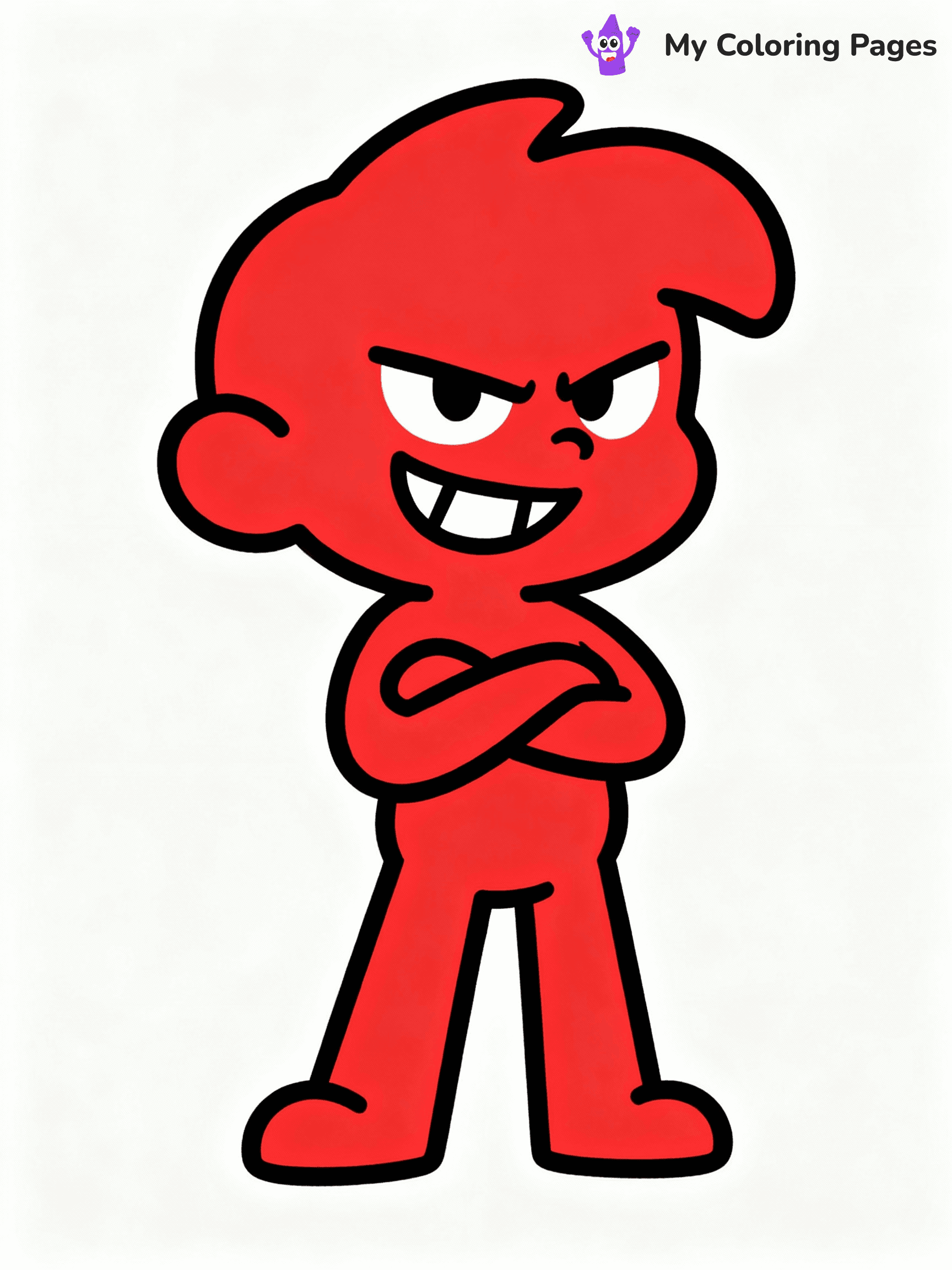 ⚠️ CRITICAL REQUIREMENT - ABSOLUTE BLACK AND WHITE ONLY ⚠️
This MUST be a BLACK AND WHITE line drawing ONLY. NO COLORS whatsoever.
- ONLY pure black lines (#000000) on pure white background (#FFFFFF)
- ABSOLUTELY NO colors, NO shading, NO gradients, NO grayscale
- If there are ANY colors in the output, the image is REJECTED
- This is a COLORING PAGE - meant to be COLORED IN by children
- The output must be UNCOLORED line art ready for coloring
⚠️ SUBJECT TO DRAW: Red from Rainbow Friends in cartoon animation style, standing confidently with arms crossed, a mischievous grin (no color. black and white only)
(REMEMBER: Output must be BLACK AND WHITE line art only, NOT colored!)
# COLORING PAGE: BLACK OUTLINES ONLY - WHITE BACKGROUND MANDATORY
Create a **coloring book page** using EXACTLY two values: black lines, white space.
## NON-NEGOTIABLE BINARY RULES
- **ONLY #000000 (black) and #FFFFFF (white)** - NO other values exist
- **EVERY PIXEL = BLACK OR WHITE** - no gray/shading/antialiasing
- **WHITE BACKGROUND MANDATORY** - entire canvas stays white
- **ALL SHAPES HOLLOW** - everything is empty outlines waiting to be colored
- **FORBIDDEN:** fills, shading, gradients, patterns, textures, colors
- **NO SOLID REGIONS** - if it's not a thin line, it's wrong
## Universal Line Standards
- Black outlines ONLY - thin, uniform weight
- Every shape completely empty inside
- Closed contours suitable for coloring
- Simple flat illustration - zero depth/3D/realism
- **Style:** Whimsical Doodle Art Alley - rounded, friendly outlines (unless specified)
## Everything = Outline Only
- Characters/animals: hollow shapes
- Objects/clothing: empty contours
- Backgrounds/scenery: line work only
- Natural elements: outlined forms
- Dark/night areas: don't exist (use outlined symbols)
- Textures/patterns: convert to simple lines
## The Test
Can a child color EVERY white space with crayons? If any area is pre-filled/shaded/gray or colored in, it FAILS. Every shape must be waiting to receive color.
**FINAL OUTPUT**: Binary coloring page. Black lines define shapes. White spaces ready for coloring. Nothing else exists. No exceptions. Print-ready.
⚠️ FINAL REMINDER: Draw the subject "Red from Rainbow Friends in cartoon animation style, standing confidently with arms crossed, a mischievous grin (no color. black and white only)" as BLACK AND WHITE line art. Zero colors in output.