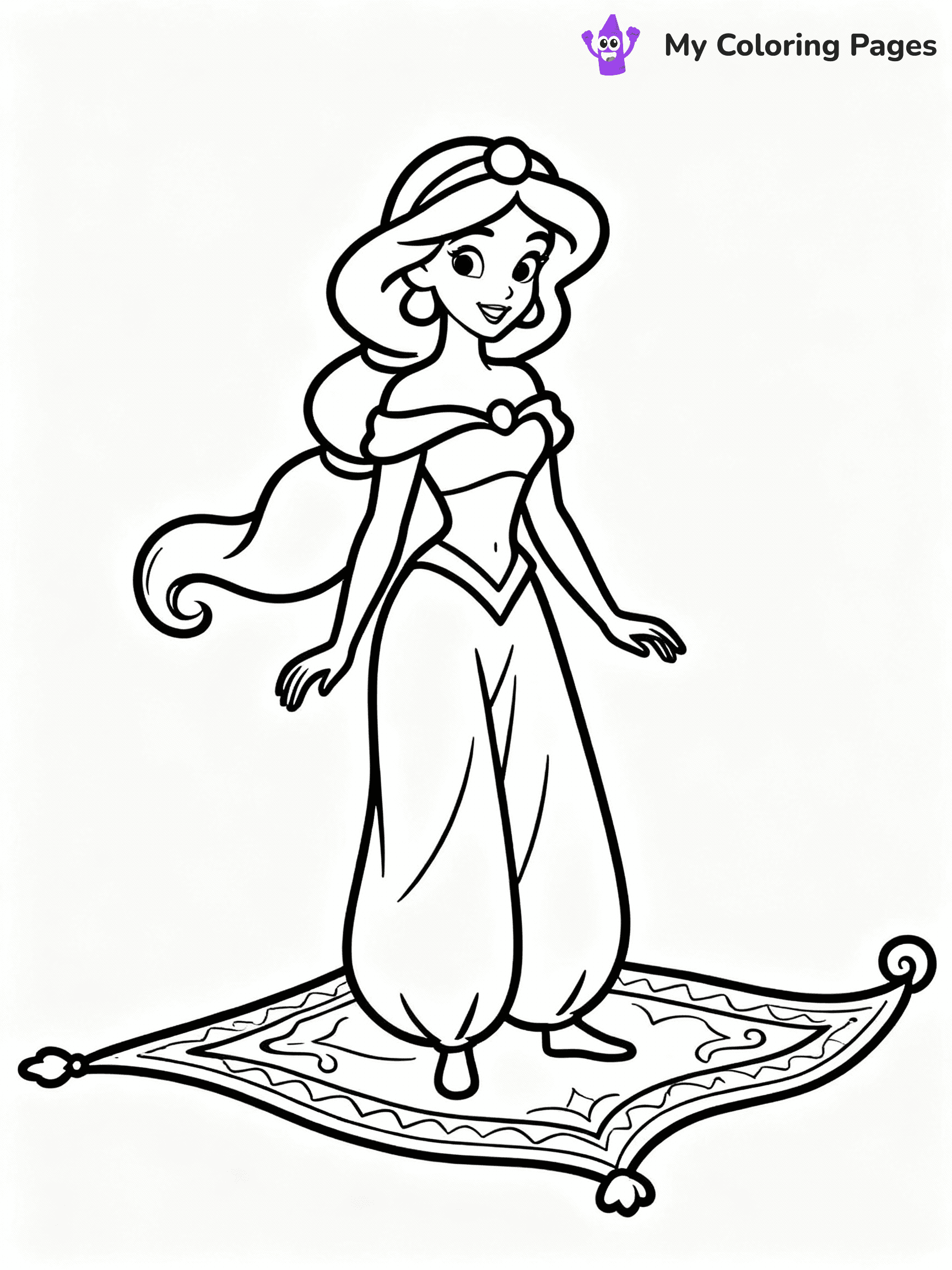 ⚠️ CRITICAL REQUIREMENT - ABSOLUTE BLACK AND WHITE ONLY ⚠️
This MUST be a BLACK AND WHITE line drawing ONLY. NO COLORS whatsoever.
- ONLY pure black lines (#000000) on pure white background (#FFFFFF)
- ABSOLUTELY NO colors, NO shading, NO gradients, NO grayscale
- If there are ANY colors in the output, the image is REJECTED
- This is a COLORING PAGE - meant to be COLORED IN by children
- The output must be UNCOLORED line art ready for coloring
⚠️ SUBJECT TO DRAW: Jasmine from Disney Princess in Disney animation style, standing by a magic carpet, flowing hair and dress
(REMEMBER: Output must be BLACK AND WHITE line art only, NOT colored!)
# COLORING PAGE: BLACK OUTLINES ONLY - WHITE BACKGROUND MANDATORY
Create a **coloring book page** using EXACTLY two values: black lines, white space.
## NON-NEGOTIABLE BINARY RULES
- **ONLY #000000 (black) and #FFFFFF (white)** - NO other values exist
- **EVERY PIXEL = BLACK OR WHITE** - no gray/shading/antialiasing
- **WHITE BACKGROUND MANDATORY** - entire canvas stays white
- **ALL SHAPES HOLLOW** - everything is empty outlines waiting to be colored
- **FORBIDDEN:** fills, shading, gradients, patterns, textures, colors
- **NO SOLID REGIONS** - if it's not a thin line, it's wrong
## Universal Line Standards
- Black outlines ONLY - thin, uniform weight
- Every shape completely empty inside
- Closed contours suitable for coloring
- Simple flat illustration - zero depth/3D/realism
- **Style:** Whimsical Doodle Art Alley - rounded, friendly outlines (unless specified)
## Everything = Outline Only
- Characters/animals: hollow shapes
- Objects/clothing: empty contours
- Backgrounds/scenery: line work only
- Natural elements: outlined forms
- Dark/night areas: don't exist (use outlined symbols)
- Textures/patterns: convert to simple lines
## The Test
Can a child color EVERY white space with crayons? If any area is pre-filled/shaded/gray or colored in, it FAILS. Every shape must be waiting to receive color.
**FINAL OUTPUT**: Binary coloring page. Black lines define shapes. White spaces ready for coloring. Nothing else exists. No exceptions. Print-ready.
⚠️ FINAL REMINDER: Draw the subject "Jasmine from Disney Princess in Disney animation style, standing by a magic carpet, flowing hair and dress" as BLACK AND WHITE line art. Zero colors in output.