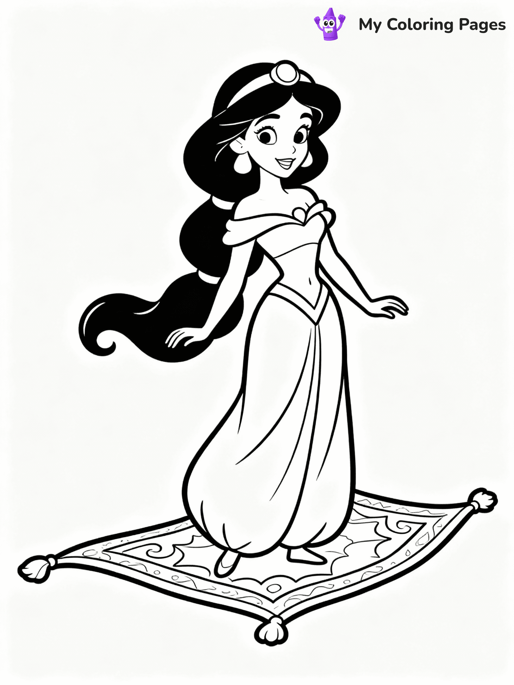 ⚠️ CRITICAL REQUIREMENT - ABSOLUTE BLACK AND WHITE ONLY ⚠️
This MUST be a BLACK AND WHITE line drawing ONLY. NO COLORS whatsoever.
- ONLY pure black lines (#000000) on pure white background (#FFFFFF)
- ABSOLUTELY NO colors, NO shading, NO gradients, NO grayscale
- If there are ANY colors in the output, the image is REJECTED
- This is a COLORING PAGE - meant to be COLORED IN by children
- The output must be UNCOLORED line art ready for coloring
⚠️ SUBJECT TO DRAW: Jasmine from Disney Princess in Disney animation style, standing by a magic carpet, flowing hair and dress
(REMEMBER: Output must be BLACK AND WHITE line art only, NOT colored!)
# COLORING PAGE: BLACK OUTLINES ONLY - WHITE BACKGROUND MANDATORY
Create a **coloring book page** using EXACTLY two values: black lines, white space.
## NON-NEGOTIABLE BINARY RULES
- **ONLY #000000 (black) and #FFFFFF (white)** - NO other values exist
- **EVERY PIXEL = BLACK OR WHITE** - no gray/shading/antialiasing
- **WHITE BACKGROUND MANDATORY** - entire canvas stays white
- **ALL SHAPES HOLLOW** - everything is empty outlines waiting to be colored
- **FORBIDDEN:** fills, shading, gradients, patterns, textures, colors
- **NO SOLID REGIONS** - if it's not a thin line, it's wrong
## Universal Line Standards
- Black outlines ONLY - thin, uniform weight
- Every shape completely empty inside
- Closed contours suitable for coloring
- Simple flat illustration - zero depth/3D/realism
- **Style:** Whimsical Doodle Art Alley - rounded, friendly outlines (unless specified)
## Everything = Outline Only
- Characters/animals: hollow shapes
- Objects/clothing: empty contours
- Backgrounds/scenery: line work only
- Natural elements: outlined forms
- Dark/night areas: don't exist (use outlined symbols)
- Textures/patterns: convert to simple lines
## The Test
Can a child color EVERY white space with crayons? If any area is pre-filled/shaded/gray or colored in, it FAILS. Every shape must be waiting to receive color.
**FINAL OUTPUT**: Binary coloring page. Black lines define shapes. White spaces ready for coloring. Nothing else exists. No exceptions. Print-ready.
⚠️ FINAL REMINDER: Draw the subject "Jasmine from Disney Princess in Disney animation style, standing by a magic carpet, flowing hair and dress" as BLACK AND WHITE line art. Zero colors in output.