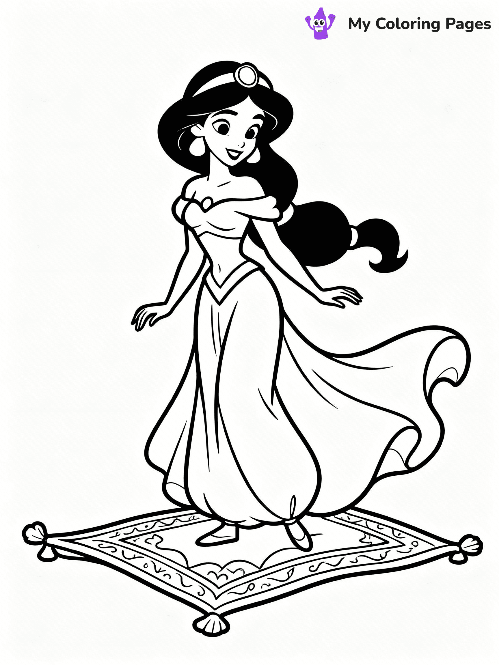 ⚠️ CRITICAL REQUIREMENT - ABSOLUTE BLACK AND WHITE ONLY ⚠️
This MUST be a BLACK AND WHITE line drawing ONLY. NO COLORS whatsoever.
- ONLY pure black lines (#000000) on pure white background (#FFFFFF)
- ABSOLUTELY NO colors, NO shading, NO gradients, NO grayscale
- If there are ANY colors in the output, the image is REJECTED
- This is a COLORING PAGE - meant to be COLORED IN by children
- The output must be UNCOLORED line art ready for coloring
⚠️ SUBJECT TO DRAW: Jasmine from Disney Princess in Disney animation style, standing by a magic carpet, flowing hair and dress
(REMEMBER: Output must be BLACK AND WHITE line art only, NOT colored!)
# COLORING PAGE: BLACK OUTLINES ONLY - WHITE BACKGROUND MANDATORY
Create a **coloring book page** using EXACTLY two values: black lines, white space.
## NON-NEGOTIABLE BINARY RULES
- **ONLY #000000 (black) and #FFFFFF (white)** - NO other values exist
- **EVERY PIXEL = BLACK OR WHITE** - no gray/shading/antialiasing
- **WHITE BACKGROUND MANDATORY** - entire canvas stays white
- **ALL SHAPES HOLLOW** - everything is empty outlines waiting to be colored
- **FORBIDDEN:** fills, shading, gradients, patterns, textures, colors
- **NO SOLID REGIONS** - if it's not a thin line, it's wrong
## Universal Line Standards
- Black outlines ONLY - thin, uniform weight
- Every shape completely empty inside
- Closed contours suitable for coloring
- Simple flat illustration - zero depth/3D/realism
- **Style:** Whimsical Doodle Art Alley - rounded, friendly outlines (unless specified)
## Everything = Outline Only
- Characters/animals: hollow shapes
- Objects/clothing: empty contours
- Backgrounds/scenery: line work only
- Natural elements: outlined forms
- Dark/night areas: don't exist (use outlined symbols)
- Textures/patterns: convert to simple lines
## The Test
Can a child color EVERY white space with crayons? If any area is pre-filled/shaded/gray or colored in, it FAILS. Every shape must be waiting to receive color.
**FINAL OUTPUT**: Binary coloring page. Black lines define shapes. White spaces ready for coloring. Nothing else exists. No exceptions. Print-ready.
⚠️ FINAL REMINDER: Draw the subject "Jasmine from Disney Princess in Disney animation style, standing by a magic carpet, flowing hair and dress" as BLACK AND WHITE line art. Zero colors in output.