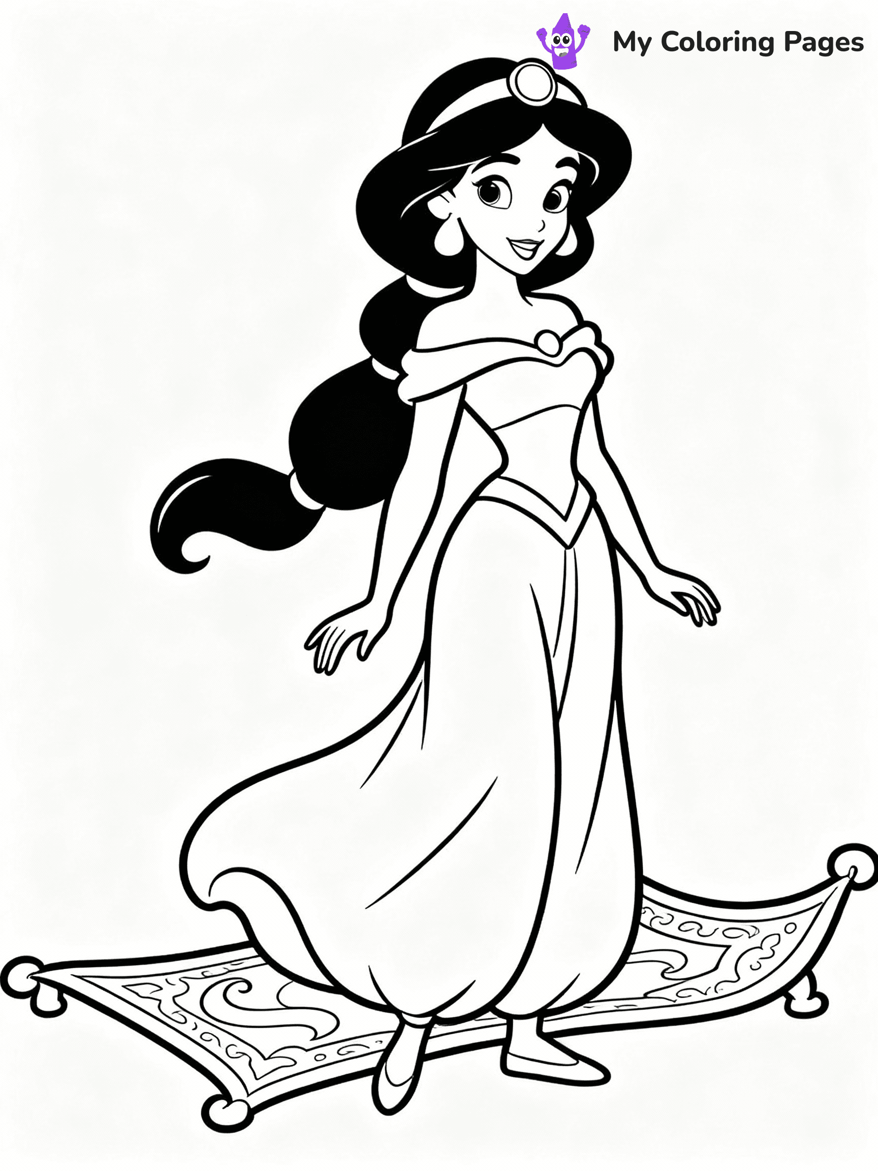 ⚠️ CRITICAL REQUIREMENT - ABSOLUTE BLACK AND WHITE ONLY ⚠️
This MUST be a BLACK AND WHITE line drawing ONLY. NO COLORS whatsoever.
- ONLY pure black lines (#000000) on pure white background (#FFFFFF)
- ABSOLUTELY NO colors, NO shading, NO gradients, NO grayscale
- If there are ANY colors in the output, the image is REJECTED
- This is a COLORING PAGE - meant to be COLORED IN by children
- The output must be UNCOLORED line art ready for coloring
⚠️ SUBJECT TO DRAW: Jasmine from Disney Princess in Disney animation style, standing by a magic carpet, flowing hair and dress
(REMEMBER: Output must be BLACK AND WHITE line art only, NOT colored!)
# COLORING PAGE: BLACK OUTLINES ONLY - WHITE BACKGROUND MANDATORY
Create a **coloring book page** using EXACTLY two values: black lines, white space.
## NON-NEGOTIABLE BINARY RULES
- **ONLY #000000 (black) and #FFFFFF (white)** - NO other values exist
- **EVERY PIXEL = BLACK OR WHITE** - no gray/shading/antialiasing
- **WHITE BACKGROUND MANDATORY** - entire canvas stays white
- **ALL SHAPES HOLLOW** - everything is empty outlines waiting to be colored
- **FORBIDDEN:** fills, shading, gradients, patterns, textures, colors
- **NO SOLID REGIONS** - if it's not a thin line, it's wrong
## Universal Line Standards
- Black outlines ONLY - thin, uniform weight
- Every shape completely empty inside
- Closed contours suitable for coloring
- Simple flat illustration - zero depth/3D/realism
- **Style:** Whimsical Doodle Art Alley - rounded, friendly outlines (unless specified)
## Everything = Outline Only
- Characters/animals: hollow shapes
- Objects/clothing: empty contours
- Backgrounds/scenery: line work only
- Natural elements: outlined forms
- Dark/night areas: don't exist (use outlined symbols)
- Textures/patterns: convert to simple lines
## The Test
Can a child color EVERY white space with crayons? If any area is pre-filled/shaded/gray or colored in, it FAILS. Every shape must be waiting to receive color.
**FINAL OUTPUT**: Binary coloring page. Black lines define shapes. White spaces ready for coloring. Nothing else exists. No exceptions. Print-ready.
⚠️ FINAL REMINDER: Draw the subject "Jasmine from Disney Princess in Disney animation style, standing by a magic carpet, flowing hair and dress" as BLACK AND WHITE line art. Zero colors in output.