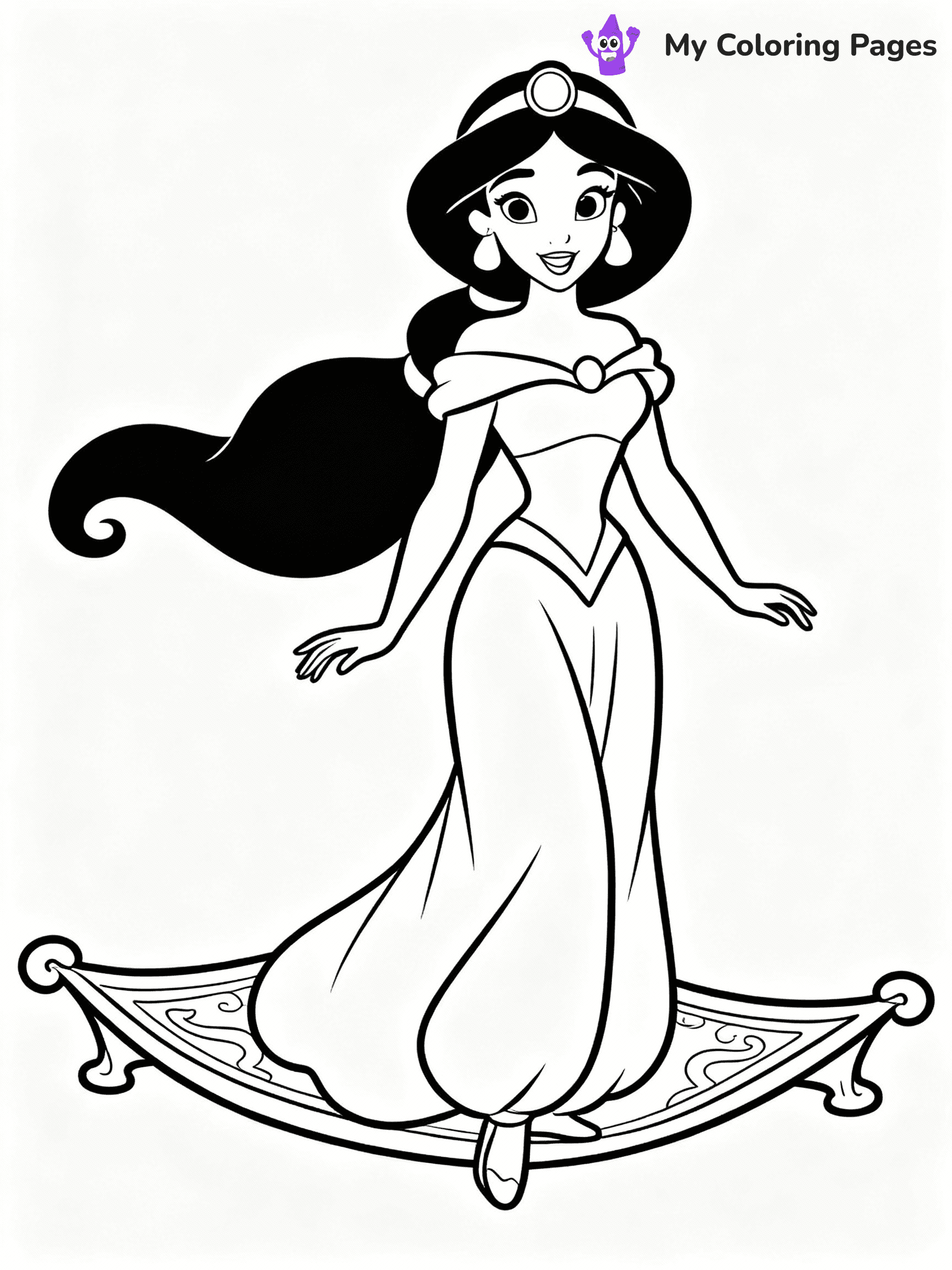 ⚠️ CRITICAL REQUIREMENT - ABSOLUTE BLACK AND WHITE ONLY ⚠️
This MUST be a BLACK AND WHITE line drawing ONLY. NO COLORS whatsoever.
- ONLY pure black lines (#000000) on pure white background (#FFFFFF)
- ABSOLUTELY NO colors, NO shading, NO gradients, NO grayscale
- If there are ANY colors in the output, the image is REJECTED
- This is a COLORING PAGE - meant to be COLORED IN by children
- The output must be UNCOLORED line art ready for coloring
⚠️ SUBJECT TO DRAW: Jasmine from Disney Princess in Disney animation style, standing by a magic carpet, flowing hair and dress
(REMEMBER: Output must be BLACK AND WHITE line art only, NOT colored!)
# COLORING PAGE: BLACK OUTLINES ONLY - WHITE BACKGROUND MANDATORY
Create a **coloring book page** using EXACTLY two values: black lines, white space.
## NON-NEGOTIABLE BINARY RULES
- **ONLY #000000 (black) and #FFFFFF (white)** - NO other values exist
- **EVERY PIXEL = BLACK OR WHITE** - no gray/shading/antialiasing
- **WHITE BACKGROUND MANDATORY** - entire canvas stays white
- **ALL SHAPES HOLLOW** - everything is empty outlines waiting to be colored
- **FORBIDDEN:** fills, shading, gradients, patterns, textures, colors
- **NO SOLID REGIONS** - if it's not a thin line, it's wrong
## Universal Line Standards
- Black outlines ONLY - thin, uniform weight
- Every shape completely empty inside
- Closed contours suitable for coloring
- Simple flat illustration - zero depth/3D/realism
- **Style:** Whimsical Doodle Art Alley - rounded, friendly outlines (unless specified)
## Everything = Outline Only
- Characters/animals: hollow shapes
- Objects/clothing: empty contours
- Backgrounds/scenery: line work only
- Natural elements: outlined forms
- Dark/night areas: don't exist (use outlined symbols)
- Textures/patterns: convert to simple lines
## The Test
Can a child color EVERY white space with crayons? If any area is pre-filled/shaded/gray or colored in, it FAILS. Every shape must be waiting to receive color.
**FINAL OUTPUT**: Binary coloring page. Black lines define shapes. White spaces ready for coloring. Nothing else exists. No exceptions. Print-ready.
⚠️ FINAL REMINDER: Draw the subject "Jasmine from Disney Princess in Disney animation style, standing by a magic carpet, flowing hair and dress" as BLACK AND WHITE line art. Zero colors in output.