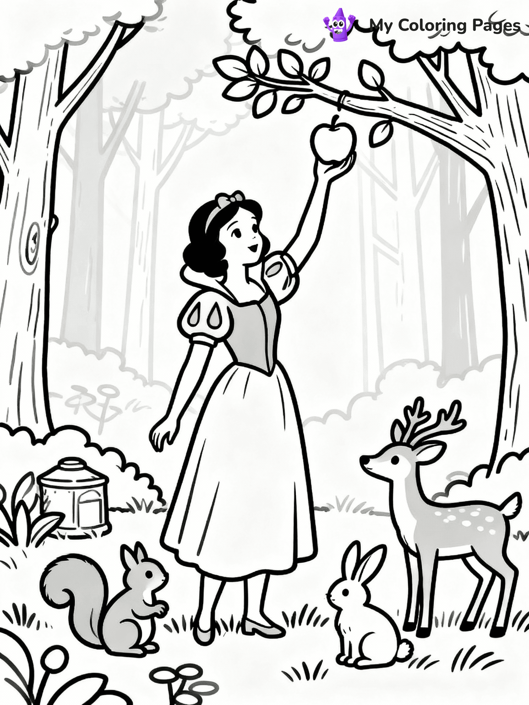 ⚠️ CRITICAL REQUIREMENT - ABSOLUTE BLACK AND WHITE ONLY ⚠️
This MUST be a BLACK AND WHITE line drawing ONLY. NO COLORS whatsoever.
- ONLY pure black lines (#000000) on pure white background (#FFFFFF)
- ABSOLUTELY NO colors, NO shading, NO gradients, NO grayscale
- If there are ANY colors in the output, the image is REJECTED
- This is a COLORING PAGE - meant to be COLORED IN by children
- The output must be UNCOLORED line art ready for coloring
⚠️ SUBJECT TO DRAW: Snow White, picking apples, surrounded by woodland creatures
(REMEMBER: Output must be BLACK AND WHITE line art only, NOT colored!)
# COLORING PAGE: BLACK OUTLINES ONLY - WHITE BACKGROUND MANDATORY
Create a **coloring book page** using EXACTLY two values: black lines, white space.
## NON-NEGOTIABLE BINARY RULES
- **ONLY #000000 (black) and #FFFFFF (white)** - NO other values exist
- **EVERY PIXEL = BLACK OR WHITE** - no gray/shading/antialiasing
- **WHITE BACKGROUND MANDATORY** - entire canvas stays white
- **ALL SHAPES HOLLOW** - everything is empty outlines waiting to be colored
- **FORBIDDEN:** fills, shading, gradients, patterns, textures, colors
- **NO SOLID REGIONS** - if it's not a thin line, it's wrong
## Universal Line Standards
- Black outlines ONLY - thin, uniform weight
- Every shape completely empty inside
- Closed contours suitable for coloring
- Simple flat illustration - zero depth/3D/realism
- **Style:** Whimsical Doodle Art Alley - rounded, friendly outlines (unless specified)
## Everything = Outline Only
- Characters/animals: hollow shapes
- Objects/clothing: empty contours
- Backgrounds/scenery: line work only
- Natural elements: outlined forms
- Dark/night areas: don't exist (use outlined symbols)
- Textures/patterns: convert to simple lines
## The Test
Can a child color EVERY white space with crayons? If any area is pre-filled/shaded/gray or colored in, it FAILS. Every shape must be waiting to receive color.
**FINAL OUTPUT**: Binary coloring page. Black lines define shapes. White spaces ready for coloring. Nothing else exists. No exceptions. Print-ready.
⚠️ FINAL REMINDER: Draw the subject "Snow White, picking apples, surrounded by woodland creatures" as BLACK AND WHITE line art. Zero colors in output.