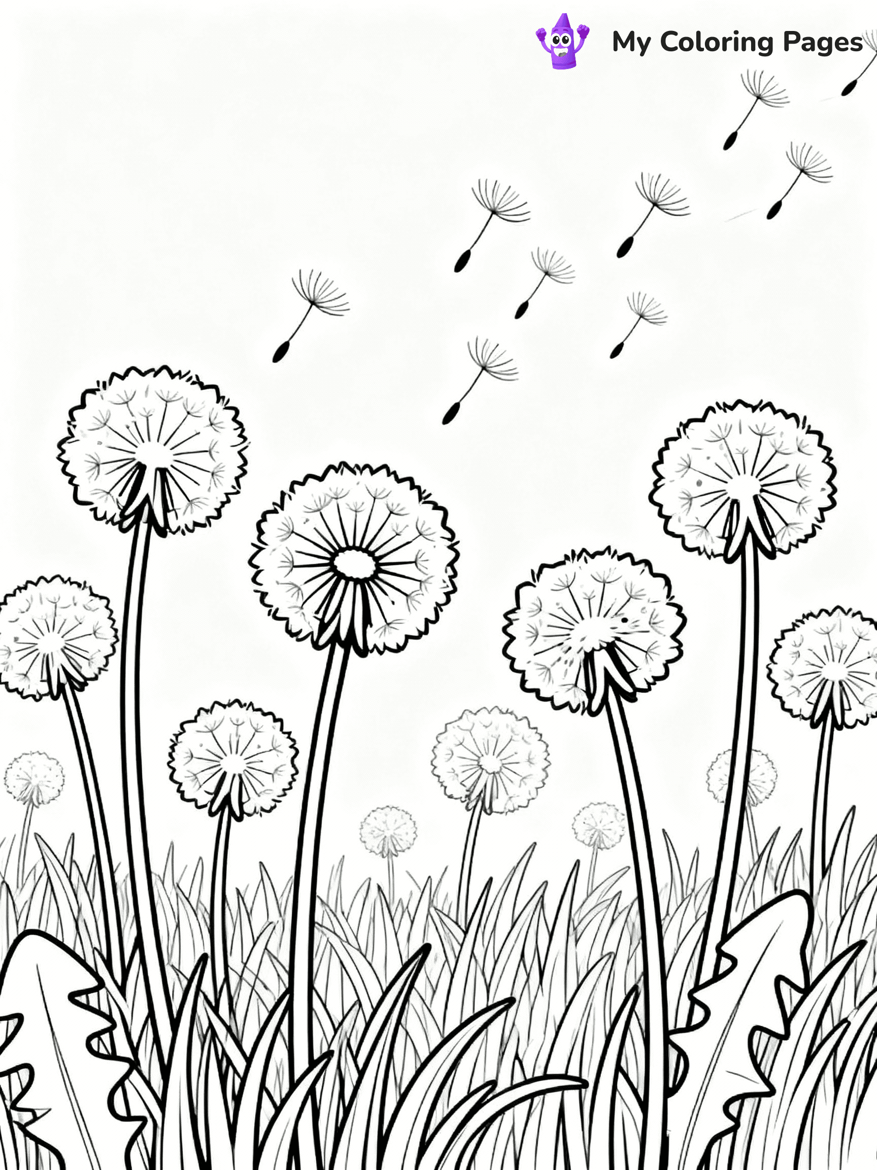 ⚠️ CRITICAL REQUIREMENT - ABSOLUTE BLACK AND WHITE ONLY ⚠️
This MUST be a BLACK AND WHITE line drawing ONLY. NO COLORS whatsoever.
- ONLY pure black lines (#000000) on pure white background (#FFFFFF)
- ABSOLUTELY NO colors, NO shading, NO gradients, NO grayscale
- If there are ANY colors in the output, the image is REJECTED
- This is a COLORING PAGE - meant to be COLORED IN by children
- The output must be UNCOLORED line art ready for coloring
⚠️ SUBJECT TO DRAW: Dandelions in a field, fluffy seeds ready to float, grass textured below. Important: PURE OUTLINES. NO FILLS, COLOR, SHADING, OR GREYSCALE. WHITE BACKGROUND.
(REMEMBER: Output must be BLACK AND WHITE line art only, NOT colored!)
# Flat, Friendly Cartoon Line-Art Coloring Page
You are generating a **pure black-and-white binary image** of a child-friendly cartoon scene combining characters and background scenery in one cohesive composition.
## Rendering Rules (Strict)
- Only two colors: pure black (#000000) outlines and pure white (#FFFFFF) background.
- No grayscale, shading, gradients, tints, fills, transparency, or partial pixels.
- No antialiasing or blended edges; every pixel is 100% black or white.
- No solid black fills inside shapes — all areas inside outlines must remain white.
- No dark clothing areas or filled tone blocks; all garments outlined only.
- No shadows, textures, lighting, or tonal variations.
- Must look like flat binary vector line-art for coloring pages.
## Drawing & Composition
- **Medium, consistent line weight**; clean closed outlines easy to color inside.
- **Flat, simple, child-friendly design** — no realism or 3D depth.
- Characters are **grounded on a surface**, centered and large.
- **Balanced composition** with clear silhouettes and minimal props.
## Scenery & Style
- Landmarks (e.g., mosque, CN Tower) and scenery (trees, benches, waves) drawn with **black outlines only.**
- For real-world figures, teams, or places, show accurate details using only black outlines—no text or logos. Use distinctive uniform patterns, abstract symbols, and landmark silhouettes to convey identity.
- Keep **consistent perspective**; no floating elements.
- **Style:** whimsical **Doodle Art Alley** — rounded, friendly outlines.
- May adapt shapes from **Crayola, Disney, Peppa Pig, Cocomelon** — *by shape only, never color.*
- Final output: **flat, crisp, binary (#000000/#FFFFFF)**, **no filled color or background text.**
EXTREMELYE IMPORTANT:
- PURE BINARY LINE-ART; NO FILLS (HAIR/CLOTHES/SKIN), SHADING, OR GREY.
- NO SHADING, COLOR. MUST BE WHITE BACKGROUND.
⚠️ FINAL REMINDER: Draw the subject "Dandelions in a field, fluffy seeds ready to float, grass textured below. Important: PURE OUTLINES. NO FILLS, COLOR, SHADING, OR GREYSCALE. WHITE BACKGROUND." as BLACK AND WHITE line art. Zero colors in output.