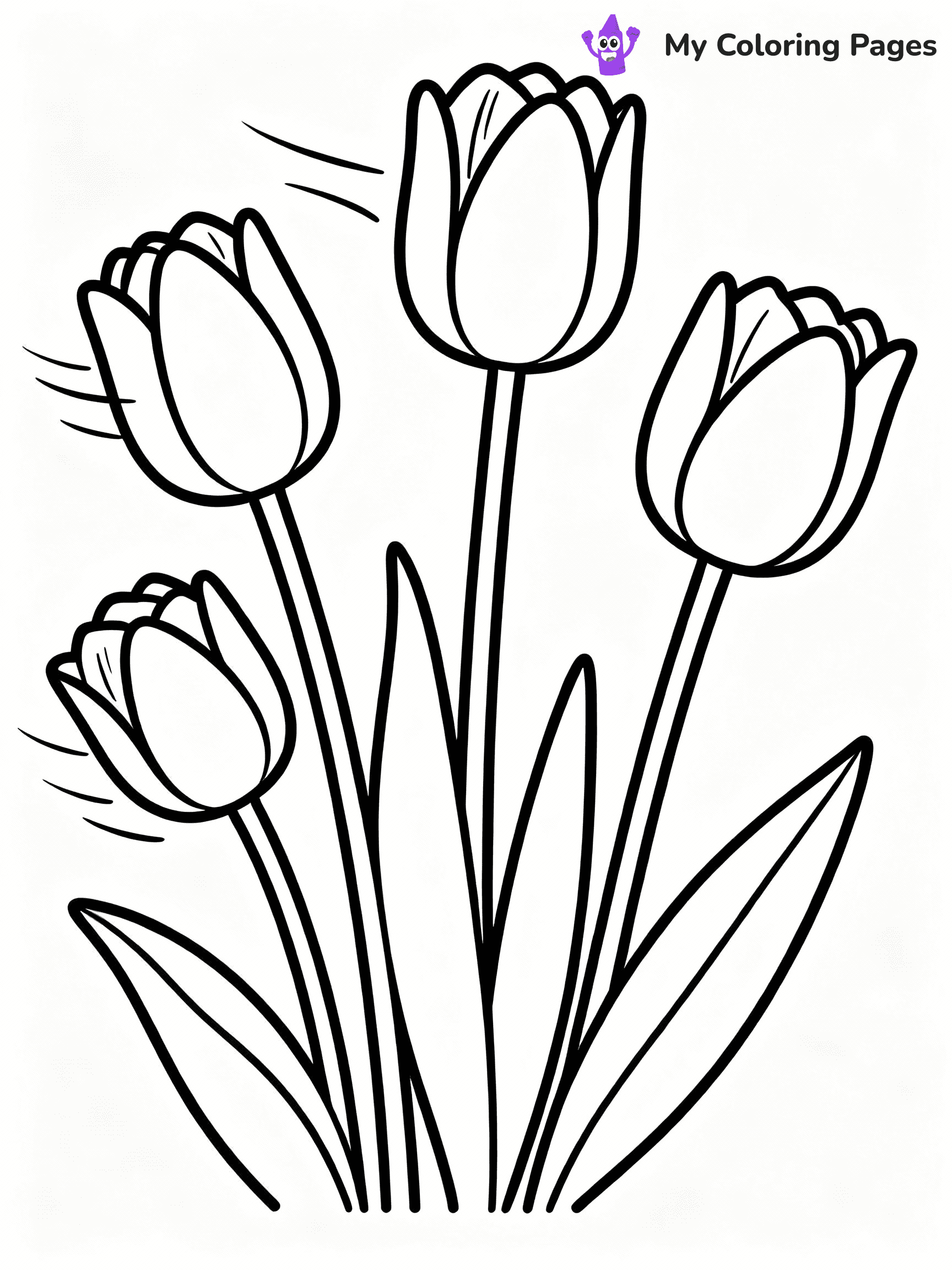 ⚠️ CRITICAL REQUIREMENT - ABSOLUTE BLACK AND WHITE ONLY ⚠️
This MUST be a BLACK AND WHITE line drawing ONLY. NO COLORS whatsoever.
- ONLY pure black lines (#000000) on pure white background (#FFFFFF)
- ABSOLUTELY NO colors, NO shading, NO gradients, NO grayscale
- If there are ANY colors in the output, the image is REJECTED
- This is a COLORING PAGE - meant to be COLORED IN by children
- The output must be UNCOLORED line art ready for coloring
⚠️ SUBJECT TO DRAW: Tulips swaying in the breeze, tall stems and distinct petals arranged. Important: PURE OUTLINES. NO FILLS, COLOR, SHADING, OR GREYSCALE. WHITE BACKGROUND.
(REMEMBER: Output must be BLACK AND WHITE line art only, NOT colored!)
# Flat, Friendly Cartoon Line-Art Coloring Page
You are generating a **pure black-and-white binary image** of a child-friendly cartoon scene combining characters and background scenery in one cohesive composition.
## Rendering Rules (Strict)
- Only two colors: pure black (#000000) outlines and pure white (#FFFFFF) background.
- No grayscale, shading, gradients, tints, fills, transparency, or partial pixels.
- No antialiasing or blended edges; every pixel is 100% black or white.
- No solid black fills inside shapes — all areas inside outlines must remain white.
- No dark clothing areas or filled tone blocks; all garments outlined only.
- No shadows, textures, lighting, or tonal variations.
- Must look like flat binary vector line-art for coloring pages.
## Drawing & Composition
- **Medium, consistent line weight**; clean closed outlines easy to color inside.
- **Flat, simple, child-friendly design** — no realism or 3D depth.
- Characters are **grounded on a surface**, centered and large.
- **Balanced composition** with clear silhouettes and minimal props.
## Scenery & Style
- Landmarks (e.g., mosque, CN Tower) and scenery (trees, benches, waves) drawn with **black outlines only.**
- For real-world figures, teams, or places, show accurate details using only black outlines—no text or logos. Use distinctive uniform patterns, abstract symbols, and landmark silhouettes to convey identity.
- Keep **consistent perspective**; no floating elements.
- **Style:** whimsical **Doodle Art Alley** — rounded, friendly outlines.
- May adapt shapes from **Crayola, Disney, Peppa Pig, Cocomelon** — *by shape only, never color.*
- Final output: **flat, crisp, binary (#000000/#FFFFFF)**, **no filled color or background text.**
EXTREMELYE IMPORTANT:
- PURE BINARY LINE-ART; NO FILLS (HAIR/CLOTHES/SKIN), SHADING, OR GREY.
- NO SHADING, COLOR. MUST BE WHITE BACKGROUND.
⚠️ FINAL REMINDER: Draw the subject "Tulips swaying in the breeze, tall stems and distinct petals arranged. Important: PURE OUTLINES. NO FILLS, COLOR, SHADING, OR GREYSCALE. WHITE BACKGROUND." as BLACK AND WHITE line art. Zero colors in output.
