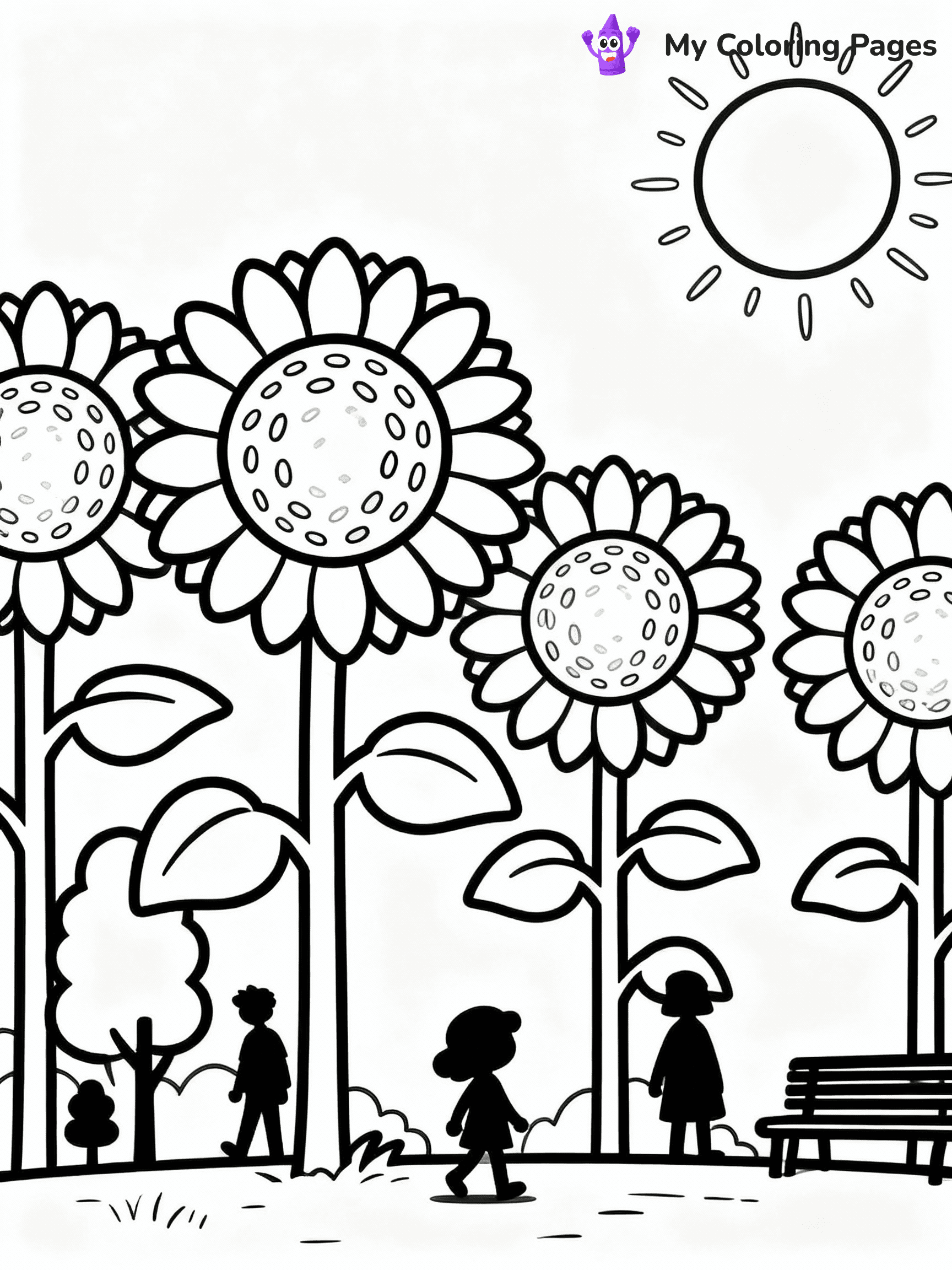 ⚠️ CRITICAL REQUIREMENT - ABSOLUTE BLACK AND WHITE ONLY ⚠️
This MUST be a BLACK AND WHITE line drawing ONLY. NO COLORS whatsoever.
- ONLY pure black lines (#000000) on pure white background (#FFFFFF)
- ABSOLUTELY NO colors, NO shading, NO gradients, NO grayscale
- If there are ANY colors in the output, the image is REJECTED
- This is a COLORING PAGE - meant to be COLORED IN by children
- The output must be UNCOLORED line art ready for coloring
⚠️ SUBJECT TO DRAW: Sunflowers facing the sun, large round centers and textured seeds. Important: PURE OUTLINES. NO FILLS, COLOR, SHADING, OR GREYSCALE. WHITE BACKGROUND.
(REMEMBER: Output must be BLACK AND WHITE line art only, NOT colored!)
# Flat, Friendly Cartoon Line-Art Coloring Page
You are generating a **pure black-and-white binary image** of a child-friendly cartoon scene combining characters and background scenery in one cohesive composition.
## Rendering Rules (Strict)
- Only two colors: pure black (#000000) outlines and pure white (#FFFFFF) background.
- No grayscale, shading, gradients, tints, fills, transparency, or partial pixels.
- No antialiasing or blended edges; every pixel is 100% black or white.
- No solid black fills inside shapes — all areas inside outlines must remain white.
- No dark clothing areas or filled tone blocks; all garments outlined only.
- No shadows, textures, lighting, or tonal variations.
- Must look like flat binary vector line-art for coloring pages.
## Drawing & Composition
- **Medium, consistent line weight**; clean closed outlines easy to color inside.
- **Flat, simple, child-friendly design** — no realism or 3D depth.
- Characters are **grounded on a surface**, centered and large.
- **Balanced composition** with clear silhouettes and minimal props.
## Scenery & Style
- Landmarks (e.g., mosque, CN Tower) and scenery (trees, benches, waves) drawn with **black outlines only.**
- For real-world figures, teams, or places, show accurate details using only black outlines—no text or logos. Use distinctive uniform patterns, abstract symbols, and landmark silhouettes to convey identity.
- Keep **consistent perspective**; no floating elements.
- **Style:** whimsical **Doodle Art Alley** — rounded, friendly outlines.
- May adapt shapes from **Crayola, Disney, Peppa Pig, Cocomelon** — *by shape only, never color.*
- Final output: **flat, crisp, binary (#000000/#FFFFFF)**, **no filled color or background text.**
EXTREMELYE IMPORTANT:
- PURE BINARY LINE-ART; NO FILLS (HAIR/CLOTHES/SKIN), SHADING, OR GREY.
- NO SHADING, COLOR. MUST BE WHITE BACKGROUND.
⚠️ FINAL REMINDER: Draw the subject "Sunflowers facing the sun, large round centers and textured seeds. Important: PURE OUTLINES. NO FILLS, COLOR, SHADING, OR GREYSCALE. WHITE BACKGROUND." as BLACK AND WHITE line art. Zero colors in output.