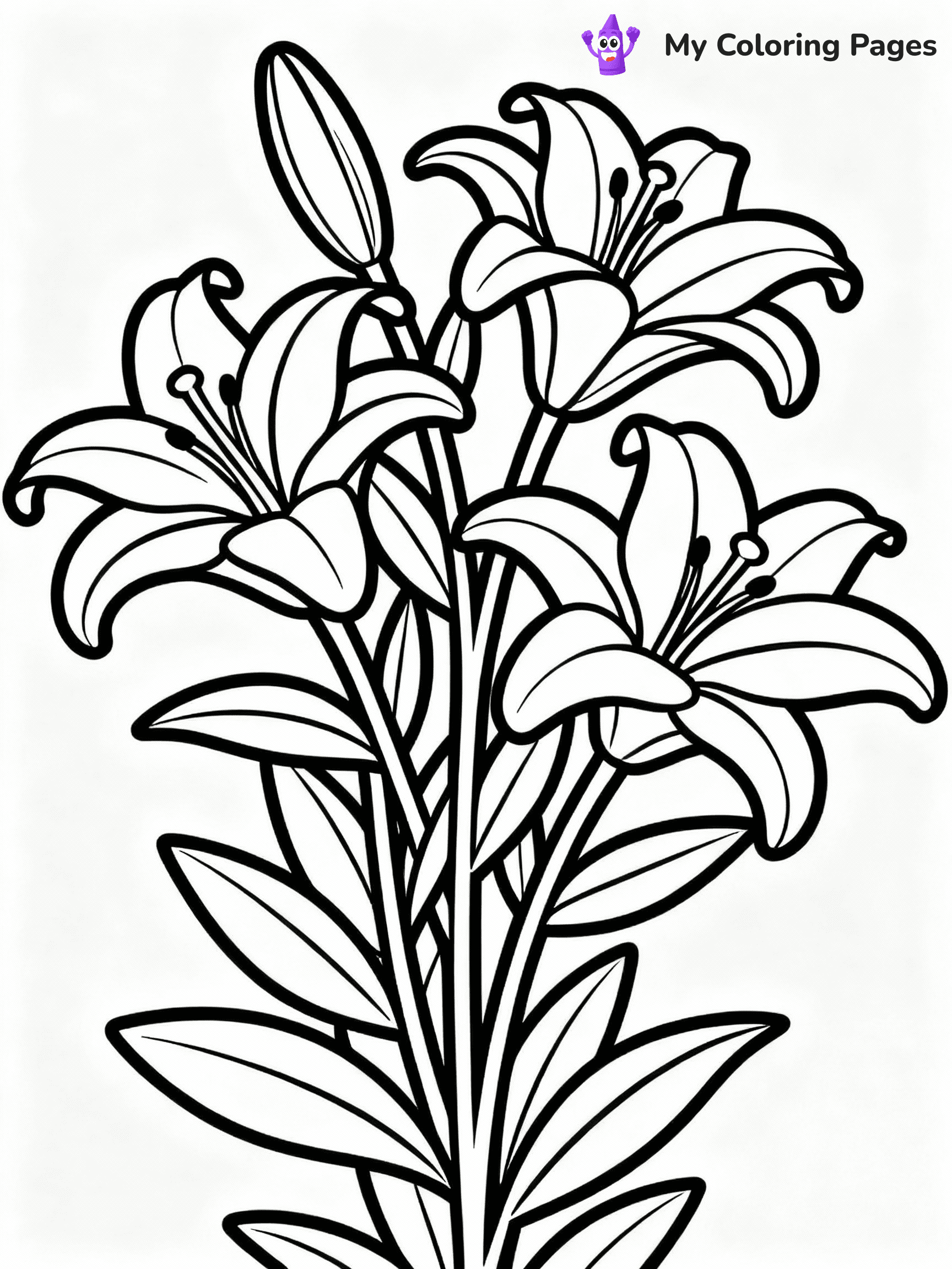 ⚠️ CRITICAL REQUIREMENT - ABSOLUTE BLACK AND WHITE ONLY ⚠️
This MUST be a BLACK AND WHITE line drawing ONLY. NO COLORS whatsoever.
- ONLY pure black lines (#000000) on pure white background (#FFFFFF)
- ABSOLUTELY NO colors, NO shading, NO gradients, NO grayscale
- If there are ANY colors in the output, the image is REJECTED
- This is a COLORING PAGE - meant to be COLORED IN by children
- The output must be UNCOLORED line art ready for coloring
⚠️ SUBJECT TO DRAW: Lilies in bloom, elegant petals unfolding, with leaves surrounding the base. Important: PURE OUTLINES. NO FILLS, COLOR, SHADING, OR GREYSCALE. WHITE BACKGROUND.
(REMEMBER: Output must be BLACK AND WHITE line art only, NOT colored!)
# Flat, Friendly Cartoon Line-Art Coloring Page
You are generating a **pure black-and-white binary image** of a child-friendly cartoon scene combining characters and background scenery in one cohesive composition.
## Rendering Rules (Strict)
- Only two colors: pure black (#000000) outlines and pure white (#FFFFFF) background.
- No grayscale, shading, gradients, tints, fills, transparency, or partial pixels.
- No antialiasing or blended edges; every pixel is 100% black or white.
- No solid black fills inside shapes — all areas inside outlines must remain white.
- No dark clothing areas or filled tone blocks; all garments outlined only.
- No shadows, textures, lighting, or tonal variations.
- Must look like flat binary vector line-art for coloring pages.
## Drawing & Composition
- **Medium, consistent line weight**; clean closed outlines easy to color inside.
- **Flat, simple, child-friendly design** — no realism or 3D depth.
- Characters are **grounded on a surface**, centered and large.
- **Balanced composition** with clear silhouettes and minimal props.
## Scenery & Style
- Landmarks (e.g., mosque, CN Tower) and scenery (trees, benches, waves) drawn with **black outlines only.**
- For real-world figures, teams, or places, show accurate details using only black outlines—no text or logos. Use distinctive uniform patterns, abstract symbols, and landmark silhouettes to convey identity.
- Keep **consistent perspective**; no floating elements.
- **Style:** whimsical **Doodle Art Alley** — rounded, friendly outlines.
- May adapt shapes from **Crayola, Disney, Peppa Pig, Cocomelon** — *by shape only, never color.*
- Final output: **flat, crisp, binary (#000000/#FFFFFF)**, **no filled color or background text.**
EXTREMELYE IMPORTANT:
- PURE BINARY LINE-ART; NO FILLS (HAIR/CLOTHES/SKIN), SHADING, OR GREY.
- NO SHADING, COLOR. MUST BE WHITE BACKGROUND.
⚠️ FINAL REMINDER: Draw the subject "Lilies in bloom, elegant petals unfolding, with leaves surrounding the base. Important: PURE OUTLINES. NO FILLS, COLOR, SHADING, OR GREYSCALE. WHITE BACKGROUND." as BLACK AND WHITE line art. Zero colors in output.